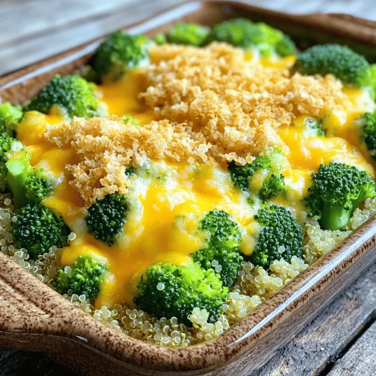 This dish makes a warm meal that’s easy to pack. Here are the key ingredients you need: - 1 cup quinoa, rinsed - 2 cups vegetable broth - 2 cups broccoli florets, steamed - 1 cup sharp cheddar cheese, shredded - 1/2 cup cream cheese, softened - 1/4 cup Parmesan cheese, grated - 1 teaspoon garlic powder - 1 teaspoon onion powder - Salt and pepper to taste - 1 tablespoon olive oil - 1/4 cup breadcrumbs (optional for topping) These ingredients blend well to create a creamy, cheesy flavor. The quinoa serves as a healthy base, while the cheeses add richness. Broccoli brings color and nutrients. This dish is packed with benefits. Quinoa is a complete protein, meaning it has all nine essential amino acids. It's also high in fiber, which aids digestion. Broccoli adds vitamins C and K, plus antioxidants. The cheeses provide calcium and protein. You can customize this recipe easily. Use brown rice or farro if you don’t have quinoa. For a vegan version, swap cheese for dairy-free alternatives. Add cooked chicken, beans, or nuts for more protein. Fresh herbs like parsley or basil can boost flavor, too. For complete preparation details, check the Full Recipe. Start by preheating your oven to 375°F (190°C). Rinse 1 cup of quinoa under cold water. This removes any bitter taste. In a medium saucepan, combine the rinsed quinoa and 2 cups of vegetable broth. Bring it to a boil. Then, lower the heat and cover. Let it simmer for about 15 minutes. The quinoa should be fluffy and the broth absorbed. Meanwhile, steam 2 cups of broccoli florets until they are bright green and tender. In a large mixing bowl, combine the cooked quinoa, steamed broccoli, and cheeses: 1 cup of sharp cheddar, 1/2 cup of cream cheese, and 1/4 cup of grated Parmesan. Stir well until the cheeses melt into the mixture. Now add garlic powder, onion powder, salt, and pepper to your taste. Drizzle in 1 tablespoon of olive oil and mix everything together. Grease a 9x9-inch baking dish and transfer the mixture into it. If you want some crunch, sprinkle 1/4 cup of breadcrumbs on top. Place the dish in your preheated oven. Bake for 20 to 25 minutes. You want the top to be golden and bubbly. Once done, let it cool for a few minutes. This cooling time helps when packing it into your thermos. For the best texture, bake right after mixing. If you let it sit too long, the quinoa can absorb more moisture. This may make it too dry. If you want to prepare ahead, you can assemble the dish and cover it. Bake it the next day for fresh and warm lunch. A fresh bake ensures a creamy, cheesy texture that holds well in a thermos. For the full recipe, you can refer back to the ingredients and steps shared above. Enjoy your delicious, thermos-ready meal! To keep your lunch hot, start with a warm thermos. Pour hot water into it for a few minutes. This preheating step helps maintain the heat of your food. After a few minutes, dump the water and fill the thermos with your meal. Foods like the Cheesy Broccoli Quinoa Bake stay warm for hours. Seal the lid tightly to trap heat. If you want extra warmth, use a thermos designed for soup. These usually have better insulation. Meal prepping is a great way to save time. You can prepare several servings of Cheesy Broccoli Quinoa Bake at once. Store them in separate containers. Each morning, grab a container, pack it in your thermos, and you are set for lunch. This method helps you avoid cooking every day. Choose one day each week to cook. Focus on simple recipes that reheat well. You can always mix in different veggies or proteins for variety. One common mistake is not cooking quinoa enough. Always rinse it well to remove bitterness. Also, don’t skip preheating your thermos. If you pack cold food, it will not stay warm. Another mistake is overcooking the broccoli. You want it tender but not mushy. Lastly, avoid packing too much food. Leave some space in the thermos for air. This will help keep your meal hot and fresh. {{image_2}} You can easily change the taste of your Cheesy Broccoli Quinoa Bake. Try adding different veggies like bell peppers, spinach, or peas. You can also mix in cooked chicken or turkey for protein. If you love spice, add diced jalapeños or a pinch of red pepper flakes. These simple changes make the dish unique every time. For a vegetarian twist, keep the cheese but swap cream cheese for a vegan version. You can also use nutritional yeast instead of cheese for a cheesy flavor. If you want a vegan dish, replace dairy cheese with plant-based options. Use almond or soy milk to keep it creamy. These swaps keep your meal tasty and plant-based. Don't stop at the Cheesy Broccoli Quinoa Bake! Other great options include chili, vegetable soup, or pasta with sauce. You can also pack rice with black beans and salsa. Each recipe fits well in a thermos and stays hot. Explore these ideas to give your lunches variety. For the full recipe, you can check the Cheesy Broccoli Quinoa Bake. To keep your Cheesy Broccoli Quinoa Bake fresh, use an airtight container. Let it cool first before sealing. Store in the fridge for up to three days. For best taste, eat it within two days. When you pack it into a thermos, fill it while it’s still warm. This helps keep your meal hot longer. You can freeze the Cheesy Broccoli Quinoa Bake for later use. Cut it into single servings. Wrap each piece tightly in plastic wrap, then place in a freezer bag. This method helps prevent freezer burn. When you’re ready to eat, thaw it in the fridge overnight. Reheat in the oven or microwave until hot. If using a microwave, cover it to keep moisture in. In the fridge, your Cheesy Broccoli Quinoa Bake lasts about three days. Check for any signs of spoilage, like off smells or mold. If it looks or smells strange, it’s best to toss it. Always prioritize food safety! Yes, you can make this recipe ahead of time. Prepare the Cheesy Broccoli Quinoa Bake the night before. Let it cool, then pack it in a thermos. This way, you save time in the morning. It tastes great even after a day in the fridge. Absolutely! You can switch cheeses based on your taste. Try mozzarella, gouda, or even vegan cheese. Each cheese brings a unique flavor. Just make sure it melts well for the best results. You can pack many delicious meals in a thermos. Consider soups, stews, or pasta dishes. Stir-fries and rice bowls also work well. Just ensure they stay hot and flavorful. For more ideas, check out the Full Recipe for Cheesy Broccoli Quinoa Bake. This blog post covered everything you need to make a tasty Cheesy Broccoli Quinoa Bake. You learned about essential ingredients, cooking steps, and tips for success. I shared fun variations and storage tips to keep your meals fresh. Remember, meal prep can make your week easier. Avoiding common mistakes ensures your dish shines. Enjoy the process and get creative with your lunch options. Your healthy meals can be simple and delicious!