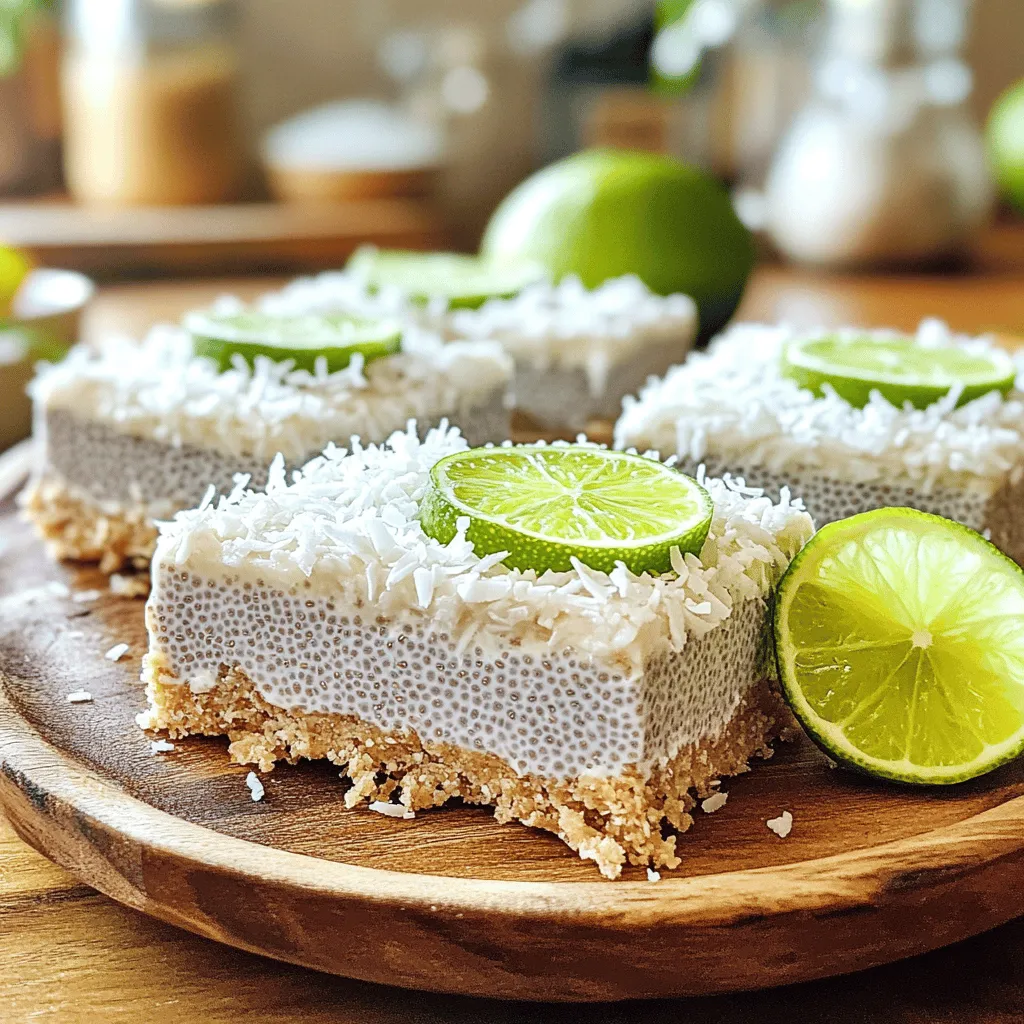 - 1 cup coconut milk (canned, full-fat) - 1/4 cup honey or maple syrup - 1/4 cup fresh lime juice - Zest of 2 limes - 1/2 cup chia seeds To make these no-bake coconut lime chia pudding bars, you need a few key ingredients. First, you should use canned, full-fat coconut milk. This gives the bars a rich and creamy texture. Next, add honey or maple syrup for sweetness. Fresh lime juice and zest brighten up the flavor and give it that zesty kick. The chia seeds are the star here. They thicken the mixture and add a nice crunch. - 1 cup shredded coconut (unsweetened) - 1/2 tsp vanilla extract - Pinch of salt You can also add optional ingredients to enhance the taste. Unsweetened shredded coconut gives an extra coconut flavor and texture. A touch of vanilla extract adds depth, while a pinch of salt balances the sweetness. These additions are not required but will elevate your bars to a new level. For the full recipe, check out the detailed section on preparation steps. First, gather your ingredients. In a medium bowl, whisk together these items: - 1 cup coconut milk (canned, full-fat) - 1/4 cup honey or maple syrup - 1/4 cup fresh lime juice - Zest of 2 limes - 1/2 tsp vanilla extract - A pinch of salt Mix them well until they are smooth. Next, stir in these: - 1/2 cup chia seeds - 1 cup shredded coconut (unsweetened) Make sure everything is evenly mixed. The chia seeds should be spread out in the mixture. Let the mixture sit for about 5 minutes. This helps the chia seeds absorb some liquid. After 5 minutes, whisk it again. This step keeps the chia seeds from clumping together. Then, pour the mixture into a lined 8x8 inch baking dish. Spread it out evenly. Cover the dish and place it in the fridge. Let it chill for at least 3 hours. This time allows the mixture to thicken and set properly. Once it is set, take it out of the fridge. Use the parchment paper to lift the bars out easily. Now, you can cut them into squares or rectangles. Enjoy your delicious no-bake coconut lime chia pudding bars! For the full recipe, refer to the earlier section. To make the best no-bake coconut lime chia pudding bars, combine all ingredients well. This helps the chia seeds spread evenly. If you like your bars sweeter, adjust the honey or maple syrup. You can add more or less based on your taste. For a great presentation, add lime slices on top. A sprinkle of shredded coconut makes it pop. Always serve these bars chilled for the best flavor and creamy texture. Enjoying them cold makes each bite refreshing! {{image_2}} You can easily make these bars your own. Adding fresh fruit can change the game. Try purees or chunks of strawberries or mango. These fruits add natural sweetness and bright color. You can also switch the coconut milk. Almond or cashew milk gives a whole new taste. This way, you can explore fun flavors while keeping it simple. Need to adjust for dietary needs? You can use agave syrup instead of honey for a vegan option. This keeps the sweetness while making it plant-based. If you want a nut-free treat, skip the nut milk. Just stick with good old coconut milk. It keeps the creamy texture and rich taste. These simple swaps help everyone enjoy this tasty treat without worry. To keep your leftover bars fresh, store them in an airtight container. This way, they can last in the refrigerator for up to 5 days. If you want to save them longer, wrap the bars in parchment paper. Then, place them in foil before freezing. This method keeps them safe from freezer burn. When you're ready to enjoy your frozen bars, thaw them in the refrigerator. This helps maintain their creamy texture. If you can't wait, you can cut the frozen bars and eat them right away. They make a refreshing treat on a hot day. Enjoy your delicious creation! Prep time is approximately 10 minutes, with a total time of around 3 hours and 10 minutes. This includes the time needed for the bars to set in the fridge. The active cooking time is short, making this recipe quick and fun. Yes, they can be made up to 3 days in advance and stored in the refrigerator. This makes them perfect for meal prep. Just grab one when you need a healthy snack! Yes, they are a nutritious snack, rich in fiber, healthy fats, and essential nutrients from chia seeds and coconut. These bars give you energy and keep you full. They are a great choice for a light dessert or a pick-me-up during the day. Check out the Full Recipe for more details! These no-bake coconut lime chia pudding bars combine tasty ingredients for a healthy treat. You learned the essential and optional ingredients, along with easy steps to prepare them. Remember to adjust sweetness and add your favorite fruits for variety. Store the bars properly for lasting freshness. I hope you enjoy making and sharing these delicious, nutritious bars. They offer both flavor and health benefits in every bite!