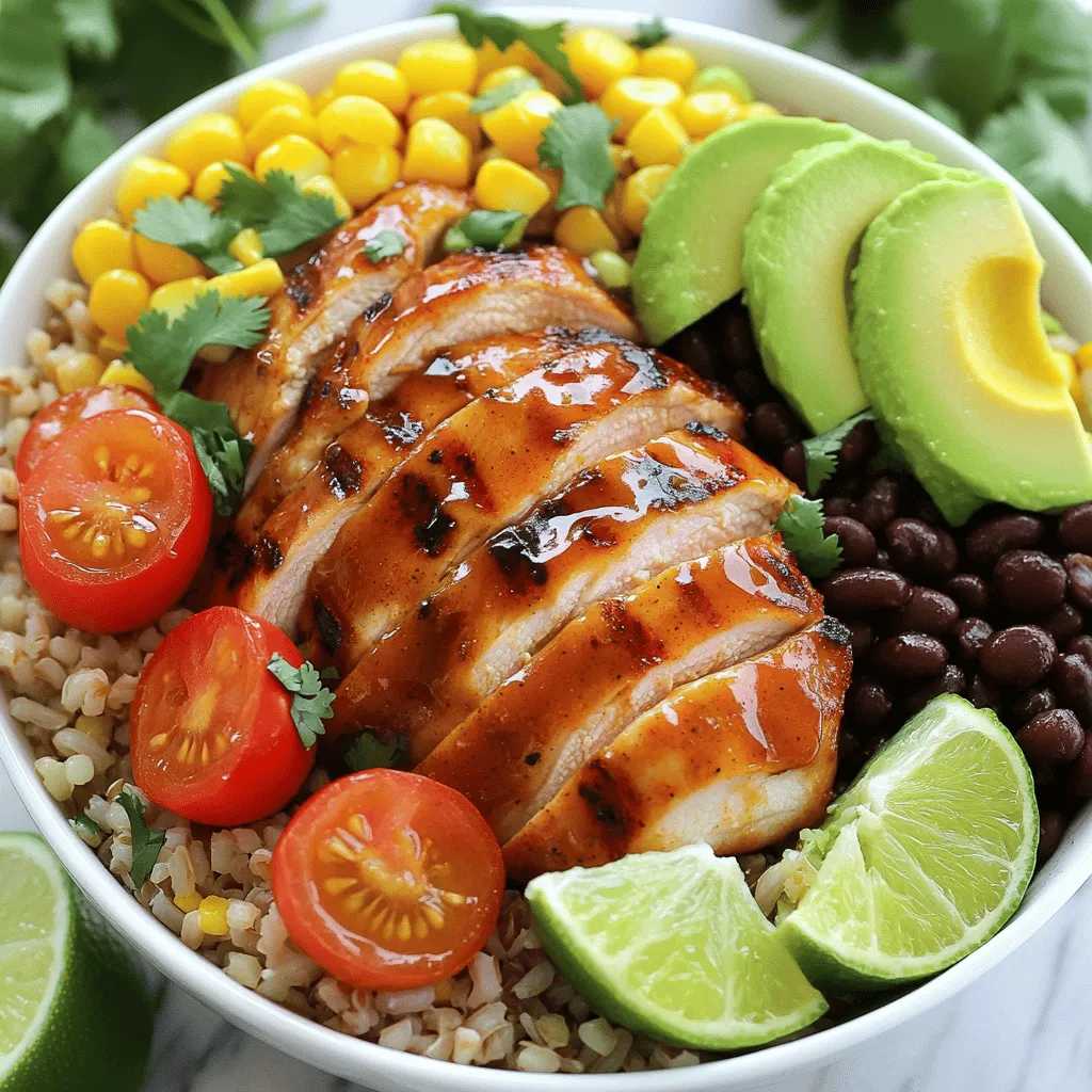 - 2 large chicken breasts - 2 tablespoons honey - 2 tablespoons chipotle sauce (or adobo sauce from chipotle peppers) - 1 tablespoon olive oil - 1 teaspoon garlic powder - 1 teaspoon cumin - Salt and pepper to taste - 1 cup cooked brown rice or quinoa - 1 cup black beans, rinsed and drained - 1 cup corn (fresh or canned) - 1 cup cherry tomatoes, halved - 1 avocado, sliced - Fresh cilantro, chopped (for garnish) - Lime wedges (for serving) When I create Honey Chipotle Chicken Bowls, I love to start with fresh ingredients. The chicken breasts are the star of this dish. They soak up the sweet and spicy marinade well. Honey brings a natural sweetness, while chipotle adds a smoky kick. Next, I prepare the base. You can choose either brown rice or quinoa. Both options work great! Each adds a nice texture and complements the chicken. For toppings, I like to use black beans, corn, and cherry tomatoes. These add color and flavor to the bowl. Sliced avocado gives it a creamy touch. Finally, I sprinkle fresh cilantro on top for a burst of freshness. A squeeze of lime adds zest, making each bite lively. This recipe is not just tasty; it is easy to make. You can have everything ready in about 50 minutes. For the full recipe, check out the detailed instructions. To start, you need to prepare the marinade. In a medium bowl, mix together: - 2 tablespoons honey - 2 tablespoons chipotle sauce - 1 tablespoon olive oil - 1 teaspoon garlic powder - 1 teaspoon cumin - Salt and pepper to taste This mix gives your chicken a sweet and spicy flavor. Once you have your marinade ready, it’s time to coat the chicken. Place the two large chicken breasts in the bowl. Make sure they are fully covered in the marinade. Let the chicken marinate for at least 30 minutes. If you have more time, marinate it for up to 2 hours in the fridge. This extra time will help the flavors soak in. Next, you’ll cook the chicken. Preheat your grill or grill pan over medium-high heat. Once it’s hot, take the chicken out of the marinade. Grill each breast for about 6-7 minutes on one side. Flip the chicken and grill for another 6-7 minutes. You want the chicken to be fully cooked. Check the internal temperature; it should reach 165°F (75°C). When done, take it off the grill and let it rest for a few minutes. This keeps it juicy. Now, it’s time to build your bowls. Start with a base of brown rice or quinoa. Place a cup of your chosen base in each bowl. Next, slice the grilled chicken into strips. Arrange the chicken on top of the rice or quinoa. Add black beans, corn, cherry tomatoes, and avocado slices. For a beautiful finish, garnish with fresh cilantro. Serve lime wedges on the side. A squeeze of lime adds a fresh, zesty touch. Enjoy your Honey Chipotle Chicken Bowls! For the complete recipe, check the [Full Recipe]. To ensure juicy chicken, marinate the meat well. Use the marinade for at least 30 minutes. The longer it sits, the more flavor it gains. You can marinate it for up to 2 hours in the fridge. This time lets the honey and chipotle sauce soak in. If you want to change the marinade, try different sauces. Teriyaki or barbecue sauce works great. You can also use yogurt or buttermilk for a tenderizing effect. Just remember to keep the honey for sweetness. For sides, I recommend fresh salad or roasted veggies. Corn on the cob pairs well too. You can also serve this dish with a refreshing drink like iced tea or lemonade. If you have leftovers, consider making a wrap. Use tortillas and add your favorite veggies. You could also mix the chicken with scrambled eggs for breakfast. The sweet and spicy flavors work well in many dishes. For the full recipe, check out the details above. {{image_2}} You can change up the protein in your honey chipotle chicken bowls. Try using tofu for a vegetarian option. Tofu absorbs flavors well and gives a nice texture. Shrimp is another great choice. It cooks quickly and adds a sweet taste. For the base, consider different options. Lettuce works well for a lighter meal. Just chop it up and use it as the bowl's foundation. Cauliflower rice is another fun swap. It adds a healthy twist and keeps carbs low. You can add more spices or sauces to boost flavor. Try a pinch of paprika for some smokiness. A dash of lime juice can add freshness. You could also mix in some salsa for extra zest. Seasonal vegetables can change your bowls too. In the summer, grilled zucchini or bell peppers taste great. In the fall, roasted sweet potatoes add sweetness and warmth. You can really make these bowls your own! For the full recipe, check out the Honey Chipotle Chicken Bowls section. To keep your Honey Chipotle Chicken Bowls fresh, store leftovers in the fridge. Use airtight containers to prevent air from spoiling the food. The chicken can last up to four days in the fridge. If you want to save it longer, freeze the chicken and other ingredients separately. This way, you can enjoy a quick meal later. Wrap them well in freezer-safe bags or containers. They can last for up to three months in the freezer. Reheating your bowls properly keeps the flavors intact. The microwave is quick but may dry out the chicken. To avoid this, cover the bowl with a damp paper towel. This keeps moisture in. Heat in short bursts of 30 seconds, stirring in between. Using the stovetop is a great option too. Just add a splash of water or broth to a pan. Heat over low heat, stirring often. This method keeps the chicken juicy and the rice tender. Enjoy your delicious, reheated Honey Chipotle Chicken Bowls just like fresh! You can grill or bake honey chipotle chicken. For grilling, preheat your grill to medium-high heat. Cook the chicken for about 6-7 minutes on each side until it reaches 165°F. For baking, set your oven to 375°F. Place the chicken in a baking dish and cook for 25-30 minutes. Both methods produce juicy chicken full of flavor. Yes, you can prepare honey chipotle chicken ahead of time. Marinate the chicken and store it in the fridge. You can also cook the chicken in advance and store it in an airtight container. It lasts up to three days in the fridge. This saves time for busy days. You can change the honey chipotle chicken bowls to suit your taste. Try adding different vegetables like bell peppers or zucchini. You can also switch the base to lettuce or cauliflower rice. For extra heat, add more chipotle sauce. Mix in your favorite toppings, like cheese or salsa. Honey chipotle chicken bowls are balanced meals. Each serving has about 400-500 calories, depending on toppings. The bowls provide protein from chicken and fiber from beans. The rice or quinoa adds healthy carbs. This meal is nutritious and filling. You can find the full recipe [here](#). In this blog post, we explored how to make delicious honey chipotle chicken bowls. We covered the main and additional ingredients, detailed steps for marinating and cooking the chicken, and tips for assembling the bowls. I also shared some variations, storage tips, and answered common questions. Overall, these bowls are easy to prepare and packed with flavor. Customize them to fit your taste. Enjoy the process and taste the rewards!