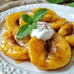 To make pan-fried peaches, you need a few key items. Here’s what you should gather: - 4 ripe peaches, halved and pitted - 2 tablespoons unsalted butter - 2 tablespoons brown sugar - 1 teaspoon cinnamon - Pinch of salt - 1 teaspoon vanilla extract - 1 cup Greek yogurt (for serving) - Fresh mint leaves (for garnish) These ingredients work together to create a sweet and savory dish that bursts with flavor. You can add more depth to your dish with these optional ingredients: - Honey or maple syrup for extra sweetness - A splash of lemon juice for brightness - Chopped nuts for some crunch - A sprinkle of nutmeg for warmth Feel free to mix and match to suit your taste! If you don't have some ingredients, don’t worry! Here are some simple swaps: - Use olive oil instead of butter for a dairy-free option. - Swap brown sugar with white sugar or coconut sugar if needed. - Try using almond or coconut yogurt instead of Greek yogurt for a vegan touch. These substitutions keep your dish delicious while catering to your needs. For the full recipe, check the details above. Start by cutting the peaches in half. Use a knife to remove the pits. You can leave the skin on for more flavor and texture. This step is quick and easy. Make sure your peaches are ripe for the best taste. Fresh, juicy peaches will give you the sweetest results. Next, heat a large skillet on medium heat. Add two tablespoons of unsalted butter. Watch the butter melt until it begins to bubble slightly. This means it's ready for the next step. Stir in two tablespoons of brown sugar, one teaspoon of cinnamon, and a pinch of salt. Mix until everything combines well. Now, place the peach halves cut side down in the skillet. Let them cook for about four to five minutes without moving them. This helps them caramelize nicely. After that, carefully flip the peaches over. Pour one teaspoon of vanilla extract over them. Cook for another three to four minutes until they are tender and golden. Once cooked, remove the peaches from the skillet. Place them on a serving plate. Spoon some of the buttery cinnamon glaze from the pan over the peaches. This adds a rich flavor. Serve warm peaches with a generous dollop of Greek yogurt. The yogurt gives a nice creaminess. To finish, add fresh mint leaves on top for a pop of color and freshness. This makes the dish look beautiful and inviting. For more details, you can check the Full Recipe. Enjoy your tasty treat! To get that rich brown color, choose ripe peaches. They should feel soft but not mushy. When you cut them, keep the skin on. It adds flavor and texture. Heat your skillet nice and hot before adding the peaches. This helps them sear well. Do not move them too soon. Let them cook for about 4-5 minutes. You will see the edges turn golden. When you flip them, drizzle vanilla for extra taste. Cook for a few more minutes for the best results. Use a heavy skillet for even heat. Non-stick pans work great but cast iron adds flavor. Always melt the butter over medium heat. If it starts to burn, lower the heat. This ensures the sugar mixes well without burning. Stir the sugar and spices together first for even flavor. Remember, patience is key. Let the peaches sit and cook without stirring. This lets them get that beautiful caramel crust. Pan-fried peaches go well with many flavors. Pair them with Greek yogurt for creaminess. You can also add a drizzle of honey for extra sweetness. Fresh mint leaves add a nice touch on top. For a savory twist, try adding crumbled feta cheese. A sprinkle of nuts like pecans enhances the crunch. You can even use spices like nutmeg or cardamom for warmth. The choices are endless! For the full recipe, check the main article. {{image_2}} You can swap brown sugar for other sweeteners. Honey adds a lovely floral note. Maple syrup gives a rich, earthy flavor. Agave syrup is a lighter option that works well too. Each sweetener changes the taste a bit, so feel free to experiment. While peaches shine, you can fry other fruits. Try nectarines for a similar taste. Plums add tartness, while apples bring crispness. Pineapple offers a tropical twist. Experimenting with these fruits can lead to new favorites. Serve pan-fried peaches over pancakes or waffles for breakfast. They also work great on ice cream for dessert. Pair them with cheese for a savory snack. You can even add them to salads for a sweet touch. Get creative with your serving styles! For the complete dish, check out the Full Recipe. To store leftover pan-fried peaches, let them cool down first. Place the peaches in an airtight container. Make sure to layer them gently to avoid squishing. You can keep them in the fridge for up to three days. If you want to keep them longer, consider freezing them. When you're ready to enjoy your leftover peaches, you can reheat them in a skillet. Warm the skillet over low heat. Add a little butter to the pan. Place the peaches back in and cook for a few minutes until heated through. You can also use a microwave. Heat on medium for about 30 seconds. Check if they are warm enough and add more time if needed. Pan-fried peaches taste best fresh, but proper storage helps them last. In the fridge, they stay good for three days. If you freeze them, they can last up to three months. To enjoy the best flavor, eat them sooner rather than later. If you notice any off smells or changes in texture, it's best to discard them. The best peaches for frying are firm and ripe. Look for peaches that have a slight give when you press them. Freestone peaches are great because the pit comes out easily. Yellow peaches add a nice sweet taste. White peaches are sweeter and juicier. Avoid overripe peaches; they can turn mushy when cooked. For the best flavor, use seasonal peaches if you can. Yes, you can make Pan-Fried Peaches ahead of time. Cook them as per the recipe, then let them cool. Store them in an airtight container in the fridge. They will stay fresh for about 2 days. When ready to eat, reheat them gently in a pan. This keeps their flavor and texture. Just be careful not to cook them too long, or they may get mushy. You can serve Pan-Fried Peaches with a few tasty options. Greek yogurt adds creaminess and balances the sweetness. Ice cream is another great choice for a cold treat. You could also pair them with pancakes or waffles for breakfast. Adding a sprinkle of nuts or granola gives a nice crunch. Fresh mint leaves make a colorful garnish and add freshness. For the full recipe, check the details mentioned earlier. Pan-fried peaches are a simple, tasty treat. We covered key ingredients, helpful steps, and clever tips. Use ripe peaches and their skins for the best flavor. Try different fruits or sweeteners to mix things up. Store any leftovers in the fridge for a few days. Enjoy your delicious creations and have fun making them!
