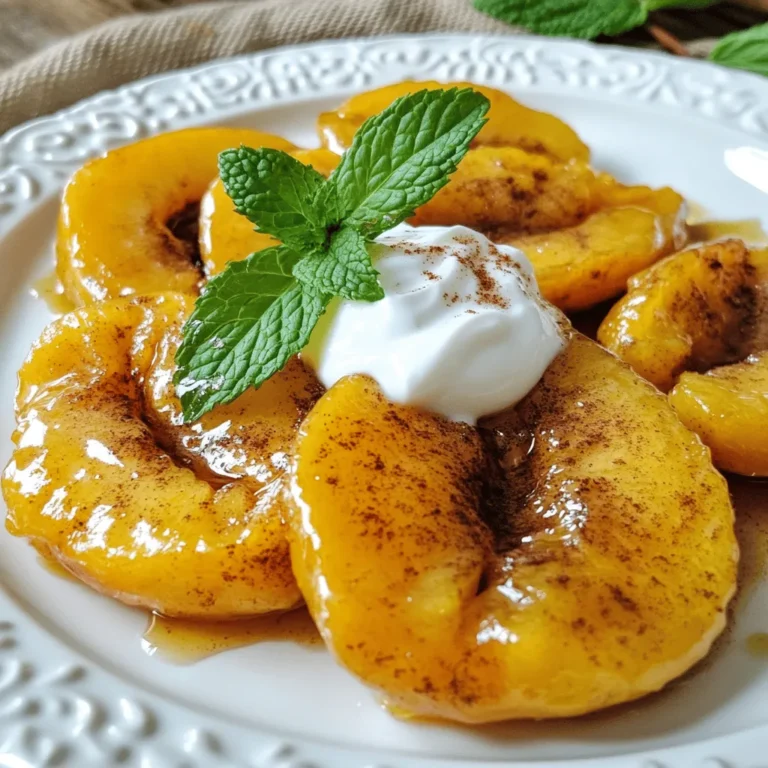 To make pan-fried peaches, you need a few key items. Here’s what you should gather: - 4 ripe peaches, halved and pitted - 2 tablespoons unsalted butter - 2 tablespoons brown sugar - 1 teaspoon cinnamon - Pinch of salt - 1 teaspoon vanilla extract - 1 cup Greek yogurt (for serving) - Fresh mint leaves (for garnish) These ingredients work together to create a sweet and savory dish that bursts with flavor. You can add more depth to your dish with these optional ingredients: - Honey or maple syrup for extra sweetness - A splash of lemon juice for brightness - Chopped nuts for some crunch - A sprinkle of nutmeg for warmth Feel free to mix and match to suit your taste! If you don't have some ingredients, don’t worry! Here are some simple swaps: - Use olive oil instead of butter for a dairy-free option. - Swap brown sugar with white sugar or coconut sugar if needed. - Try using almond or coconut yogurt instead of Greek yogurt for a vegan touch. These substitutions keep your dish delicious while catering to your needs. For the full recipe, check the details above. Start by cutting the peaches in half. Use a knife to remove the pits. You can leave the skin on for more flavor and texture. This step is quick and easy. Make sure your peaches are ripe for the best taste. Fresh, juicy peaches will give you the sweetest results. Next, heat a large skillet on medium heat. Add two tablespoons of unsalted butter. Watch the butter melt until it begins to bubble slightly. This means it's ready for the next step. Stir in two tablespoons of brown sugar, one teaspoon of cinnamon, and a pinch of salt. Mix until everything combines well. Now, place the peach halves cut side down in the skillet. Let them cook for about four to five minutes without moving them. This helps them caramelize nicely. After that, carefully flip the peaches over. Pour one teaspoon of vanilla extract over them. Cook for another three to four minutes until they are tender and golden. Once cooked, remove the peaches from the skillet. Place them on a serving plate. Spoon some of the buttery cinnamon glaze from the pan over the peaches. This adds a rich flavor. Serve warm peaches with a generous dollop of Greek yogurt. The yogurt gives a nice creaminess. To finish, add fresh mint leaves on top for a pop of color and freshness. This makes the dish look beautiful and inviting. For more details, you can check the Full Recipe. Enjoy your tasty treat! To get that rich brown color, choose ripe peaches. They should feel soft but not mushy. When you cut them, keep the skin on. It adds flavor and texture. Heat your skillet nice and hot before adding the peaches. This helps them sear well. Do not move them too soon. Let them cook for about 4-5 minutes. You will see the edges turn golden. When you flip them, drizzle vanilla for extra taste. Cook for a few more minutes for the best results. Use a heavy skillet for even heat. Non-stick pans work great but cast iron adds flavor. Always melt the butter over medium heat. If it starts to burn, lower the heat. This ensures the sugar mixes well without burning. Stir the sugar and spices together first for even flavor. Remember, patience is key. Let the peaches sit and cook without stirring. This lets them get that beautiful caramel crust. Pan-fried peaches go well with many flavors. Pair them with Greek yogurt for creaminess. You can also add a drizzle of honey for extra sweetness. Fresh mint leaves add a nice touch on top. For a savory twist, try adding crumbled feta cheese. A sprinkle of nuts like pecans enhances the crunch. You can even use spices like nutmeg or cardamom for warmth. The choices are endless! For the full recipe, check the main article. {{image_2}} You can swap brown sugar for other sweeteners. Honey adds a lovely floral note. Maple syrup gives a rich, earthy flavor. Agave syrup is a lighter option that works well too. Each sweetener changes the taste a bit, so feel free to experiment. While peaches shine, you can fry other fruits. Try nectarines for a similar taste. Plums add tartness, while apples bring crispness. Pineapple offers a tropical twist. Experimenting with these fruits can lead to new favorites. Serve pan-fried peaches over pancakes or waffles for breakfast. They also work great on ice cream for dessert. Pair them with cheese for a savory snack. You can even add them to salads for a sweet touch. Get creative with your serving styles! For the complete dish, check out the Full Recipe. To store leftover pan-fried peaches, let them cool down first. Place the peaches in an airtight container. Make sure to layer them gently to avoid squishing. You can keep them in the fridge for up to three days. If you want to keep them longer, consider freezing them. When you're ready to enjoy your leftover peaches, you can reheat them in a skillet. Warm the skillet over low heat. Add a little butter to the pan. Place the peaches back in and cook for a few minutes until heated through. You can also use a microwave. Heat on medium for about 30 seconds. Check if they are warm enough and add more time if needed. Pan-fried peaches taste best fresh, but proper storage helps them last. In the fridge, they stay good for three days. If you freeze them, they can last up to three months. To enjoy the best flavor, eat them sooner rather than later. If you notice any off smells or changes in texture, it's best to discard them. The best peaches for frying are firm and ripe. Look for peaches that have a slight give when you press them. Freestone peaches are great because the pit comes out easily. Yellow peaches add a nice sweet taste. White peaches are sweeter and juicier. Avoid overripe peaches; they can turn mushy when cooked. For the best flavor, use seasonal peaches if you can. Yes, you can make Pan-Fried Peaches ahead of time. Cook them as per the recipe, then let them cool. Store them in an airtight container in the fridge. They will stay fresh for about 2 days. When ready to eat, reheat them gently in a pan. This keeps their flavor and texture. Just be careful not to cook them too long, or they may get mushy. You can serve Pan-Fried Peaches with a few tasty options. Greek yogurt adds creaminess and balances the sweetness. Ice cream is another great choice for a cold treat. You could also pair them with pancakes or waffles for breakfast. Adding a sprinkle of nuts or granola gives a nice crunch. Fresh mint leaves make a colorful garnish and add freshness. For the full recipe, check the details mentioned earlier. Pan-fried peaches are a simple, tasty treat. We covered key ingredients, helpful steps, and clever tips. Use ripe peaches and their skins for the best flavor. Try different fruits or sweeteners to mix things up. Store any leftovers in the fridge for a few days. Enjoy your delicious creations and have fun making them!