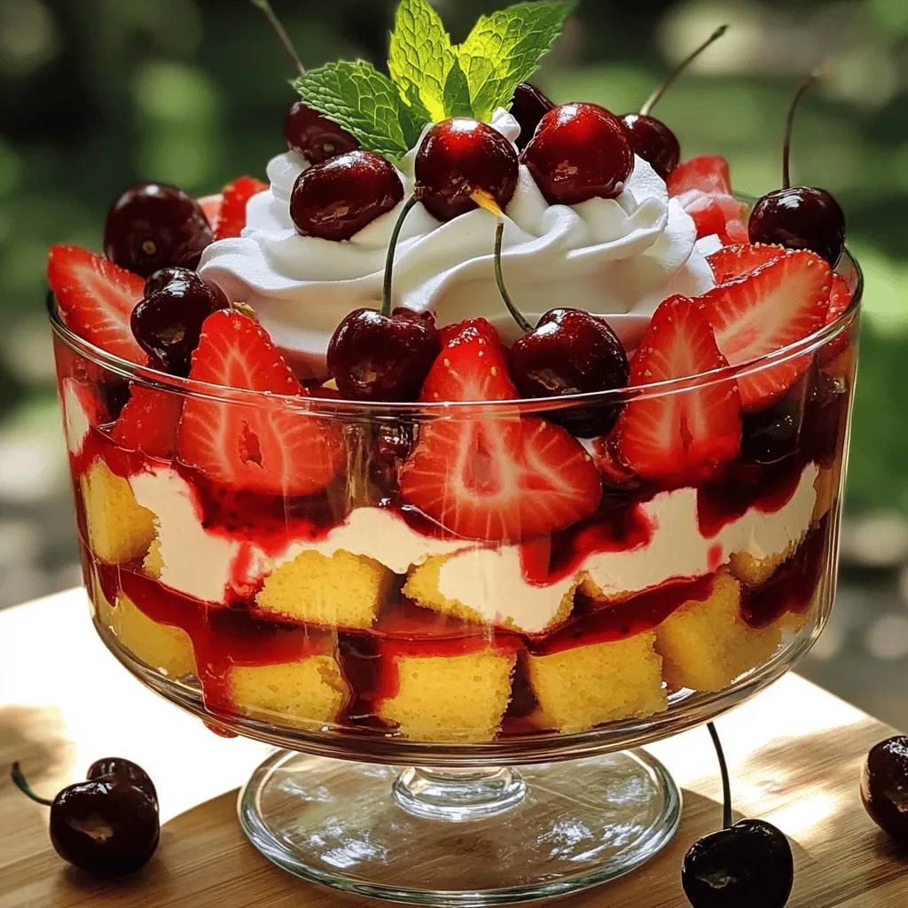 To make a tasty Strawberry Cherry Trifle, you need these simple items: - 2 cups fresh strawberries, hulled and sliced - 2 cups fresh cherries, pitted and halved - 1 cup heavy whipping cream - 1/4 cup powdered sugar - 1 teaspoon vanilla extract - 1 cup vanilla sponge cake, cut into cubes - 1/4 cup cherry juice - Mint leaves for garnish (optional) Garnishes make your trifle look pretty. Here are some ideas: - Whole cherries on top - Fresh mint leaves - A dusting of cocoa powder - Shaved chocolate for a sweet touch Fresh fruit is key for great taste. Here’s how to pick the best: - Look for bright colors and good shape. - Check for firmness; avoid mushy spots. - Smell the fruit; it should smell sweet and fruity. - Buy in season for the best flavor. These tips help you get delicious strawberries and cherries for your trifle. Remember, fresh ingredients make a big difference in taste! For the full recipe, refer to the main list above. Start by grabbing a medium bowl. Pour in 1 cup of heavy whipping cream. Use an electric mixer and whip the cream until soft peaks form. This means the cream will hold its shape but still be fluffy. Slowly add 1/4 cup of powdered sugar and 1 teaspoon of vanilla extract. Keep beating until stiff peaks form. This makes a rich and sweet whipped cream. Set it aside for later. Now, take another bowl for the fruits. Add 2 cups of sliced strawberries and 2 cups of halved cherries. Make sure the cherries are pitted first. Gently toss the fruits together. This mixes the sweet and tart flavors nicely. You want each bite to have both fruits. Grab your trifle dish or some clear serving glasses. Start with a layer of sponge cake cubes. You can use 1 cup of store-bought or homemade vanilla sponge cake. Drizzle 1/4 cup of cherry juice over the cake to soak it. Next, add a layer of the mixed strawberries and cherries on top of the cake. Then, spread a layer of whipped cream over the fruit. Smooth it out evenly. Repeat these layers until you use all the ingredients. Finish with a fluffy layer of whipped cream on top. For a fun touch, add whole cherries and mint leaves for garnish. Finally, refrigerate the trifle for at least 2 hours. This helps the flavors blend and softens the cake. Enjoy your strawberry cherry trifle delight! For the full recipe, refer to the earlier section. When making a trifle, avoid using overripe fruit. Soft fruit can make the dish mushy. Use fresh strawberries and cherries for the best taste. Another mistake is not whipping the cream enough. You want stiff peaks for good structure. If you overwhip, the cream can become grainy, which is not pleasant. To create beautiful layers, use a clear dish. This lets you see the colors. Start with sponge cake at the bottom. Make sure to drizzle cherry juice on the cake to soak it. Then, add fruit and whipped cream in neat layers. Use a spatula or spoon to smooth out each layer. This helps the dessert look neat and inviting. Serve your trifle in individual cups for a fun twist. This makes it easy for guests to enjoy. Garnish each serving with a mint leaf or a whole cherry. This adds a pop of color and flavor. You can also serve it with a scoop of vanilla ice cream on the side. For the full recipe, check out the details above! {{image_2}} You can change the fruits in your trifle. Use peaches for a sweet twist. Blueberries add a nice color and flavor. Raspberries can bring a tart taste that mixes well. Mix and match your favorite fruits. You can also add nuts for crunch. Walnuts or almonds work well. Just chop them up small before adding. Making a gluten-free trifle is easy. Swap the vanilla sponge cake for gluten-free cake. You can find ready-made options at stores. Or, make your own using gluten-free flour. This way, everyone can enjoy your dessert. Just check the labels on all your ingredients to ensure they are gluten-free. Adjusting the flavor can make your trifle unique. Try adding a splash of almond extract for a nutty taste. You can also use flavored yogurt instead of whipped cream. This adds some tang and creaminess. For a richer flavor, add a layer of chocolate pudding. Each change will add a new twist to your Strawberry Cherry Trifle. Enjoy experimenting! To keep your trifle fresh, cover it tightly with plastic wrap. You can also use a lid if your dish has one. Store it in the fridge for up to three days. The layers may blend together, but it will still taste great! You can make parts of the trifle ahead. Prepare the whipped cream and fruit a day before. Store the whipped cream in a sealed container. Keep the fruit in the fridge in a bowl covered with plastic wrap. Assemble the trifle on the day you plan to serve it. I do not recommend freezing the trifle. The cream will change texture when thawed. If you want to freeze, try freezing the sponge cake cubes and fruit separately. When you're ready to serve, let them thaw and build your trifle fresh. For the full recipe, check out the main article. Yes, you can use frozen fruit! Just thaw it first. Drain excess juice to avoid soggy layers. Frozen fruit is easy and still tasty. It can save time if fresh fruit is not available. You can keep the trifle in the fridge for up to three days. The flavors blend well over time. However, the cake may get soggy if left too long. Make sure to cover it tightly with plastic wrap or a lid. Serve the trifle in clear dishes or glasses. This lets the beautiful layers show. Use a large spoon to scoop it out. It looks great on a party table. For a fun twist, top each serving with extra fruit or mint leaves. For the full recipe, check out the detailed steps above. The blog post covered how to make a delicious Strawberry Cherry Trifle. We discussed the key ingredients and optional garnishes. You learned tips for selecting fresh produce, preparing whipped cream, and layering your trifle. Common mistakes and perfect layering tips helped guide you. We explored variations for different tastes and storage tips for leftovers. In summary, making this trifle is simple and fun. Enjoy experimenting with your own flavors and serving ideas. Happy trifle making!