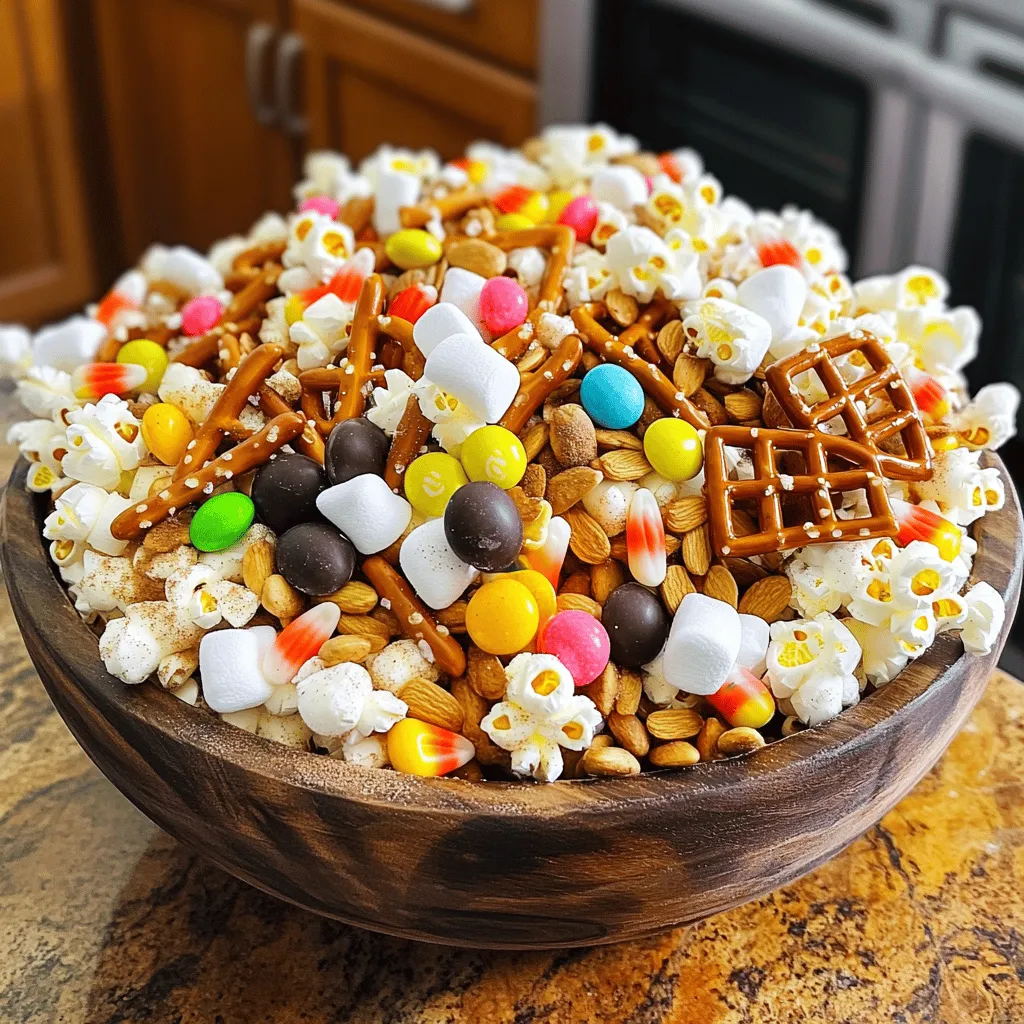- 2 cups popcorn (popped and lightly salted) - 1 cup pretzel sticks - 1 cup Cheerio cereal - 1 cup candy corn - 1 cup mini chocolate candies (M&M's or similar) - ½ cup almond slices - ½ cup mini marshmallows - ½ teaspoon cinnamon - ½ teaspoon sea salt - 3 tablespoons melted butter This snack mix is fun and tasty. Each serving offers a blend of textures and flavors. One serving (about 1/2 cup) has around 200 calories. You get a mix of carbs, fats, and sugars. Popcorn adds fiber, and almonds bring healthy fats. The mix is not low in sugar because of candy corn and chocolate candies. You can swap out ingredients easily. Try using rice cereal if you don’t have Cheerios. For a nut-free version, skip the almond slices. Use sunflower seeds instead for crunch. If you want a sweeter mix, add more mini marshmallows. You can also change the candy. Use gummy candies for a chewy twist. These swaps make the snack more personal! Making Monster Munch Snack Mix is easy. First, gather all your ingredients. You will need: - 2 cups popcorn (popped and lightly salted) - 1 cup pretzel sticks - 1 cup Cheerio cereal - 1 cup candy corn - 1 cup mini chocolate candies (M&M's or similar) - ½ cup almond slices - ½ cup mini marshmallows - ½ teaspoon cinnamon - ½ teaspoon sea salt - 3 tablespoons melted butter In a large mixing bowl, combine the popcorn, pretzel sticks, Cheerio cereal, candy corn, mini chocolate candies, almond slices, and mini marshmallows. This mix is colorful and fun! Now, let’s make it warm and tasty. In a small bowl, whisk together the melted butter, cinnamon, and sea salt until smooth. Drizzle this buttery mix over your large bowl of snacks. Use a spatula to gently toss everything. You want each piece to be coated. Next, preheat your oven to 250°F (120°C). Spread the mix onto a large baking sheet lined with parchment paper. Bake for 10-15 minutes. Stir halfway through to make sure it toasts evenly. The mix should smell great and look lightly toasted when done. Once baked, let the mix cool completely. You can serve it in fun cups or bowls for a party. For a gift, place it in a decorative jar tied with a ribbon. This snack mix is perfect for movie nights or school events. Enjoy your tasty Monster Munch Snack Mix! For the complete directions, check the Full Recipe. To make the perfect Monster Munch Snack Mix, start with fresh ingredients. Use light popcorn and crunchy pretzels. The mix should have a nice balance of sweet and salty flavors. When mixing, use a large bowl. This gives you room to toss the ingredients without spilling. Gently fold the dry ingredients together first. Then, drizzle the buttery mix over everything. Use a spatula to coat all pieces evenly. Feel free to get creative! You can add nuts for extra crunch. Try using different candies for a fun twist. Dried fruits can also add a chewy texture. Adjust the cinnamon and sea salt to fit your taste. For a spicy kick, add a pinch of cayenne pepper. {{image_2}} You can change Monster Munch for each holiday. For Halloween, add pumpkin spice. This gives the mix a fun fall twist. For Christmas, try adding red and green candies. You could even use peppermint bits for a nice minty touch. Spring is great for pastel candy and dried fruit. This makes a bright, cheerful mix for Easter. To make a healthier Monster Munch, swap candy for dried fruit. Use raisins, cranberries, or apricots. You can replace butter with coconut oil for a lighter touch. Instead of pretzels, try whole-grain crackers. You still get crunch without the extra salt and fat. Nuts like walnuts or pecans can also add good fats and protein. Want to try new flavors? You can add spicy nuts for a kick. Toss in some cheese crackers for a savory twist. For a tropical flair, add toasted coconut and pineapple bits. If you love chocolate, use dark chocolate chips instead of mini candies. This gives you a richer taste. Each add-in changes the mix and keeps it fun. For the full recipe, check out the Monster Munch Snack Mix. To keep your Monster Munch Snack Mix fresh, store it in an airtight container. This will help prevent moisture from making it soggy. You can also use a resealable plastic bag. Keep the mix in a cool, dry place, away from sunlight. This helps preserve its crunch and flavor. When stored properly, your Monster Munch Snack Mix can last up to two weeks. If you want to keep it longer, consider freezing it. Just make sure it is in a freezer-safe bag or container. When you want to eat it, let it thaw at room temperature before serving. If your snack mix goes stale, don’t worry! You can revive it easily. Preheat your oven to 250°F (120°C). Spread the mix on a baking sheet. Bake for about 5-10 minutes. Check it often to avoid burning. This will help restore its crunchiness and make it tasty again. Monster Munch Snack Mix is a fun blend of tasty treats. It includes: - 2 cups popcorn (popped and lightly salted) - 1 cup pretzel sticks - 1 cup Cheerio cereal - 1 cup candy corn - 1 cup mini chocolate candies (like M&M's) - ½ cup almond slices - ½ cup mini marshmallows - ½ teaspoon cinnamon - ½ teaspoon sea salt - 3 tablespoons melted butter This mix gives you sweet, salty, and crunchy bites in every handful! You can find Monster Munch Snack Mix at many grocery stores. Look in the snack aisle or near the candy section. Some stores might sell it in bulk bins. You can also check online retailers for delivery options. Yes! You can easily make homemade Monster Munch Snack Mix. Just follow the Full Recipe I shared earlier. It takes about 15 minutes to prep and 30 minutes total. Making it at home lets you control the flavors and ingredients. Plus, it's a fun way to get creative! You can customize Monster Munch Snack Mix in many ways. Here are some ideas: - Add nuts: Try peanuts or cashews for extra crunch. - Use different cereals: Swap Cheerios for Rice Krispies or Frosted Flakes. - Choose your candies: Use gummy bears or chocolate-covered raisins instead of mini candies. - Mix in dried fruit: Add raisins or cranberries for a fruity touch. Feel free to get creative with what you have! Monster Munch Snack Mix has a mix of sweet and salty flavors. You get the buttery popcorn, crunchy pretzels, and sweet candy corn. The chocolate candies add a rich flavor, while the cinnamon gives a warm spice. Each bite is like a fun flavor party! You've learned how to make Monster Munch Snack Mix from scratch. We covered the ingredients, steps, and tips for making it perfect. I shared ways to customize and store it well. Remember, you can add your favorite flavors and make it unique. Enjoy making this fun snack! It’s simple, tasty, and perfect for any occasion.