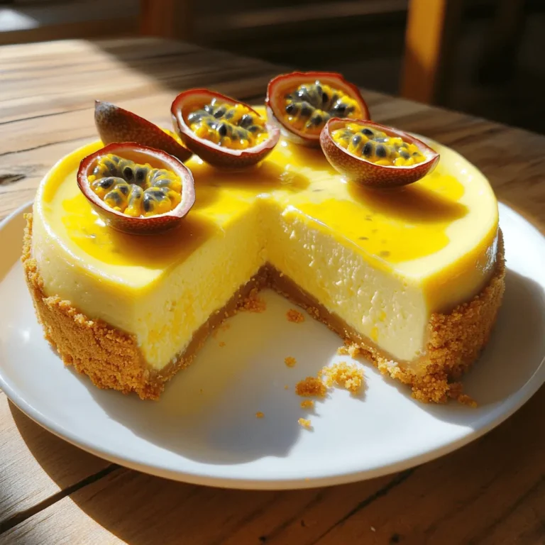 - 1 ½ cups graham cracker crumbs - ½ cup unsalted butter, melted - 2 cups cream cheese, softened - 1 cup granulated sugar - 3 large eggs - 1 cup sour cream - ½ cup passion fruit pulp (from fresh passion fruits or canned) - 1 tablespoon vanilla extract - 1 tablespoon lemon juice - Fresh passion fruits, for garnish The ingredients for passion fruit cheesecake are simple yet essential. First, we use graham cracker crumbs for the crust. Mixing them with melted butter gives a rich flavor. The cream cheese makes the cheesecake creamy and smooth. Granulated sugar adds sweetness, while eggs help it set. Sour cream enhances the texture and adds a slight tang. Passion fruit pulp is the star here. It brings a tropical taste and bright color. Vanilla extract adds warmth, and lemon juice balances the sweetness. Finally, fresh passion fruits make a lovely garnish, adding beauty and flavor. - Alternative crust options: You can use crushed cookies like Oreos or digestive biscuits. They work well for a sweet crust. - Dairy-free cream cheese alternatives: Look for vegan cream cheese made from nuts or soy. This keeps the dessert creamy without dairy. - Sweetener substitutions: If you prefer, you can use honey or maple syrup instead of sugar. Just adjust the amount since they are sweeter. These substitutions let you enjoy cheesecake while meeting your dietary needs. Try them out for a delicious twist! For the full recipe, check the details provided. 1. First, preheat the oven to 325°F (160°C). Grease a 9-inch springform pan with cooking spray or butter. This step helps the cheesecake come out easily. 2. In a bowl, mix 1 ½ cups of graham cracker crumbs with ½ cup of melted butter. Stir until the crumbs look like wet sand. 3. Press this mixture firmly into the bottom of the springform pan. Make sure it is even and compact. 4. Bake the crust in the oven for about 10 minutes. After that, let it cool while you make the filling. 1. In a large mixing bowl, add 2 cups of softened cream cheese. Beat it with an electric mixer until it is smooth and creamy. This makes the base of your cheesecake. 2. Gradually mix in 1 cup of granulated sugar. Keep mixing until it is fully blended. 3. Add 3 large eggs, one at a time. Mix well after each egg. This helps the mixture stay fluffy. 4. Now, add 1 cup of sour cream, ½ cup of passion fruit pulp, 1 tablespoon of vanilla extract, and 1 tablespoon of lemon juice. Mix until everything is smooth and creamy. 1. Pour the cheesecake filling over the cooled crust. Use a spatula to smooth the top. 2. Bake the cheesecake for 50-60 minutes. The edges should be set, but the center can still be a bit wobbly. 3. Turn off the oven and crack the door open slightly. Let the cheesecake cool in the oven for about 1 hour. This helps prevent cracking. 4. After cooling, refrigerate the cheesecake for at least 4 hours or overnight. This step makes it firm and easy to slice. - Overmixing the filling: When you mix too much, air bubbles form. This can cause cracks while baking. To avoid this, mix until just combined. - Not cooling the cheesecake properly: If you skip cooling, your cheesecake can crack or have a wet texture. Always cool it slowly in the oven after baking. - Ideal mixing methods: Use a hand mixer on low speed. This helps keep the mixture smooth without adding air. Start with the cream cheese first to avoid lumps. - Temperature considerations for ingredients: Make sure all ingredients are at room temperature. This helps them blend smoothly. Use softened cream cheese for the best texture. - Presentation ideas for garnishing: For a stunning look, top each slice with a spoonful of fresh passion fruit pulp. You can also add halved fresh passion fruits on top. This adds color and flavor. - Recommended pairings with drinks or toppings: Pair your cheesecake with a light dessert wine or a refreshing iced tea. A dollop of whipped cream or a scoop of vanilla ice cream works well too. For more information, check the Full Recipe to guide you through every step. {{image_2}} You can change the flavor of your passion fruit cheesecake in fun ways. Adding chocolate makes it rich and sweet. You can use dark chocolate or white chocolate. Other fruits also work well, like mango or berries. Just mix in the puree with the passion fruit pulp. You can also change the sweetness. If you like it less sweet, cut back on the sugar. For a sweeter taste, add a bit more honey or agave syrup. If you need a gluten-free version, use gluten-free graham cracker crumbs for the crust. These crumbs work just like regular ones. If you want a vegan cheesecake, replace cream cheese with a dairy-free cream cheese alternative. You can also swap eggs with flax seeds or silken tofu. These swaps will keep the texture creamy and delicious. You can dress up your cheesecake with seasonal fruits. In summer, try fresh berries or peaches as a topping. In fall, add caramelized apples or pears. For the holidays, consider using spiced fruits like cranberry or orange zest. These adaptations will make your cheesecake fit any season perfectly. For the full recipe, check the link provided. To keep your cheesecake fresh, store it in the fridge. Use an airtight container to avoid moisture loss. You can also cover it tightly with plastic wrap. This helps keep it from absorbing other odors. If you want to save it for longer, freezing is a good option. Wrap the cheesecake in plastic wrap and then in aluminum foil. This keeps it safe from freezer burn. You can freeze it for up to three months. In the fridge, your passion fruit cheesecake lasts about five to seven days. Make sure it stays covered to maintain freshness. Look for signs of spoilage, such as a sour smell or mold. If the texture becomes grainy or watery, it’s best to toss it. You usually serve cheesecake cold. If you want it warm, gently reheat it in the oven. Set the temperature to 200°F (93°C) and heat for about 10 minutes. This helps maintain its creamy texture. If you prefer it chilled, enjoy it straight from the fridge. You can drizzle more passion fruit pulp on each slice for added flavor. For the best experience, always slice with a hot knife for clean cuts. This makes your cheesecake look beautiful. You can find the Full Recipe for more details on making this delightful dessert. If you can't find passion fruit pulp, try using mango puree or guava puree. Both bring a fruity taste and sweetness. You can also mix orange juice with a little lemon juice for a tangy twist. Yes, you can use a regular pie pan. Just keep in mind that you won’t be able to remove the sides easily. You may need to slice it directly from the pan. The cheesecake is done when the edges are set and the center jiggles slightly. It will firm up as it cools. Yes, you can use silken tofu to replace eggs. Blend it until smooth and add it to the filling. This keeps the texture rich and creamy. Absolutely! Berries, kiwi, and mango work great. They add color and flavor. Just make sure to arrange them nicely on top. Chill the cheesecake for at least four hours, or overnight for the best texture. This helps it set and enhances the flavors. For the complete recipe, check the Full Recipe section. You now know how to make a delicious cheesecake with passion fruit. We covered the ingredients, step-by-step instructions, and helpful tips. Remember to avoid common mistakes and try different variations to suit your taste. Store your cheesecake properly for the best flavor and texture. Trust your cooking skills and enjoy making this treat! Share your creations with friends and family. Happy baking!