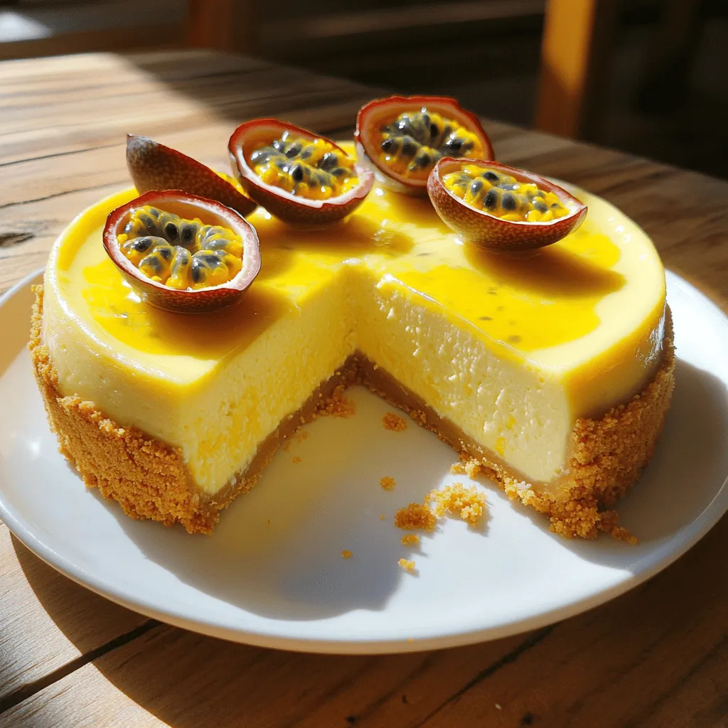 - 1 ½ cups graham cracker crumbs - ½ cup unsalted butter, melted - 2 cups cream cheese, softened - 1 cup granulated sugar - 3 large eggs - 1 cup sour cream - ½ cup passion fruit pulp (from fresh passion fruits or canned) - 1 tablespoon vanilla extract - 1 tablespoon lemon juice - Fresh passion fruits, for garnish The ingredients for passion fruit cheesecake are simple yet essential. First, we use graham cracker crumbs for the crust. Mixing them with melted butter gives a rich flavor. The cream cheese makes the cheesecake creamy and smooth. Granulated sugar adds sweetness, while eggs help it set. Sour cream enhances the texture and adds a slight tang. Passion fruit pulp is the star here. It brings a tropical taste and bright color. Vanilla extract adds warmth, and lemon juice balances the sweetness. Finally, fresh passion fruits make a lovely garnish, adding beauty and flavor. - Alternative crust options: You can use crushed cookies like Oreos or digestive biscuits. They work well for a sweet crust. - Dairy-free cream cheese alternatives: Look for vegan cream cheese made from nuts or soy. This keeps the dessert creamy without dairy. - Sweetener substitutions: If you prefer, you can use honey or maple syrup instead of sugar. Just adjust the amount since they are sweeter. These substitutions let you enjoy cheesecake while meeting your dietary needs. Try them out for a delicious twist! For the full recipe, check the details provided. 1. First, preheat the oven to 325°F (160°C). Grease a 9-inch springform pan with cooking spray or butter. This step helps the cheesecake come out easily. 2. In a bowl, mix 1 ½ cups of graham cracker crumbs with ½ cup of melted butter. Stir until the crumbs look like wet sand. 3. Press this mixture firmly into the bottom of the springform pan. Make sure it is even and compact. 4. Bake the crust in the oven for about 10 minutes. After that, let it cool while you make the filling. 1. In a large mixing bowl, add 2 cups of softened cream cheese. Beat it with an electric mixer until it is smooth and creamy. This makes the base of your cheesecake. 2. Gradually mix in 1 cup of granulated sugar. Keep mixing until it is fully blended. 3. Add 3 large eggs, one at a time. Mix well after each egg. This helps the mixture stay fluffy. 4. Now, add 1 cup of sour cream, ½ cup of passion fruit pulp, 1 tablespoon of vanilla extract, and 1 tablespoon of lemon juice. Mix until everything is smooth and creamy. 1. Pour the cheesecake filling over the cooled crust. Use a spatula to smooth the top. 2. Bake the cheesecake for 50-60 minutes. The edges should be set, but the center can still be a bit wobbly. 3. Turn off the oven and crack the door open slightly. Let the cheesecake cool in the oven for about 1 hour. This helps prevent cracking. 4. After cooling, refrigerate the cheesecake for at least 4 hours or overnight. This step makes it firm and easy to slice. - Overmixing the filling: When you mix too much, air bubbles form. This can cause cracks while baking. To avoid this, mix until just combined. - Not cooling the cheesecake properly: If you skip cooling, your cheesecake can crack or have a wet texture. Always cool it slowly in the oven after baking. - Ideal mixing methods: Use a hand mixer on low speed. This helps keep the mixture smooth without adding air. Start with the cream cheese first to avoid lumps. - Temperature considerations for ingredients: Make sure all ingredients are at room temperature. This helps them blend smoothly. Use softened cream cheese for the best texture. - Presentation ideas for garnishing: For a stunning look, top each slice with a spoonful of fresh passion fruit pulp. You can also add halved fresh passion fruits on top. This adds color and flavor. - Recommended pairings with drinks or toppings: Pair your cheesecake with a light dessert wine or a refreshing iced tea. A dollop of whipped cream or a scoop of vanilla ice cream works well too. For more information, check the Full Recipe to guide you through every step. {{image_2}} You can change the flavor of your passion fruit cheesecake in fun ways. Adding chocolate makes it rich and sweet. You can use dark chocolate or white chocolate. Other fruits also work well, like mango or berries. Just mix in the puree with the passion fruit pulp. You can also change the sweetness. If you like it less sweet, cut back on the sugar. For a sweeter taste, add a bit more honey or agave syrup. If you need a gluten-free version, use gluten-free graham cracker crumbs for the crust. These crumbs work just like regular ones. If you want a vegan cheesecake, replace cream cheese with a dairy-free cream cheese alternative. You can also swap eggs with flax seeds or silken tofu. These swaps will keep the texture creamy and delicious. You can dress up your cheesecake with seasonal fruits. In summer, try fresh berries or peaches as a topping. In fall, add caramelized apples or pears. For the holidays, consider using spiced fruits like cranberry or orange zest. These adaptations will make your cheesecake fit any season perfectly. For the full recipe, check the link provided. To keep your cheesecake fresh, store it in the fridge. Use an airtight container to avoid moisture loss. You can also cover it tightly with plastic wrap. This helps keep it from absorbing other odors. If you want to save it for longer, freezing is a good option. Wrap the cheesecake in plastic wrap and then in aluminum foil. This keeps it safe from freezer burn. You can freeze it for up to three months. In the fridge, your passion fruit cheesecake lasts about five to seven days. Make sure it stays covered to maintain freshness. Look for signs of spoilage, such as a sour smell or mold. If the texture becomes grainy or watery, it’s best to toss it. You usually serve cheesecake cold. If you want it warm, gently reheat it in the oven. Set the temperature to 200°F (93°C) and heat for about 10 minutes. This helps maintain its creamy texture. If you prefer it chilled, enjoy it straight from the fridge. You can drizzle more passion fruit pulp on each slice for added flavor. For the best experience, always slice with a hot knife for clean cuts. This makes your cheesecake look beautiful. You can find the Full Recipe for more details on making this delightful dessert. If you can't find passion fruit pulp, try using mango puree or guava puree. Both bring a fruity taste and sweetness. You can also mix orange juice with a little lemon juice for a tangy twist. Yes, you can use a regular pie pan. Just keep in mind that you won’t be able to remove the sides easily. You may need to slice it directly from the pan. The cheesecake is done when the edges are set and the center jiggles slightly. It will firm up as it cools. Yes, you can use silken tofu to replace eggs. Blend it until smooth and add it to the filling. This keeps the texture rich and creamy. Absolutely! Berries, kiwi, and mango work great. They add color and flavor. Just make sure to arrange them nicely on top. Chill the cheesecake for at least four hours, or overnight for the best texture. This helps it set and enhances the flavors. For the complete recipe, check the Full Recipe section. You now know how to make a delicious cheesecake with passion fruit. We covered the ingredients, step-by-step instructions, and helpful tips. Remember to avoid common mistakes and try different variations to suit your taste. Store your cheesecake properly for the best flavor and texture. Trust your cooking skills and enjoy making this treat! Share your creations with friends and family. Happy baking!