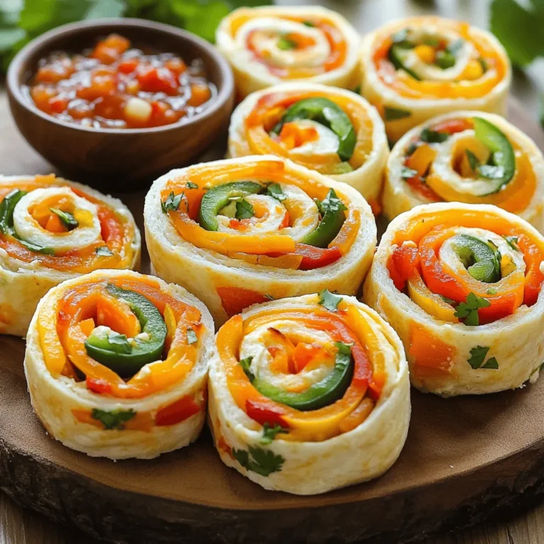 To make Spicy Antojitos Pinwheels, you need these items: - 4 large flour tortillas - 1 cup cream cheese, softened - 1/2 cup sour cream - 1/2 cup shredded pepper jack cheese - 1/4 cup diced jalapeños (fresh or pickled) - 1/4 cup chopped fresh cilantro - 1 teaspoon garlic powder - 1 teaspoon chili powder - 1/2 teaspoon cumin - Salt and pepper to taste - 1 cup diced bell peppers (red and green) - 1/4 cup sliced black olives, drained (optional) - 1/2 cup salsa, for serving These ingredients create a tasty and creamy filling. Each bite packs a punch of flavor. You can make your pinwheels even more exciting by adding optional ingredients: - 1/4 cup diced red onion for more crunch. - 1/2 cup cooked chicken for protein. - 1/4 cup corn for a sweet twist. - 1/4 teaspoon smoked paprika for a smoky flavor. Feel free to mix and match these ingredients to fit your taste. If you don’t have some ingredients, here are some easy swaps: - Use Greek yogurt instead of sour cream for a tangy taste. - Try mozzarella cheese instead of pepper jack for a milder flavor. - Swap tortillas for whole grain or spinach wraps for a healthier option. - Use canned green chilies if fresh jalapeños are not available. These substitutes will help you create a delicious snack! For the full recipe, check out the cooking steps above. To make Spicy Antojitos Pinwheels, start with your cream cheese. In a bowl, mix 1 cup of softened cream cheese and 1/2 cup of sour cream. Stir until smooth. Next, add 1/2 cup of shredded pepper jack cheese, 1/4 cup of diced jalapeños, and 1/4 cup of cilantro. Sprinkle in 1 teaspoon each of garlic powder and chili powder, along with 1/2 teaspoon of cumin. Season with salt and pepper to taste. Mix until fully combined. Now, take a large tortilla and lay it flat on a clean surface. Spread a generous layer of your spicy cream cheese mix all over the tortilla. Leave a small border around the edges. Evenly sprinkle some diced bell peppers and black olives on top of the cream cheese layer. Starting at one edge, carefully roll the tortilla tightly into a log. Repeat with the other tortillas and filling. Once rolled, wrap each log in plastic wrap. Chill them in the fridge for at least 30 minutes. This makes slicing easier. When spreading the cream cheese mixture, use an offset spatula or a butter knife. This helps you get an even layer. If the tortillas are hard to roll, warm them slightly in the microwave for 10 seconds. This makes them more flexible. Always roll from one edge to the other tightly. This keeps the filling inside. Chilling is key for neat slices. After wrapping your pinwheel logs, place them in the fridge for at least 30 minutes. This firms up the filling and helps the tortillas hold their shape. When you slice them, use a sharp knife. Cut each log into 1-inch thick pinwheels. Arrange them on a platter for a beautiful presentation. Enjoy with salsa on the side from the Full Recipe. For the cream cheese mixture, use softened cream cheese. This helps it blend well. Mix the cream cheese and sour cream until you have a creamy texture. Add the spices like garlic powder and chili powder for a tasty kick. Don't skip the jalapeños and cilantro; they add flavor and freshness. One common mistake is not chilling the pinwheels. Chilling makes them easier to slice. Be sure to roll the tortillas tightly. If they are too loose, the filling may spill out. Also, watch the seasoning. Taste the mixture before spreading it on the tortillas to make sure it’s just right. Serve these pinwheels with salsa for a fun dip. You can also pair them with guacamole or sour cream. They make great snacks for parties or game days. For a colorful plate, add some fresh veggies on the side. These tips will help you create a tasty and enjoyable snack. For the full recipe, visit the recipe section. {{image_2}} You can easily make these pinwheels vegetarian. Simply skip the jalapeños if you want less heat. Add more veggies instead. Try using diced tomatoes, corn, or avocado for extra flavor and texture. Fresh spinach or arugula can also add a nice touch. These swaps make the dish colorful and fresh, perfect for any vegetarian gathering. To make gluten-free pinwheels, choose gluten-free tortillas. Many brands offer tasty options that work well. You can use rice or corn tortillas. Just ensure they are large enough to roll. The filling remains the same, so you won’t lose any flavor. This way, everyone can enjoy these snacks without worry! If you love spice, add chopped serrano peppers or a dash of hot sauce to the cream cheese mix. You can also mix in a pinch of cayenne pepper for an extra kick. For a smoky flavor, consider adding smoked paprika. Don’t forget to taste as you go. Adjust to your heat level for the perfect spicy bite! For the complete recipe, don’t forget to check the Full Recipe section. To keep your spicy antojitos pinwheels fresh, wrap them well. Use plastic wrap or foil to cover each pinwheel tightly. This keeps them from drying out. You can also place them in an airtight container. Make sure the container seals well to lock in freshness. Store them in the fridge until you are ready to eat. These pinwheels are tasty cold, but you can heat them too. Preheat your oven to 350°F (175°C). Place the pinwheels on a baking sheet. Heat for about 10 minutes or until warm. This will give them a nice, soft texture. If you want a crispy outside, you can toast them in a pan for a few minutes. Spicy antojitos pinwheels last in the fridge for about 3 to 5 days. If you want to keep them longer, freezing is a good option. Wrap each pinwheel in plastic wrap, then place them in a freezer-safe bag. They can last up to 2 months in the freezer. When you're ready to eat, thaw them in the fridge overnight before reheating. This keeps their taste and texture nice. Yes, you can make these pinwheels ahead of time. I suggest preparing them a day in advance. After you roll them up, wrap them tightly in plastic wrap. This keeps them fresh and tasty. Just store them in the fridge. When you are ready to serve, simply slice and enjoy! These pinwheels are great on their own, but you can pair them with tasty sides. Consider serving them with: - Salsa for dipping - Guacamole for a creamy touch - Fresh veggies like carrot sticks or cucumber slices - A light salad to balance the flavors These sides add color and freshness to your snack table. If you want more heat in your pinwheels, there are easy ways to kick it up a notch. Here are some ideas: - Add more diced jalapeños or choose a spicier variety. - Mix in some hot sauce with the cream cheese mixture. - Use chipotle powder instead of chili powder for a smoky flavor. - Try adding diced habanero peppers for a bold twist. These changes will surely satisfy your spicy cravings! For the full recipe, check out the complete details above. In this post, we explored how to make Spicy Antojitos Pinwheels. We covered key ingredients, preparation steps, and helpful tips for perfect rolls. You learned about variations to fit any diet or preference. Storing and reheating these pinwheels can keep them fresh for later. In conclusion, these pinwheels are versatile, easy to make, and great for sharing. Enjoy making them for your next gathering, and don’t hesitate to get creative with flavors.