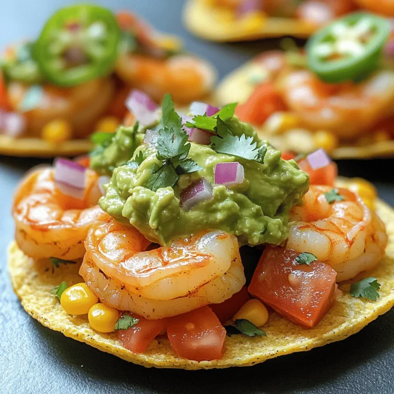 - 1 lb fresh shrimp, peeled and deveined - 4 corn tostadas - 2 tablespoons olive oil - 1 teaspoon chili powder - 1/2 teaspoon garlic powder - Salt and pepper to taste - 1 ripe avocado - 1 tablespoon lime juice - 1/4 cup red onion, finely chopped - 1 small tomato, diced - 1/4 cup cilantro, chopped - Optional: sliced jalapeños for topping Gathering fresh ingredients is key to great flavor. Start with 1 pound of fresh shrimp. Make sure they are peeled and deveined for easy cooking. You will need four crispy corn tostadas to hold all the toppings. Olive oil helps the shrimp cook nicely and adds flavor. Chili powder gives a nice kick, while garlic powder enhances the taste. Salt and pepper round out the seasoning. For the guacamole, use one ripe avocado. The lime juice keeps it fresh and adds zesty flavor. Finely chopped red onion and diced tomato bring in crunch and color. Lastly, fresh cilantro adds brightness. If you like heat, consider adding sliced jalapeños as a topping. You can find the Full Recipe [here](#). To start, combine the shrimp with olive oil, chili powder, garlic powder, salt, and pepper. Use a bowl to mix everything well. Make sure the shrimp gets coated evenly. Next, let it marinate for about 15 minutes. This step enhances the flavor and prepares the shrimp for cooking. While the shrimp marinates, let’s make the guacamole. Cut the ripe avocado in half, remove the pit, and scoop the flesh into a mixing bowl. Use a fork to mash the avocado until smooth. Then mix in lime juice, finely chopped red onion, diced tomato, and cilantro. Don’t forget to season with salt to taste. Once mixed, set the guacamole aside. Now it's time to cook the shrimp. Heat a skillet over medium-high heat until hot. Add the marinated shrimp to the pan. Cook the shrimp for about 2-3 minutes on each side. You want them to turn pink and be cooked through. This quick cooking method keeps the shrimp tender and juicy. Now comes the fun part: assembling the tostadas! Take each corn tostada and spread a generous amount of guacamole on top. Then, add a portion of the cooked shrimp. If you like some heat, you can add sliced jalapeños as well. Arrange the assembled tostadas on a platter for a beautiful presentation. If you want, garnish with more cilantro for a fresh touch. These shrimp tostadas are ready to impress! Enjoy them with friends or family as a tasty snack or meal. For the complete recipe, check out the Full Recipe. To make the best guacamole, start with a ripe avocado. It should feel soft but not mushy. Mash it with a fork until it's smooth but leave some small chunks for texture. Mix in lime juice to add flavor and prevent browning. Lime juice slows oxidation and keeps your guacamole bright green. To keep your guacamole fresh longer, store it in an airtight container. Press plastic wrap directly onto the surface. This reduces air exposure and helps it stay green. If you see browning, just mix it lightly before serving. Cooking shrimp can be tricky. Make sure to cook them just right. Shrimp should be pink and firm when done. Overcooking makes them tough. Cook for only 2-3 minutes on each side in a hot pan. To enhance flavor, marinate shrimp with spices like chili powder and garlic powder. This adds depth and makes them more tasty. You can also add a pinch of salt while cooking for extra flavor. Storing assembled tostadas requires care. Tostadas can get soggy if stored too long. I recommend storing the guacamole and shrimp separately. If you have leftovers, store the guacamole in a sealed container. Keep the tostadas in a cool, dry place. Reheat tostadas in the oven for a few minutes to restore their crispness. This way, you can enjoy them later without losing that great crunch! {{image_2}} You can change up the toppings on your shrimp tostadas. If you want a fish option, try grilled mahi-mahi or tilapia. These fish have a mild flavor and cook quickly. For a chicken twist, use diced grilled chicken breast. Just season it well, and it will complement the guacamole perfectly. You can even mix shrimp and chicken for a surf and turf treat. To make a plant-based version of shrimp tostadas, swap shrimp for jackfruit or mushrooms. Jackfruit has a meaty texture that works well. You can shred it and sauté it with spices. Mushrooms, like portobello or shiitake, add a rich flavor when cooked. For the guacamole, use fresh avocado, lime juice, and your favorite veggies. This way, you keep the creamy goodness without any animal products. You can adjust the spice level of your tostadas easily. For a mild dish, use less chili powder and add sweet paprika. If you love heat, add diced jalapeños or a dash of cayenne pepper. You might also try adding cumin for a smoky flavor. A squeeze of lime can brighten the dish, making every bite refreshing. Experiment to find your perfect balance! To store leftover shrimp, place it in an airtight container. This keeps moisture in and air out. You can keep shrimp in the fridge for up to three days. Make sure it cools completely before sealing. If you want to keep it longer, freeze the shrimp. For freezing, wrap it tightly in plastic wrap, then place it in a freezer bag. Frozen shrimp can stay fresh for up to three months. Guacamole can brown quickly. To keep it fresh, use a few tricks. First, press plastic wrap directly onto the guacamole's surface. This limits air exposure. You can also add a thin layer of lime juice on top. This helps slow down browning. Store it in the fridge for up to two days. If you see some browning, just scrape off the top layer before serving. Tostadas are best when crispy. To store them, keep them in a cool, dry place. Use an airtight container to protect them from moisture. If you need to reheat tostadas, preheat your oven to 350°F (175°C). Place them on a baking sheet and heat for about five minutes. This restores their crispness. Avoid using the microwave, as it makes them soggy. To make shrimp tostadas gluten-free, I recommend using corn tostadas. They are naturally gluten-free and perfect for this dish. You can also find gluten-free tortillas or make your own using masa harina. Just be sure to check labels to avoid hidden gluten in processed foods. Yes, you can use frozen shrimp! Just make sure to thaw them first. Place the shrimp in cold water for about 15-20 minutes. Once thawed, pat them dry before marinating. This helps the shrimp absorb the flavors better and cook evenly. Shrimp tostadas pair well with many side dishes. Here are some great options: - A fresh salad with lime dressing - Mexican rice or quinoa - Black beans for added protein - A chilled beverage like horchata or a light beer For the complete cooking instructions and ingredient list, check the Full Recipe. In this blog post, I covered making shrimp tostadas with guacamole. We began with fresh shrimp and rich spices, then moved to easy guacamole and assembly. I also shared tips for great flavor and perfect texture. You can try variations with different proteins or flavors. Whether serving for a dinner or a gathering, these tostadas shine. Enjoy making this dish, and remember, fresh ingredients make the best meals.