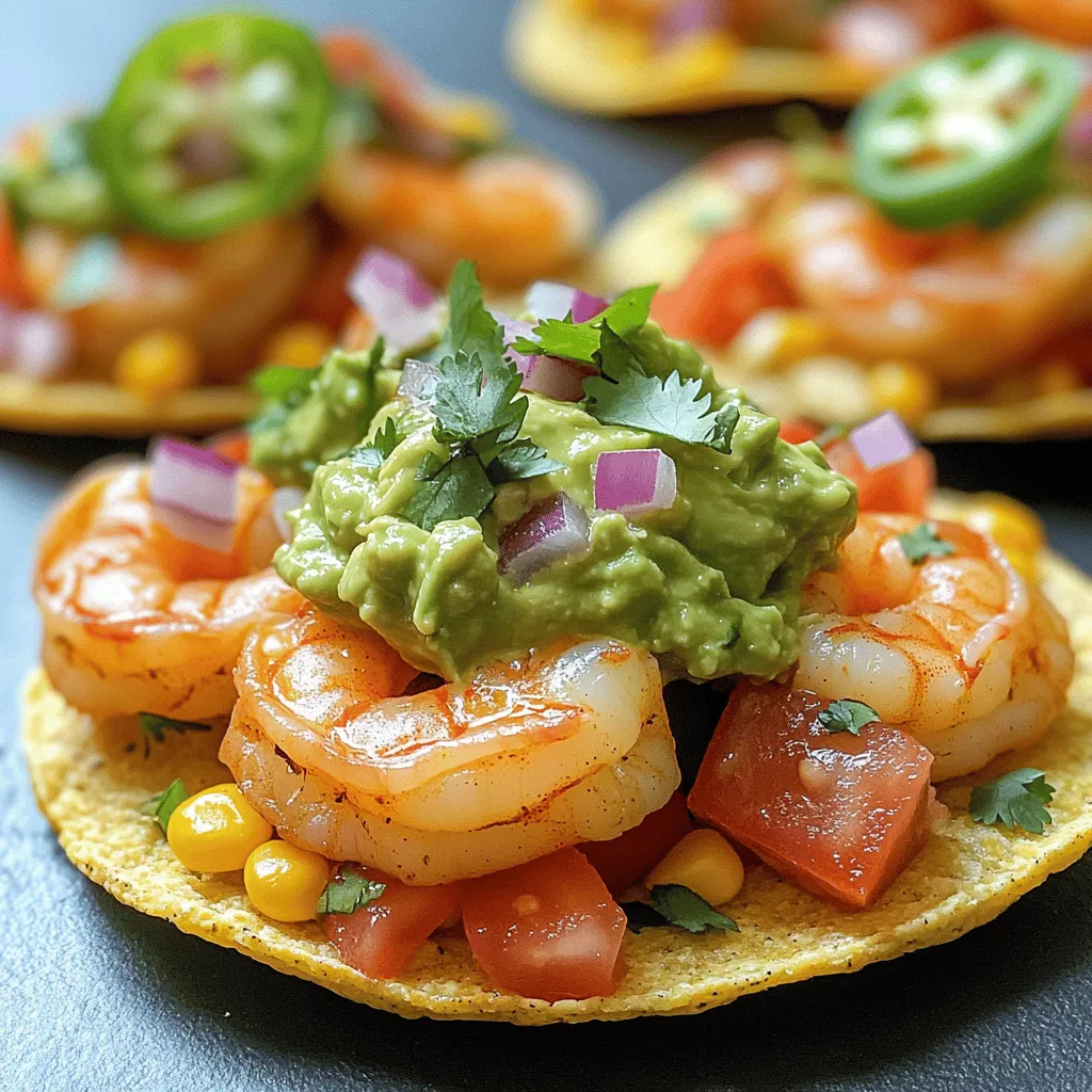 - 1 lb fresh shrimp, peeled and deveined - 4 corn tostadas - 2 tablespoons olive oil - 1 teaspoon chili powder - 1/2 teaspoon garlic powder - Salt and pepper to taste - 1 ripe avocado - 1 tablespoon lime juice - 1/4 cup red onion, finely chopped - 1 small tomato, diced - 1/4 cup cilantro, chopped - Optional: sliced jalapeños for topping Gathering fresh ingredients is key to great flavor. Start with 1 pound of fresh shrimp. Make sure they are peeled and deveined for easy cooking. You will need four crispy corn tostadas to hold all the toppings. Olive oil helps the shrimp cook nicely and adds flavor. Chili powder gives a nice kick, while garlic powder enhances the taste. Salt and pepper round out the seasoning. For the guacamole, use one ripe avocado. The lime juice keeps it fresh and adds zesty flavor. Finely chopped red onion and diced tomato bring in crunch and color. Lastly, fresh cilantro adds brightness. If you like heat, consider adding sliced jalapeños as a topping. You can find the Full Recipe [here](#). To start, combine the shrimp with olive oil, chili powder, garlic powder, salt, and pepper. Use a bowl to mix everything well. Make sure the shrimp gets coated evenly. Next, let it marinate for about 15 minutes. This step enhances the flavor and prepares the shrimp for cooking. While the shrimp marinates, let’s make the guacamole. Cut the ripe avocado in half, remove the pit, and scoop the flesh into a mixing bowl. Use a fork to mash the avocado until smooth. Then mix in lime juice, finely chopped red onion, diced tomato, and cilantro. Don’t forget to season with salt to taste. Once mixed, set the guacamole aside. Now it's time to cook the shrimp. Heat a skillet over medium-high heat until hot. Add the marinated shrimp to the pan. Cook the shrimp for about 2-3 minutes on each side. You want them to turn pink and be cooked through. This quick cooking method keeps the shrimp tender and juicy. Now comes the fun part: assembling the tostadas! Take each corn tostada and spread a generous amount of guacamole on top. Then, add a portion of the cooked shrimp. If you like some heat, you can add sliced jalapeños as well. Arrange the assembled tostadas on a platter for a beautiful presentation. If you want, garnish with more cilantro for a fresh touch. These shrimp tostadas are ready to impress! Enjoy them with friends or family as a tasty snack or meal. For the complete recipe, check out the Full Recipe. To make the best guacamole, start with a ripe avocado. It should feel soft but not mushy. Mash it with a fork until it's smooth but leave some small chunks for texture. Mix in lime juice to add flavor and prevent browning. Lime juice slows oxidation and keeps your guacamole bright green. To keep your guacamole fresh longer, store it in an airtight container. Press plastic wrap directly onto the surface. This reduces air exposure and helps it stay green. If you see browning, just mix it lightly before serving. Cooking shrimp can be tricky. Make sure to cook them just right. Shrimp should be pink and firm when done. Overcooking makes them tough. Cook for only 2-3 minutes on each side in a hot pan. To enhance flavor, marinate shrimp with spices like chili powder and garlic powder. This adds depth and makes them more tasty. You can also add a pinch of salt while cooking for extra flavor. Storing assembled tostadas requires care. Tostadas can get soggy if stored too long. I recommend storing the guacamole and shrimp separately. If you have leftovers, store the guacamole in a sealed container. Keep the tostadas in a cool, dry place. Reheat tostadas in the oven for a few minutes to restore their crispness. This way, you can enjoy them later without losing that great crunch! {{image_2}} You can change up the toppings on your shrimp tostadas. If you want a fish option, try grilled mahi-mahi or tilapia. These fish have a mild flavor and cook quickly. For a chicken twist, use diced grilled chicken breast. Just season it well, and it will complement the guacamole perfectly. You can even mix shrimp and chicken for a surf and turf treat. To make a plant-based version of shrimp tostadas, swap shrimp for jackfruit or mushrooms. Jackfruit has a meaty texture that works well. You can shred it and sauté it with spices. Mushrooms, like portobello or shiitake, add a rich flavor when cooked. For the guacamole, use fresh avocado, lime juice, and your favorite veggies. This way, you keep the creamy goodness without any animal products. You can adjust the spice level of your tostadas easily. For a mild dish, use less chili powder and add sweet paprika. If you love heat, add diced jalapeños or a dash of cayenne pepper. You might also try adding cumin for a smoky flavor. A squeeze of lime can brighten the dish, making every bite refreshing. Experiment to find your perfect balance! To store leftover shrimp, place it in an airtight container. This keeps moisture in and air out. You can keep shrimp in the fridge for up to three days. Make sure it cools completely before sealing. If you want to keep it longer, freeze the shrimp. For freezing, wrap it tightly in plastic wrap, then place it in a freezer bag. Frozen shrimp can stay fresh for up to three months. Guacamole can brown quickly. To keep it fresh, use a few tricks. First, press plastic wrap directly onto the guacamole's surface. This limits air exposure. You can also add a thin layer of lime juice on top. This helps slow down browning. Store it in the fridge for up to two days. If you see some browning, just scrape off the top layer before serving. Tostadas are best when crispy. To store them, keep them in a cool, dry place. Use an airtight container to protect them from moisture. If you need to reheat tostadas, preheat your oven to 350°F (175°C). Place them on a baking sheet and heat for about five minutes. This restores their crispness. Avoid using the microwave, as it makes them soggy. To make shrimp tostadas gluten-free, I recommend using corn tostadas. They are naturally gluten-free and perfect for this dish. You can also find gluten-free tortillas or make your own using masa harina. Just be sure to check labels to avoid hidden gluten in processed foods. Yes, you can use frozen shrimp! Just make sure to thaw them first. Place the shrimp in cold water for about 15-20 minutes. Once thawed, pat them dry before marinating. This helps the shrimp absorb the flavors better and cook evenly. Shrimp tostadas pair well with many side dishes. Here are some great options: - A fresh salad with lime dressing - Mexican rice or quinoa - Black beans for added protein - A chilled beverage like horchata or a light beer For the complete cooking instructions and ingredient list, check the Full Recipe. In this blog post, I covered making shrimp tostadas with guacamole. We began with fresh shrimp and rich spices, then moved to easy guacamole and assembly. I also shared tips for great flavor and perfect texture. You can try variations with different proteins or flavors. Whether serving for a dinner or a gathering, these tostadas shine. Enjoy making this dish, and remember, fresh ingredients make the best meals.