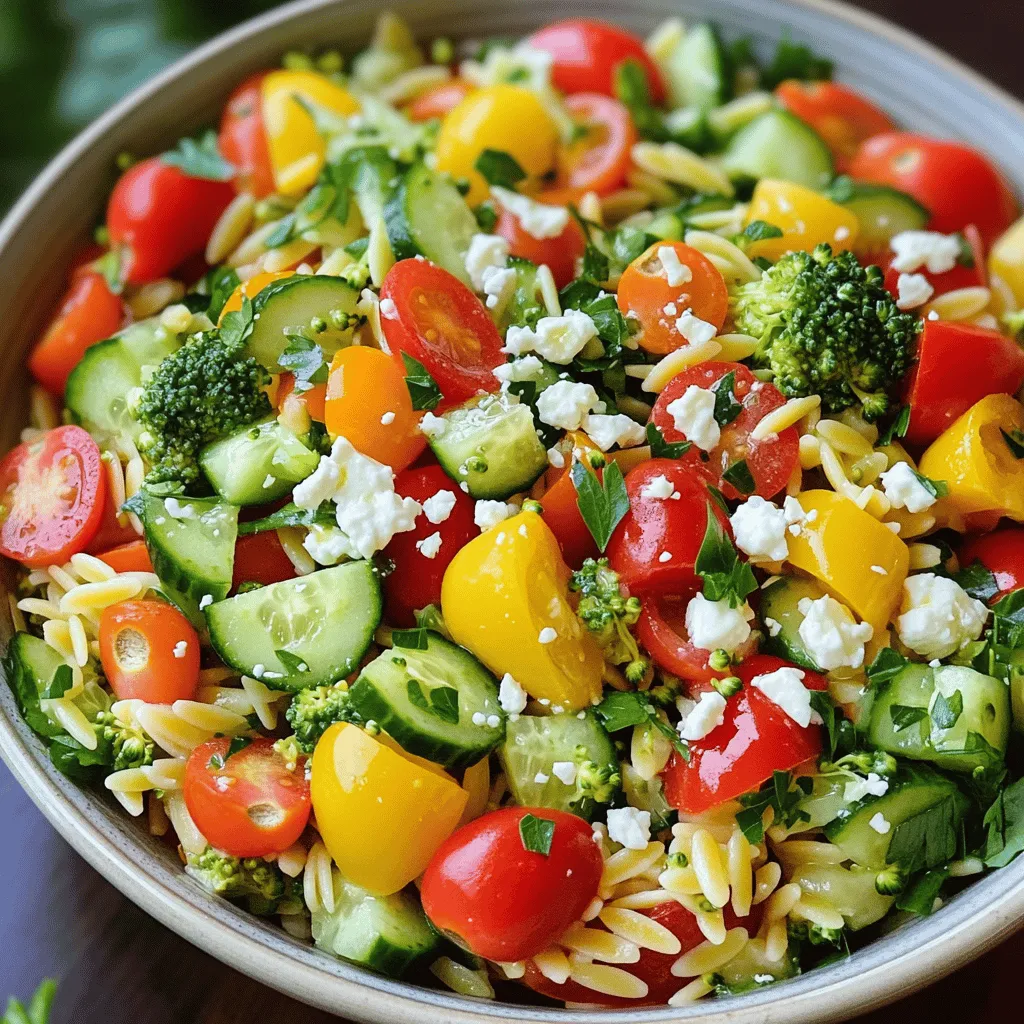 - 1 cup orzo pasta - 1 cup cherry tomatoes, halved - 1 bell pepper (red, yellow, or orange), diced - 1 cup cucumber, diced - 1 cup broccoli florets, blanched - 1/4 cup red onion, finely chopped - 1/4 cup feta cheese, crumbled (optional) - 1/4 cup olives, sliced - 1/4 cup fresh parsley, chopped - 3 tablespoons olive oil - 2 tablespoons lemon juice - 1 teaspoon dried oregano - Salt and pepper to taste Rainbow Orzo Salad is not just colorful; it's healthy, too. Each serving has about 200 calories. You'll get about 5 grams of protein, 8 grams of fat, and 30 grams of carbs. The fresh veggies give you vitamins and minerals. For example, cucumbers help with hydration. Broccoli is rich in fiber and vitamins C and K. Using olives adds healthy fats, while feta cheese gives a tasty kick. Overall, this salad is a great choice for anyone looking to eat well. You can find the full recipe in the previous section. Enjoy your time making this vibrant dish! First, fill a pot with water and add salt. Bring the water to a boil. Add 1 cup of orzo pasta to the boiling water. Cook the orzo for about 8-10 minutes. Stir occasionally to keep it from sticking. You want the orzo to be al dente, which means it should be firm but not hard. Once done, drain the orzo and rinse it under cold water. This stops the cooking and cools it down for the salad. Next, wash your vegetables well under cold water. For the cherry tomatoes, cut them in half. Dice your bell pepper into small pieces. For the cucumber, make sure to remove the skin if you prefer. Cut it into small cubes too. To prepare the broccoli, bring a small pot of water to a boil. Add the broccoli florets and cook for about 2-3 minutes. This is called blanching. After that, place the broccoli in cold water to keep its bright green color. Now it's time to combine everything. In a large bowl, add the cherry tomatoes, bell pepper, cucumber, blanched broccoli, and 1/4 cup of red onion. Make sure all the pieces are evenly mixed. Next, add the cooled orzo to the vegetable mix. Gently stir to combine everything well. In a small bowl, whisk together 3 tablespoons of olive oil, 2 tablespoons of lemon juice, 1 teaspoon of dried oregano, salt, and pepper. Pour this dressing over the salad. Toss the salad gently so that the dressing coats every bit of it. If you like, sprinkle 1/4 cup of crumbled feta cheese on top. Serve it in a large bowl. For the best flavor, refrigerate the salad for at least 30 minutes before enjoying. For the full recipe, refer to the section above. To make the Rainbow Orzo Salad shine, use fresh ingredients. Fresh herbs add a bright touch. They bring out flavors better than dried herbs. For example, use fresh parsley instead of dried. It gives a crisp taste that enhances the salad. Pair this salad with grilled chicken or fish. It complements their flavors well. You can serve it in a big bowl. Add a sprinkle of parsley and some extra cherry tomatoes on top for color. To store, keep it in an airtight container in the fridge. It stays fresh for a few days. Want to add protein? Cooked chicken or beans work great. They make the salad more filling and hearty. You can also swap out vegetables based on the season. Try zucchini in summer or roasted squash in fall. This keeps the salad exciting and fresh. For the full recipe, check out the complete guide! {{image_2}} To give your Rainbow Orzo Salad a Mediterranean twist, try adding artichokes and sun-dried tomatoes. These ingredients add a rich flavor and texture. You can mix in marinated artichokes for extra zest. Sun-dried tomatoes bring a sweet and tangy taste that pairs well with the salad's freshness. Mixing different cheese options can also enhance this version. Try feta or goat cheese for creaminess. They add a nice contrast to the crunchy veggies. If you want a vegan version, simply omit the feta cheese. You can substitute it with avocado or tahini. Both options will add creaminess and flavor. For protein alternatives, consider chickpeas or lentils. These options will make your salad filling and nutritious. They are also easy to mix into the salad, making it a hearty meal. Using seasonal veggies makes this salad even better. For summer, try zucchini or cherry tomatoes for extra sweetness. In the fall, you can add kale or butternut squash for a warm touch. Dressing variations based on seasons can also enhance flavor. In spring, use a light lemon vinaigrette. In winter, a balsamic glaze can warm up the dish. Always adjust your ingredients to match what’s fresh and available. Store your Rainbow Orzo Salad in the fridge. Use an airtight container. This keeps it fresh and safe. Make sure the salad is cool before sealing it. I suggest using glass containers. They do not retain odors and are easy to clean. Can you freeze Rainbow Orzo Salad? Yes, but it’s not ideal. Freezing can change the texture of the vegetables. If you decide to freeze it, use a freezer-safe container. Leave some space for expansion. To thaw, place the container in the fridge overnight. This keeps the salad from getting too watery. How long will the salad last? In the fridge, it lasts about three to five days. Signs of spoilage include a sour smell and slimy vegetables. If you see these signs, it’s best to toss it out. For the best taste, enjoy your Rainbow Orzo Salad fresh. If you follow these tips, you'll keep it tasty and safe to eat! For more details, check the Full Recipe. To make Rainbow Orzo Salad, start by cooking the orzo pasta. Boil water with salt and add the orzo. Cook it until it's just right, then drain and rinse it. In a big bowl, mix cherry tomatoes, diced bell pepper, cucumber, blanched broccoli, red onion, olives, and parsley. Add the cooled orzo to this mix. In a small bowl, whisk olive oil, lemon juice, oregano, salt, and pepper to make a dressing. Pour this dressing over the salad and toss to mix. If you want, sprinkle feta cheese on top and toss lightly. Chill in the fridge for about 30 minutes to blend the flavors. You can find the full recipe above for detailed steps. Yes, you can prep Rainbow Orzo Salad ahead of time. Make it a few hours before serving for the best flavor. Keep the salad in the fridge to stay fresh. If you add feta cheese, do it right before serving so it stays fresh. This way, the salad tastes even better as the flavors blend together. Rainbow Orzo Salad pairs well with many main dishes. You can serve it with grilled chicken or fish for a full meal. For a vegetarian option, try it with roasted vegetables or a hearty bean dish. It also goes great with wraps or sandwiches. You can even serve it as a side at a barbecue or picnic. Regular orzo pasta is not gluten-free. However, you can find gluten-free orzo made from rice or corn. These options work well and taste good too. Just cook them as you would regular orzo. This way, everyone can enjoy the Rainbow Orzo Salad! Rainbow Orzo Salad is vibrant and packed with flavor. We covered its ingredients, from fresh vegetables to a simple dressing. I shared step-by-step instructions to help you cook orzo and mix the salad perfectly. You learned tips to enhance taste and variations to suit any diet. Now you can enjoy this salad as a side or main dish. Try different veggies and proteins to make it your own. With these easy steps, you can whip up a healthy meal anytime. Enjoy every colorful bite!