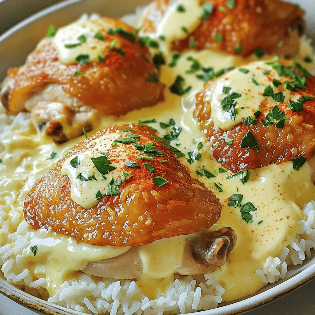 For this creamy smothered chicken and rice dish, you will need: - 4 boneless, skinless chicken thighs - 1 cup long-grain white rice - 2 cups chicken broth - 1 cup heavy cream - 1 medium onion, finely chopped - 2 cloves garlic, minced - 1 tablespoon olive oil - 1 teaspoon paprika - ½ teaspoon dried thyme - ½ teaspoon black pepper - Salt to taste - Fresh parsley for garnish These ingredients create a rich and satisfying meal that warms the heart. You might want to add some extra flavor with: - ½ cup grated Parmesan cheese - 1 cup frozen peas or mixed vegetables - 1 teaspoon lemon juice for brightness Feel free to choose any of these to tailor the dish to your taste. When measuring your ingredients, precision matters. Use a dry measuring cup for rice and a liquid measuring cup for broth and cream. It helps to level off dry ingredients with a straight edge for accuracy. For spices, use a measuring spoon and make sure you don’t pack them down. This way, you achieve the perfect balance of flavors in your creamy smothered chicken and rice. For the full recipe, refer to the detailed steps provided earlier. Start by seasoning the chicken thighs. Use paprika, thyme, black pepper, and salt. Make sure to coat both sides well. This seasoning gives the chicken great flavor. Set the coated chicken aside for a moment while you prepare to sear it. Heat olive oil in a large skillet over medium-high heat. Once hot, add the chicken thighs carefully. Sear each side for about 5-6 minutes. You want them golden brown. This step locks in juices and flavor. Once done, remove the chicken from the skillet and place it on a plate. In the same skillet, add chopped onion. Cook for about 3-4 minutes until it softens. Then, add minced garlic and sauté for 1-2 minutes until it smells good. Next, stir in the rice and toast it for 1-2 minutes. Pour in the chicken broth and bring it to a simmer. Add the seared chicken thighs back into the skillet. Cover the skillet and lower the heat. Let it all cook for about 20 minutes, or until the rice is tender. Finally, stir in the heavy cream. Let it heat for another 5 minutes until creamy. Serve with fresh parsley on top for a nice touch. For the full recipe, check out the section above. To make your dish creamy, use heavy cream. This makes a rich sauce. If you want a lighter option, try half-and-half. Stir the cream in slowly after cooking the rice. This helps blend the flavors. Let it simmer a bit longer to thicken. This extra time makes it extra smooth. Taste is key! Start with the seasonings in the recipe. After cooking, taste the dish and adjust. You might want more salt or pepper. If you love a kick, add a pinch of cayenne. Fresh herbs like parsley add brightness too. Don’t be afraid to experiment until it tastes just right. Searing your chicken is important. It locks in moisture and adds flavor. Cook it until golden brown on both sides. Don’t rush this step; it takes about 5-6 minutes per side. After searing, let the chicken rest a bit before serving. This keeps it juicy. Remember, the chicken will finish cooking in the rice, so it won’t dry out. For more details, check the Full Recipe. {{image_2}} You can swap chicken thighs for chicken breasts. Breasts cook faster and stay juicy. Consider using turkey thighs for a leaner option. If you prefer a plant-based dish, try firm tofu or jackfruit. Both absorb flavors well and give a nice texture. I love long-grain white rice in this dish, but you can use brown rice, too. Brown rice adds fiber and a nutty taste. Jasmine or basmati rice can bring a fragrant twist. Quinoa works well, offering a protein boost and unique texture. Adding vegetables can make the dish healthier and colorful. Try peas, carrots, or bell peppers for a crunch. Spinach or kale can add nutrients and flavor, too. Just toss them in during the last few minutes of cooking for a fresh touch. For the full recipe, check out [Full Recipe]. You can store leftover creamy smothered chicken and rice in the fridge. Place it in an airtight container. It will stay fresh for up to three days. Make sure to cool the dish before sealing it. This helps keep it from getting soggy. If you want to save it longer, freezing is a great option. First, let the dish cool completely. Then, put it in a freezer-safe container. You can freeze it for up to three months. When ready to eat, thaw it overnight in the fridge. Reheating is simple. You can use the microwave or stovetop. If using a microwave, cover the dish and heat in short bursts. Stir between each burst. This helps heat evenly. On the stovetop, add a splash of chicken broth. Heat over low until warmed through. Enjoy your delicious meal! For the full recipe, check out the details above. You can serve many things with this dish. A fresh side salad works well. You can also add steamed veggies like broccoli or green beans. For a hearty meal, serve with warm bread or rolls. These options balance the creamy rice and chicken. Yes, you can prepare this dish ahead. Cook the chicken and rice, then let it cool. Store in an airtight container in the fridge. When you're ready to eat, just heat it up. Add a bit of cream if it seems dry. To store leftovers, let them cool first. Transfer any extra to a container with a lid. Keep it in the fridge for up to three days. If you want to keep it longer, freeze it. Just thaw overnight before reheating. Check out the Full Recipe for more details on cooking and storing. You learned how to make creamy smothered chicken and rice. We covered the main and optional ingredients, plus how to measure them. I shared step-by-step instructions that show how to prepare the chicken and cook the rice. Tips on keeping it creamy and tasty followed. We also explored variations, like veggie options. Finally, I gave storage and reheating advice. This dish is simple, fun, and adaptable. You can impress friends and family with it. Enjoy your cooking adventure!
