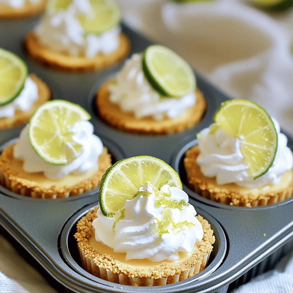 - 1/4 cup fresh key lime juice - 16 oz cream cheese, softened - 1 cup sour cream Fresh ingredients are key to this recipe. Key lime juice gives the cheesecakes their unique tart flavor. If you can’t find key limes, regular limes work well too. Cream cheese adds that creamy texture. Make sure it’s softened to mix easily. Sour cream adds a nice tang and helps balance the sweetness. - 1 1/2 cups graham cracker crumbs - 1/4 cup unsalted butter, melted - 1/3 cup sugar The crust is simple but very tasty. Graham cracker crumbs provide a sweet and crunchy base. Melted unsalted butter helps bind the crumbs together. Sugar adds sweetness and enhances the flavor of the crust. Mixing these together gives you a perfect base for your mini cheesecakes. - Whipped cream - Lime slices - Additional lime zest Toppings make your mini cheesecakes look beautiful. A dollop of whipped cream on top adds richness. Lime slices provide a pop of color. Adding lime zest gives an extra burst of flavor. You can get creative with your toppings to make each cheesecake special. For the full recipe, check the earlier section on the ingredients. 1. Preheat the oven: Start by preheating your oven to 325°F (160°C). This is key for a crispy crust. 2. Combine crust ingredients: In a bowl, mix 1 1/2 cups of graham cracker crumbs, 1/3 cup of sugar, and 1/4 cup of melted unsalted butter. Stir until all crumbs are coated. 3. Press into muffin tin: Line a muffin tin with cupcake liners. Pack 2 tablespoons of the crumb mixture into each cup. 1. Beat cream cheese and sugar: In a large bowl, beat 16 oz of softened cream cheese with 1/2 cup of sugar. Mix until it is smooth and creamy. 2. Incorporate eggs and lime elements: Add in 1 cup of sour cream, 3 large eggs (one at a time), 1/4 cup of fresh key lime juice, the zest of 2 key limes, and 1 teaspoon of vanilla extract. Mix until all ingredients blend well. 1. Fill the crusts with filling: Spoon the cheesecake mixture over the cooled crusts, filling each cup almost to the top. 2. Bake to perfection: Bake in the oven for about 18 to 20 minutes. The centers should jiggle slightly when done. 3. Chill for the best texture: Let them cool to room temperature, then transfer to the fridge. Chill for at least 4 hours, or overnight for the best results. You can find the complete instructions in the Full Recipe. Enjoy your baking! To make your mini key lime pie cheesecakes perfect, focus on the texture. The filling should be smooth and creamy. Mix the cream cheese and sugar well. You want no lumps! When you add the eggs, do it one at a time. This helps keep the filling light. For baking time, keep an eye on the cheesecakes. Bake them at 325°F for 18 to 20 minutes. You want the centers to be just set. They may look a bit jiggly. That’s okay! They will firm up as they cool. Presentation matters! Use a nice plate to showcase your mini cheesecakes. Top each one with a swirl of whipped cream. Add a slice of lime on top. A sprinkle of lime zest adds color and flavor. Pair these treats with fresh fruit or a light salad. They work well with a cold glass of iced tea or lemonade. The citrus flavors complement each other nicely. Cracks can ruin the look of your cheesecakes. To prevent this, do not overmix the filling. Also, avoid opening the oven door too early. Let them cool slowly in the oven after baking. To ensure your cheesecakes set properly, chill them in the fridge for at least 4 hours. For best results, let them chill overnight. This helps the flavors meld and the texture smooth out. If they still seem soft after chilling, they may need more time in the fridge. For the full recipe, check out the detailed steps provided earlier. {{image_2}} You can change the flavor of these mini key lime pie cheesecakes to suit your taste. - Using different citrus fruits: Try using lemon, orange, or grapefruit juice instead of lime. Each fruit adds a unique twist to your cheesecakes. For a sweeter option, use blood orange juice for a hint of sweetness and a beautiful color. - Incorporating chocolate or berries: Add melted chocolate to the filling for a rich flavor. You can also mix in fresh or frozen berries like raspberries or blueberries for a fruity delight. Just be sure to adjust the sugar to balance the flavors. These cheesecakes can fit many dietary needs. - Gluten-free options: Use gluten-free graham cracker crumbs for the crust. Many brands offer great alternatives that taste just as good. - Vegan adaptations: Replace cream cheese with a plant-based version and use non-dairy yogurt instead of sour cream. Swap eggs for flaxseed meal mixed with water or silken tofu for a creamy texture. You can easily modify the size of these cheesecakes. - Mini vs. full-size cheesecake: If you prefer a larger dessert, use a springform pan instead of muffin tins. Just remember to adjust the baking time to ensure it cooks evenly. - Adjusting recipe for larger batches: Simply double or triple the ingredients to make more servings. Use a larger muffin tin or multiple pans to bake all at once. For the complete recipe, check out the Full Recipe. To keep your mini key lime pie cheesecakes fresh, store them in the fridge. Place them in an airtight container. This helps keep moisture out and flavor in. If you want to enjoy them later, you can freeze them too. Wrap each cheesecake in plastic wrap, then place them in a freezer bag. This keeps them safe from freezer burn. How long do they last? In the fridge, your cheesecakes will stay fresh for about five days. If you freeze them, they can last up to three months. What are the signs of spoilage? Look for any off smells or changes in color. If the texture looks odd or you see mold, it’s best to toss them. For the best taste, serve your leftovers cold. If you prefer them warm, use the oven. Preheat it to 300°F (150°C) and place the cheesecakes in for about 10 minutes. Use a clean storage container to keep them in the fridge or freezer. A glass container works great, as it seals tightly and keeps them fresh longer. For the full recipe, check out the [Full Recipe]. To make these mini cheesecakes, follow these steps: 1. Preheat the Oven: Set your oven to 325°F (160°C). 2. Make the Crust: In a bowl, mix 1 1/2 cups of graham cracker crumbs, 1/3 cup sugar, and 1/4 cup melted butter. Stir until the crumbs are coated. 3. Prepare Muffin Tin: Line a muffin tin with cupcake liners. Press about 2 tablespoons of the crumb mixture into each cup. 4. Bake the Crust: Bake for about 8 minutes until golden. Let them cool. 5. Prepare the Filling: Beat 16 oz of softened cream cheese with 1/2 cup sugar until smooth. 6. Add Ingredients: Mix in 1 cup sour cream, 3 eggs (one at a time), 1/4 cup key lime juice, lime zest, and 1 teaspoon vanilla. 7. Fill the Cups: Spoon the filling over the cooled crusts, filling almost to the top. 8. Bake the Cheesecakes: Bake for 18-20 minutes until the centers jiggle slightly. Let them cool to room temperature. 9. Chill: Refrigerate for at least 4 hours, or overnight for best results. 10. Serve: Top with whipped cream, a lime slice, and zest before serving. Recommended Tools: - Muffin tin - Mixing bowls - Electric mixer - Measuring cups and spoons Yes, you can use regular limes in this recipe. Key limes are smaller and have a unique tartness. Using regular limes will change the flavor slightly. Substitution Suggestions: - Use equal amounts of regular lime juice. - Adjust the sugar based on your taste preference, as regular limes can be more tart. Each mini cheesecake contains about 180 calories. Caloric Breakdown: - Calories: 180 - Total Fat: 10g - Saturated Fat: 5g - Carbohydrates: 20g - Sugar: 12g - Protein: 3g Key Nutrients per Serving: - Calcium: 45 mg - Vitamin C: 5 mg For the full recipe, refer to the section above. In this blog post, we explored how to make mini key lime pie cheesecakes. We covered ingredients like fresh key lime juice, cream cheese, and a tasty graham cracker crust. I shared step-by-step instructions, from preparing the crust to baking and chilling the cheesecakes. We also discussed tips for perfecting your dish, fun variations, and proper storage methods. These desserts are a delicious treat for any occasion. With practice, you can create a tasty and impressive dessert that everyone will love. Enjoy your baking journey!
