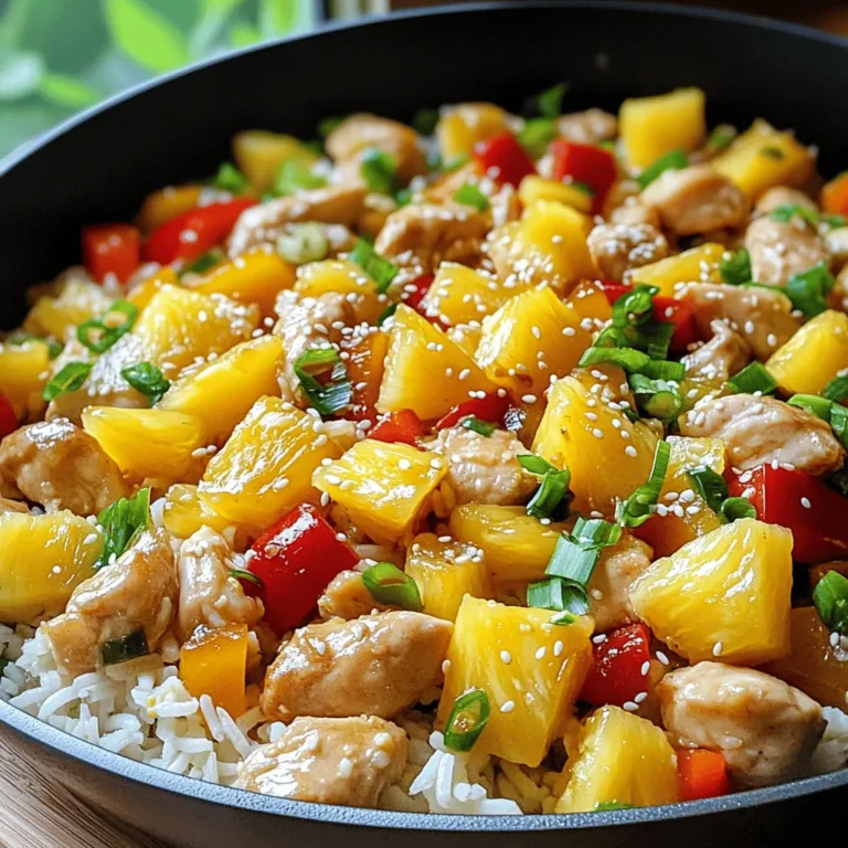 - 2 chicken breasts, diced - 1 cup long-grain white rice - 1 can (20 oz) pineapple chunks in juice, drained and juice reserved - 1 bell pepper (red or yellow), diced - 1 medium onion, chopped - 2 cloves garlic, minced - 1 cup chicken broth - 2 tablespoons soy sauce - 1 tablespoon olive oil - 1 teaspoon ginger, grated - Salt and pepper to taste - Green onions and sesame seeds for garnish When measuring ingredients, use a dry measuring cup for rice. Use a liquid measuring cup for broth and juice. This helps you get the right amount for the best flavor. You can swap chicken for tofu for a vegetarian option. Use brown rice for a healthier twist, but remember it takes longer to cook. If you want a sweeter touch, add mango chunks or coconut. These swaps keep the dish fresh and fun! For the full recipe, check out the Tropical Pineapple Chicken & Rice Skillet. Cooking the Chicken First, heat olive oil in a large skillet over medium heat. Add the diced chicken. Season it with salt and pepper. Cook until the chicken turns golden and is fully cooked, about 5 to 7 minutes. This step is key for building flavor. Sautéing the Vegetables Once the chicken is cooked, add the chopped onion, diced bell pepper, and minced garlic. Sauté the mixture for about 3 to 4 minutes. You want the veggies to soften but not lose their crunch. The garlic will add a lovely aroma. Mixing in Rice and Pineapple Next, stir in the rice and grated ginger. Then, add the drained pineapple chunks along with the reserved juice. This step adds a sweet and tangy flavor that complements the chicken. Make sure to mix everything well. Adding Broth and Sauce Now, pour in the chicken broth and soy sauce. Bring the mixture to a boil. This liquid will help cook the rice and create a rich flavor. Once it boils, reduce the heat to low. Simmering the Dish Cover the skillet and let it simmer for about 15 to 20 minutes. This allows the rice to absorb most of the liquid. Keep an eye on it to prevent it from sticking. Fluffing the Rice After simmering, remove the skillet from heat. Let it sit for 5 minutes before uncovering. Fluff the rice gently with a fork. This makes the dish light and airy, ready for serving. For the full recipe, check out the details above! - Avoiding Sticky Rice To keep rice fluffy, rinse it before cooking. Rinsing removes extra starch. Use a fine mesh strainer and run cold water over the rice until it runs clear. This step helps the rice stay separate. - Adjusting Liquid Ratios For long-grain rice, the standard ratio is 1 cup of rice to 2 cups of liquid. Since we add pineapple juice and broth, adjust the total liquid. Use 1 cup of pineapple juice and 1 cup of broth. This gives great flavor while ensuring the rice cooks well. - Adding Spices and Herbs Spice it up! Add a pinch of cayenne pepper for heat or smoked paprika for a smoky taste. Fresh herbs like cilantro or basil add freshness. You can mix these in while cooking for a nice burst of flavor. - Incorporating Additional Vegetables Want more veggies? Try adding peas, corn, or carrots. You can toss them in with the chicken and cook until tender. This not only boosts nutrition but also makes the dish colorful and appealing. - Garnishing Ideas Make it pretty! Garnish with sliced green onions and toasted sesame seeds. These add brightness and crunch. You can also sprinkle some lime juice for a zesty touch. - Pairing with Side Dishes Serve with a simple side salad or steamed broccoli. These sides complement the meal without overpowering it. You can also enjoy it with crusty bread to soak up the delicious juices. For the full recipe, check out the Tropical Pineapple Chicken & Rice Skillet! {{image_2}} Adding mango or coconut brings a fresh twist to this dish. You can dice ripe mango and mix it in during the last few minutes of cooking. This adds sweetness and a vibrant color. If you prefer coconut, use coconut milk instead of chicken broth. This change adds creaminess and a lovely tropical flavor. Using different proteins can also enhance the meal. Feel free to swap chicken for shrimp or tofu. For shrimp, cook them just until pink. For tofu, use firm tofu and sauté until golden. Both options create a delightful taste. If you need to make it gluten-free, substitute regular soy sauce for tamari. This small change keeps the dish safe for those with gluten sensitivities. Always double-check labels to ensure all ingredients are gluten-free. For vegetarian alternatives, replace the chicken with chickpeas or lentils. These options add protein and texture. You can also use vegetable broth instead of chicken broth for a full vegetarian flavor. For a Thai-inspired pineapple chicken, add Thai basil and a splash of lime juice. This makes the flavors pop and gives a fresh taste. You can also add some crushed red pepper for heat. If you want to create a Hawaiian-style dish, consider adding diced ham or bacon. This savory addition pairs well with the sweetness of the pineapple. Use it as a topping or mix it into the skillet for extra flavor. Explore these variations to fit your tastes and dietary needs. Each twist makes the pineapple chicken and rice skillet a fun and exciting meal. You can find the full recipe above for all the details! To keep your Pineapple Chicken and Rice Skillet fresh, follow these tips: - Refrigeration Guidelines: Once the dish cools down, store it in an airtight container. It stays good for up to three days in the fridge. - Freezing Instructions: For longer storage, freeze the dish. Place it in a freezer-safe container. It lasts for about three months in the freezer. When you're ready to enjoy leftovers, here’s how to reheat it well: - Best Practices for Microwave Heating: Use a microwave-safe bowl. Cover it loosely with a lid or paper towel. Heat for about two minutes, stirring halfway through. - Stovetop Reheating Techniques: Heat in a skillet over medium heat. Add a splash of chicken broth to prevent drying out. Stir for about five to seven minutes until heated through. Knowing how long your dish lasts is key: - How Long It Lasts in Fridge: In the fridge, your Pineapple Chicken and Rice Skillet is best within three days. - Timeframe for Freezing: When frozen, it can last up to three months. Just remember to label the container with the date! Enjoy this flavorful dish again and again with these simple storage and reheating tips! For the full recipe, check out the Tropical Pineapple Chicken & Rice Skillet section above. Yes, you can use brown rice. It adds a nutty flavor and is healthier. Just remember, brown rice takes longer to cook. You will need about 45-50 minutes total cook time instead of 20 minutes. Adjust the liquid as well. For every cup of brown rice, you might need 2 cups of broth. This dish is not spicy. It has a mild flavor from the chicken and pineapple. The ginger gives it a bit of warmth but not heat. If you want some spice, add red pepper flakes or your favorite hot sauce. Just a pinch can make a big difference. This dish is great on its own, but you can add more sides. A fresh salad pairs well, offering a crisp bite. You might also enjoy steamed broccoli or snap peas for color and crunch. Try serving it with crispy spring rolls for a fun twist. Yes, you can make it ahead of time. Cook the dish and let it cool. Store it in an airtight container in the fridge. It will last for about three days. Reheat it on the stove or in the microwave before serving. Just make sure it’s heated all the way through. Yes, you can create a vegan version easily. Substitute the chicken with tofu or chickpeas. Use vegetable broth instead of chicken broth. The rest of the ingredients remain the same. This keeps the dish flavorful and hearty. Enjoy this vegan twist without losing the tasty essence of the original dish. For the full recipe, check out the earlier section. This blog post covers every step to create a tasty Pineapple Chicken and Rice Skillet. You learned about the key ingredients, cooking methods, and variations to try. Using simple tips, you can make the dish perfect each time. Remember, feel free to add your own twist with spices or veggies. Enjoy creating this meal that brings tropical flavors to your table. Whether you keep it classic or make it unique, you’ll love the results. Happy cooking!