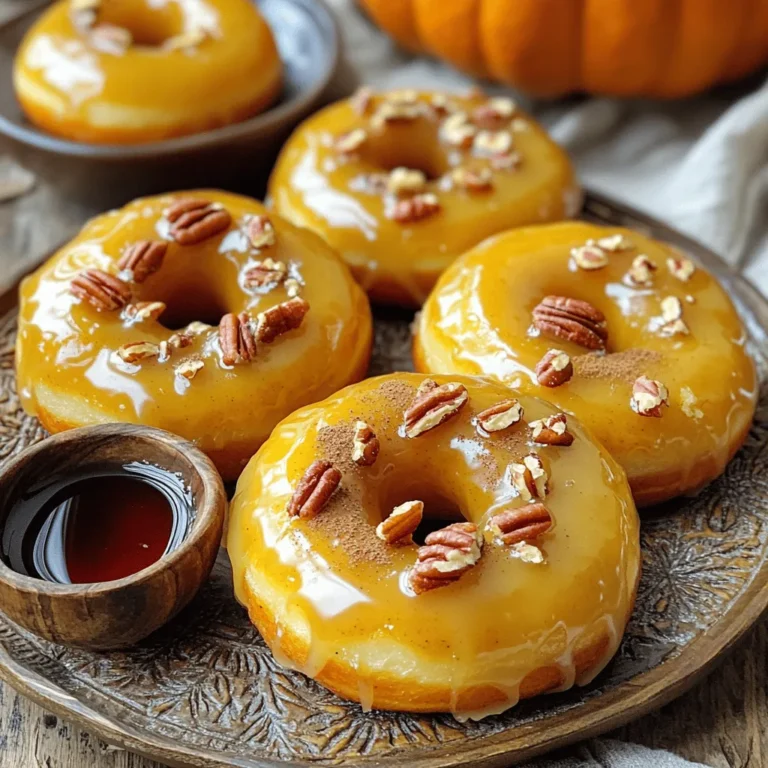 To make these delightful maple glazed pumpkin donuts, gather the following ingredients: - 1 cup canned pumpkin puree - 1/2 cup brown sugar - 1/4 cup granulated sugar - 1/2 cup vegetable oil - 2 large eggs - 1 teaspoon vanilla extract - 2 teaspoons baking powder - 1 teaspoon baking soda - 1 teaspoon ground cinnamon - 1/2 teaspoon ground nutmeg - 1/2 teaspoon salt - 2 1/2 cups all-purpose flour - 1/4 cup maple syrup (for glaze) - 1 cup powdered sugar (for glaze) - 2 tablespoons milk or dairy-free alternative (for glaze) Each measurement is key for the best taste. If you want to swap ingredients, here are some ideas: - Use coconut oil instead of vegetable oil for a richer flavor. - Replace granulated sugar with coconut sugar for a deeper taste. - For a dairy-free option, replace milk with almond or oat milk. If you don't have eggs, a flaxseed or chia seed mixture works great. Just mix one tablespoon of seeds with three tablespoons of water and let it sit for a few minutes. Choosing fresh and high-quality ingredients makes a big difference. Here are my tips: - Use pure pumpkin puree, not pumpkin pie filling. The filling has added sugars and spices. - Check your spices for freshness; they lose flavor over time. - Use fresh eggs for better texture and taste. - When buying flour, look for unbleached all-purpose flour for a finer taste. Using quality ingredients helps make your donuts soft and tasty. For the full recipe, check out the details on making these perfect treats! Start by preheating your oven to 350°F (175°C). This temperature helps the donuts bake evenly. While the oven warms, lightly spray your donut pan with non-stick spray. This will stop the donuts from sticking. Make sure to coat each cavity well for easy removal later. Take a large mixing bowl and add the pumpkin puree. Next, add the brown sugar and granulated sugar. Pour in the vegetable oil, then crack in the two large eggs. Add the vanilla extract last. Use a whisk to mix everything together until it is smooth. You want to blend the wet ingredients well so the flavors mix. In another bowl, mix the dry ingredients. Combine the baking powder, baking soda, ground cinnamon, ground nutmeg, salt, and all-purpose flour. Stir the dry mixture well to break up any lumps. This step is key as it ensures that the baking powder and spices spread evenly through the donuts. Now, take the dry mixture and add it to the bowl with the wet ingredients. Gently fold them together until you see no more streaks of flour. Be careful here; overmixing can make the donuts tough. Once mixed, carefully spoon the batter into the donut pan, filling each cavity about 3/4 full. Bake the donuts for 10-12 minutes. To check for doneness, insert a toothpick into the center. If it comes out clean, your donuts are ready! Let them cool in the pan for 5 minutes before moving them to a wire rack. While your donuts are cooling, it’s time to make the maple glaze. In a bowl, whisk together the maple syrup, powdered sugar, and milk. Adjust the glaze thickness by adding more milk for a thinner glaze or more powdered sugar for a thicker one. Once your donuts are cool, dip the tops into the glaze. Let excess glaze drip off before placing them on a wire rack to set. For the best look, arrange the donuts on a decorative plate and enjoy! You can find the Full Recipe for more details. To get soft and fluffy donuts, do not overmix your batter. Mix just until you see no flour streaks. Use room temperature ingredients for a smoother blend. Also, be sure to grease your donut pan well. This helps the donuts release easily after baking. Baking at 350°F gives you the right heat for a golden finish. For a shiny and smooth glaze, dip the tops of the donuts into the glaze while they are still warm. This helps the glaze stick better. Let the excess drip off before placing them on a wire rack. If you want a thicker glaze, add more powdered sugar. For a thinner glaze, add a bit more milk. You can even drizzle some extra glaze on top for a fun look. Avoid overmixing your batter. This makes the donuts tough. Don’t forget to preheat your oven. It ensures even baking. If you bake the donuts too long, they will dry out. Check for doneness with a toothpick. If it comes out clean, they are ready. Lastly, let the donuts cool completely before glazing. If they are warm, the glaze will melt off. For more tips, check out the full recipe for Maple Glazed Pumpkin Donuts! {{image_2}} You can easily switch up the flavors of your maple glazed pumpkin donuts. Add chocolate chips for a rich taste. Mix in chopped nuts for crunch. You might also try spices like ginger or allspice. These changes bring new life to a classic treat. To make these donuts gluten-free, swap all-purpose flour for a gluten-free blend. Look for a blend that has a good mix of flours and starches. This keeps the texture light and fluffy. Always check labels for safe, gluten-free ingredients. If you want a vegan version, replace the eggs with flax eggs. Mix one tablespoon of flaxseed meal with three tablespoons of water. Let it sit for about five minutes to thicken. You can also use almond milk instead of dairy milk in the glaze. These swaps keep the flavor intact while making it plant-based. For the full recipe, check the section above. Enjoy experimenting! After enjoying your maple glazed pumpkin donuts, you may have some left. To keep them fresh, store the donuts in an airtight container. Place a piece of parchment paper between layers if you stack them. This keeps the glaze from sticking. Store them at room temperature for up to three days. If they last longer, move them to the fridge for up to a week. Freezing donuts is a great way to save extra treats for later. Let the donuts cool completely before freezing. Wrap each donut in plastic wrap, then place them in a freezer bag. Squeeze out as much air as possible before sealing. You can freeze them for up to three months. When you want one, just take it out and let it thaw at room temperature. Reheating donuts can bring back their fresh taste. For the best results, use an oven. Preheat the oven to 350°F (175°C). Place the donuts on a baking sheet and warm them for about 5-7 minutes. This helps the glaze soften again and keeps the donut moist. If you prefer, you can also use a microwave. Heat each donut for about 10-15 seconds. But be careful not to overheat, or they will get tough. Enjoy your donuts warm! To thicken the glaze, add more powdered sugar. Start with a small amount and whisk. Keep adding until it reaches your desired thickness. A thicker glaze sticks better to the donuts. This makes them look even more delicious! Yes, you can use homemade pumpkin puree. Just make sure to remove excess moisture. This helps keep your donuts from becoming too wet. The flavor will be fresh and vibrant, adding a personal touch to your treats. You can use a few options as egg substitutes. Try using 1/4 cup of applesauce or mashed banana for each egg. You can also use flaxseed meal mixed with water. Just mix 1 tablespoon of flaxseed meal with 2.5 tablespoons of water and let it sit for a few minutes. These donuts stay fresh for about two days at room temperature. If you want them to last longer, store them in an airtight container in the fridge. They can last up to a week this way. For even longer storage, freeze them for up to three months. Just warm them up before serving for a fresh taste! We covered a lot in this post. We looked at key ingredients and their quality. You learned how to mix, bake, and glaze your donuts step by step. I shared tips for great texture and common mistakes. We also explored fun variations, storage methods, and answered common questions. I hope this guide makes you excited to bake. Enjoy your homemade donuts, and remember, practice makes perfect!