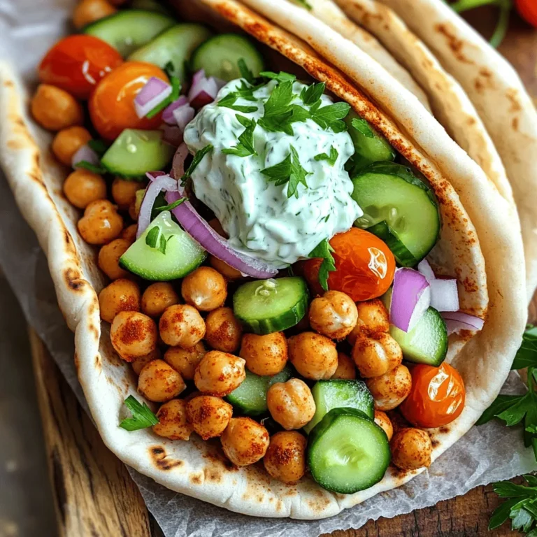 To make roasted chickpea gyros, gather these items: - 1 can (15 oz) chickpeas, drained and rinsed - 2 tablespoons olive oil - 1 tablespoon smoked paprika - 1 teaspoon garlic powder - 1 teaspoon ground cumin - Salt and pepper to taste - 4 pita breads - 1 cup cucumber, diced - 1 cup cherry tomatoes, halved - ½ red onion, thinly sliced - ½ cup tzatziki sauce - Fresh parsley, chopped (for garnish) These ingredients work together to create a tasty and filling meal. The chickpeas serve as the star of the dish. They provide protein and fiber, making this meal healthy. While the gyros are delicious as is, you may want to add some garnishes. Here are some ideas: - Feta cheese, crumbled - Sliced olives - Extra fresh herbs, like dill or mint These garnishes can enhance the flavor and make your gyros even more special. You can mix and match to find what you love. If you can't find something on the list, don't worry! Here are some swaps you can try: - Swap chickpeas for canned black beans for a different taste. - Use avocado instead of tzatziki for a creamy touch. - Try whole wheat pita for a healthier option. Feel free to get creative. Cooking is all about personal preference. You can make this recipe your own! For the complete recipe, check out the Full Recipe. First, you need to preheat your oven to 400°F (200°C). This step is key for crispy chickpeas. While the oven heats, gather your chickpeas. Drain and rinse one can of chickpeas. Place them in a medium bowl. Next, add 2 tablespoons of olive oil. Then, sprinkle in 1 tablespoon of smoked paprika, 1 teaspoon of garlic powder, and 1 teaspoon of ground cumin. Don’t forget salt and pepper to taste! Mix everything well, so all the chickpeas get coated in those tasty spices. Once your oven is hot, spread the chickpeas in a single layer on a baking sheet. Make sure they are not crowded. This helps them roast evenly. Place the baking sheet in the oven. Roast for about 25-30 minutes. Halfway through, shake the pan to move the chickpeas around. This ensures they cook well and get nice and crispy. After the chickpeas are roasted, take them out of the oven and let them cool for a minute. While they cool, warm your pita breads in the oven or on a skillet for about one minute. This makes them soft and easy to fold. Now, it’s time to build your gyros! Take a warm pita and fill it with roasted chickpeas. Next, add a mix of diced cucumber, halved cherry tomatoes, and sliced red onion. Top it all off with a big scoop of tzatziki sauce. For a fresh touch, sprinkle some chopped parsley on top. For more details, check the Full Recipe. To get the best roasted chickpeas, start with dry chickpeas. Make sure to drain and rinse them well. Moisture can make them soggy. After mixing them with oil and spices, spread them out on the baking sheet. This helps them roast evenly. Roast them for 25 to 30 minutes. Shake the pan halfway through to avoid burning. You want them crunchy and golden. The right seasonings can turn good chickpeas into great ones. I love using smoked paprika for a rich taste. Garlic powder adds depth without being too strong. Ground cumin gives a warm, earthy flavor. Feel free to adjust the salt and pepper to your liking. You can also try adding cayenne pepper for a kick. Experiment with herbs like oregano or thyme for a different twist. Presentation matters when serving your roasted chickpea gyros. I like to serve them on a wooden board. Wrap each gyro in parchment paper for a rustic look. This adds a fun touch to the meal. Don’t forget to add a side of tzatziki sauce for dipping. It pairs perfectly with the flavors in the gyros. Fresh parsley on top makes the dish pop with color. For the full recipe, check out the details above! {{image_2}} You can swap out tzatziki for different sauces. Try hummus for a creamy twist. A tahini sauce adds a nutty flavor. If you want some heat, drizzle on sriracha or hot sauce. Each sauce gives a new taste to your gyros. Mix and match to find your favorite. Boost the nutrition and taste with more veggies. Try adding bell peppers, shredded carrots, or spinach. You can even use roasted veggies like zucchini or eggplant. These additions make your gyros colorful and tasty. Plus, they add crunch and freshness. If you need gluten-free options, use lettuce wraps instead of pita. This swap gives you a light and fresh meal. For low-carb, skip the pita and load up on chickpeas and veggies. You can also use cauliflower wraps, which work great. These options keep your meal healthy and fun. For the full recipe, check out the detailed steps above. Enjoy your Roasted Chickpea Gyros! To store your leftovers, place the gyros in an airtight container. This keeps them fresh. You can store them in the fridge for up to three days. Make sure to separate the roasted chickpeas from the veggies and sauce. This way, they stay crispy and do not get soggy. When you are ready to enjoy your leftovers, preheat your oven to 350°F (175°C). Place the roasted chickpeas on a baking sheet. Heat them for about 10 minutes. This helps them regain their crunch. For the pita, wrap it in foil and warm it in the oven for 5 minutes. This keeps it soft and tasty. If you want to freeze the roasted chickpeas, place them in a freezer-safe bag. Remove as much air as possible before sealing. You can freeze them for up to three months. When you are ready to eat, thaw them in the fridge overnight. Then, reheat them in the oven as mentioned earlier. Enjoy the Full Recipe for more details on making these delicious gyros! Yes, you can make Roasted Chickpea Gyros ahead of time. Prepare the roasted chickpeas and tzatziki sauce. Store them in separate containers in the fridge. You can also chop your veggies and keep them in a bowl. When you are ready to eat, warm the pita bread and assemble your gyros. This makes meal prep easy and saves time during busy days. Warming pita bread is simple. You can use the oven or a skillet. For the oven, preheat it to 350°F (175°C). Wrap the pita in foil and warm for about 5 minutes. If you use a skillet, place it on medium heat. Heat each pita for about 30 seconds on each side. This makes your pita soft and warm, perfect for filling. Making tzatziki sauce at home is easy. Combine 1 cup of Greek yogurt with 1 small cucumber, shredded and drained. Add 1 clove of minced garlic, 1 tablespoon of lemon juice, and salt to taste. Mix everything well and let it sit in the fridge for at least 30 minutes. This helps the flavors blend together. Now you have a fresh, tasty sauce for your gyros! For the full recipe, check out the Roasted Chickpea Gyros section. We explored how to make tasty Roasted Chickpea Gyros. You learned the key ingredients and optional garnishes. I shared step-by-step instructions for roasting chickpeas and assembling your gyros. Tips on roasting and serving for the best flavor were also included. Plus, we discussed variations for sauces and veggies, and how to store leftovers. Experiment with ingredients and flavors. Enjoy your healthy meals!