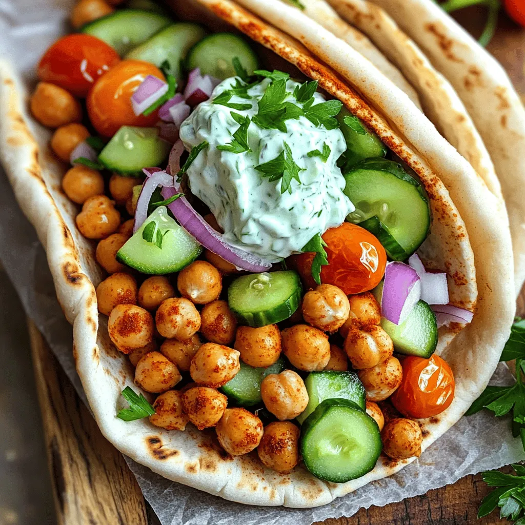 To make roasted chickpea gyros, gather these items: - 1 can (15 oz) chickpeas, drained and rinsed - 2 tablespoons olive oil - 1 tablespoon smoked paprika - 1 teaspoon garlic powder - 1 teaspoon ground cumin - Salt and pepper to taste - 4 pita breads - 1 cup cucumber, diced - 1 cup cherry tomatoes, halved - ½ red onion, thinly sliced - ½ cup tzatziki sauce - Fresh parsley, chopped (for garnish) These ingredients work together to create a tasty and filling meal. The chickpeas serve as the star of the dish. They provide protein and fiber, making this meal healthy. While the gyros are delicious as is, you may want to add some garnishes. Here are some ideas: - Feta cheese, crumbled - Sliced olives - Extra fresh herbs, like dill or mint These garnishes can enhance the flavor and make your gyros even more special. You can mix and match to find what you love. If you can't find something on the list, don't worry! Here are some swaps you can try: - Swap chickpeas for canned black beans for a different taste. - Use avocado instead of tzatziki for a creamy touch. - Try whole wheat pita for a healthier option. Feel free to get creative. Cooking is all about personal preference. You can make this recipe your own! For the complete recipe, check out the Full Recipe. First, you need to preheat your oven to 400°F (200°C). This step is key for crispy chickpeas. While the oven heats, gather your chickpeas. Drain and rinse one can of chickpeas. Place them in a medium bowl. Next, add 2 tablespoons of olive oil. Then, sprinkle in 1 tablespoon of smoked paprika, 1 teaspoon of garlic powder, and 1 teaspoon of ground cumin. Don’t forget salt and pepper to taste! Mix everything well, so all the chickpeas get coated in those tasty spices. Once your oven is hot, spread the chickpeas in a single layer on a baking sheet. Make sure they are not crowded. This helps them roast evenly. Place the baking sheet in the oven. Roast for about 25-30 minutes. Halfway through, shake the pan to move the chickpeas around. This ensures they cook well and get nice and crispy. After the chickpeas are roasted, take them out of the oven and let them cool for a minute. While they cool, warm your pita breads in the oven or on a skillet for about one minute. This makes them soft and easy to fold. Now, it’s time to build your gyros! Take a warm pita and fill it with roasted chickpeas. Next, add a mix of diced cucumber, halved cherry tomatoes, and sliced red onion. Top it all off with a big scoop of tzatziki sauce. For a fresh touch, sprinkle some chopped parsley on top. For more details, check the Full Recipe. To get the best roasted chickpeas, start with dry chickpeas. Make sure to drain and rinse them well. Moisture can make them soggy. After mixing them with oil and spices, spread them out on the baking sheet. This helps them roast evenly. Roast them for 25 to 30 minutes. Shake the pan halfway through to avoid burning. You want them crunchy and golden. The right seasonings can turn good chickpeas into great ones. I love using smoked paprika for a rich taste. Garlic powder adds depth without being too strong. Ground cumin gives a warm, earthy flavor. Feel free to adjust the salt and pepper to your liking. You can also try adding cayenne pepper for a kick. Experiment with herbs like oregano or thyme for a different twist. Presentation matters when serving your roasted chickpea gyros. I like to serve them on a wooden board. Wrap each gyro in parchment paper for a rustic look. This adds a fun touch to the meal. Don’t forget to add a side of tzatziki sauce for dipping. It pairs perfectly with the flavors in the gyros. Fresh parsley on top makes the dish pop with color. For the full recipe, check out the details above! {{image_2}} You can swap out tzatziki for different sauces. Try hummus for a creamy twist. A tahini sauce adds a nutty flavor. If you want some heat, drizzle on sriracha or hot sauce. Each sauce gives a new taste to your gyros. Mix and match to find your favorite. Boost the nutrition and taste with more veggies. Try adding bell peppers, shredded carrots, or spinach. You can even use roasted veggies like zucchini or eggplant. These additions make your gyros colorful and tasty. Plus, they add crunch and freshness. If you need gluten-free options, use lettuce wraps instead of pita. This swap gives you a light and fresh meal. For low-carb, skip the pita and load up on chickpeas and veggies. You can also use cauliflower wraps, which work great. These options keep your meal healthy and fun. For the full recipe, check out the detailed steps above. Enjoy your Roasted Chickpea Gyros! To store your leftovers, place the gyros in an airtight container. This keeps them fresh. You can store them in the fridge for up to three days. Make sure to separate the roasted chickpeas from the veggies and sauce. This way, they stay crispy and do not get soggy. When you are ready to enjoy your leftovers, preheat your oven to 350°F (175°C). Place the roasted chickpeas on a baking sheet. Heat them for about 10 minutes. This helps them regain their crunch. For the pita, wrap it in foil and warm it in the oven for 5 minutes. This keeps it soft and tasty. If you want to freeze the roasted chickpeas, place them in a freezer-safe bag. Remove as much air as possible before sealing. You can freeze them for up to three months. When you are ready to eat, thaw them in the fridge overnight. Then, reheat them in the oven as mentioned earlier. Enjoy the Full Recipe for more details on making these delicious gyros! Yes, you can make Roasted Chickpea Gyros ahead of time. Prepare the roasted chickpeas and tzatziki sauce. Store them in separate containers in the fridge. You can also chop your veggies and keep them in a bowl. When you are ready to eat, warm the pita bread and assemble your gyros. This makes meal prep easy and saves time during busy days. Warming pita bread is simple. You can use the oven or a skillet. For the oven, preheat it to 350°F (175°C). Wrap the pita in foil and warm for about 5 minutes. If you use a skillet, place it on medium heat. Heat each pita for about 30 seconds on each side. This makes your pita soft and warm, perfect for filling. Making tzatziki sauce at home is easy. Combine 1 cup of Greek yogurt with 1 small cucumber, shredded and drained. Add 1 clove of minced garlic, 1 tablespoon of lemon juice, and salt to taste. Mix everything well and let it sit in the fridge for at least 30 minutes. This helps the flavors blend together. Now you have a fresh, tasty sauce for your gyros! For the full recipe, check out the Roasted Chickpea Gyros section. We explored how to make tasty Roasted Chickpea Gyros. You learned the key ingredients and optional garnishes. I shared step-by-step instructions for roasting chickpeas and assembling your gyros. Tips on roasting and serving for the best flavor were also included. Plus, we discussed variations for sauces and veggies, and how to store leftovers. Experiment with ingredients and flavors. Enjoy your healthy meals!