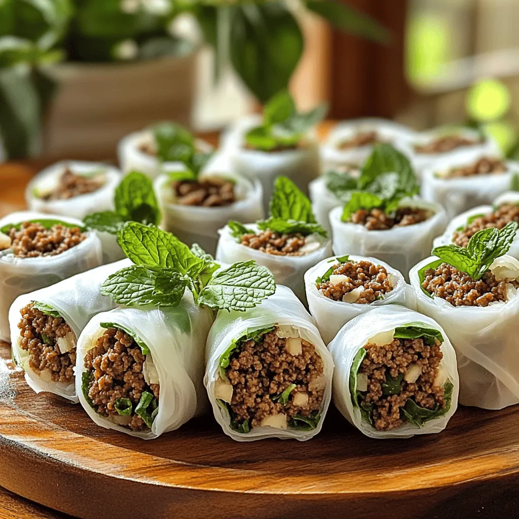 - Ground beef - Fresh Thai basil leaves - Garlic and ginger The main ingredients in Thai Basil Beef Rolls create a vibrant flavor. Ground beef gives a hearty base. Fresh Thai basil leaves add a fragrant kick. Garlic and ginger bring warmth and depth to the dish. - Soy sauce - Fish sauce (optional) - Sugar and sesame oil Seasonings are key to great flavor. Soy sauce gives a savory taste. Fish sauce adds umami, but it's optional. A touch of sugar balances saltiness. Sesame oil enhances the dish with nutty notes. - Rice paper wraps - Lettuce leaves - Fresh mint leaves Wrapping ingredients make the rolls fun and fresh. Rice paper wraps are soft and easy to use. Lettuce leaves add a crisp texture. Fresh mint leaves serve as a bright garnish. You can find the full recipe to make these delightful rolls. To start, gather all your ingredients. This includes: - 1 lb ground beef - 1 cup fresh Thai basil leaves, chopped - 2 cloves garlic, minced - 1 tablespoon ginger, grated - 2 tablespoons soy sauce - 1 tablespoon fish sauce (optional) - 1 teaspoon sugar - 1 tablespoon sesame oil - 8 rice paper wraps - Lettuce leaves (for wrapping) - Fresh mint leaves (for garnish) Next, soak the rice paper wraps. Fill a shallow dish with warm water. Dip each wrap for about 10-15 seconds. You want them soft, not too soggy. Place them on a clean surface to prepare for rolling. Now it’s time to cook the filling. Heat the sesame oil in a skillet over medium heat. Add the minced garlic and grated ginger. Sauté them until you smell their aroma, which takes about 1 minute. Then, add the ground beef to the skillet. Cook it until it’s brown and fully cooked, which should take about 6-8 minutes. Break the meat up with a spatula as it cooks. After the beef is cooked, stir in the soy sauce, fish sauce (if using), and sugar. Mix everything well and let it simmer for 2-3 minutes. Finally, remove the skillet from heat and fold in the chopped Thai basil. The heat will wilt the basil perfectly. Now, let’s assemble the rolls. Start with a softened rice paper wrap. Lay a lettuce leaf on top. Spoon a good amount of the beef mixture onto the lettuce. Carefully fold the sides of the rice paper over the filling. Then, roll it tightly from the bottom up, like a burrito. Repeat this process with the remaining rice paper and filling. Serve the rolls on a platter. Add fresh mint leaves on top for a lovely garnish. For the full recipe, check the previous section. Enjoy your Thai Basil Beef Rolls! To cook ground beef well, use medium heat. This keeps the beef juicy. Break it into small pieces as it cooks. This ensures even browning. Aim for a nice brown color without burning. For the rice paper, soak it in warm water. Do this for about 10-15 seconds. It should feel soft and pliable. If it gets too soft, it may tear. So, check it closely. Work with one sheet at a time to avoid sticking. You can add more herbs or spices to boost flavor. Try adding cilantro or chili flakes for heat. A splash of lime juice can brighten the taste too. Experiment until you find your favorite mix. For dipping sauces, peanut sauce or sweet chili sauce pair well. They add a nice contrast to the savory beef. Feel free to try other sauces you love. Pair these rolls with fresh veggies or a light salad. This adds crunch and freshness to the meal. You can also serve them with rice for a fuller dish. To present for guests, arrange the rolls on a nice platter. Garnish with mint leaves for a pop of color. You can even add small bowls of dipping sauce for fun. This makes your dish look inviting and tasty. For the full recipe, check out the recipe section above. Enjoy your cooking adventure! {{image_2}} You can switch the ground beef in this recipe. Ground chicken or turkey works well. They have a lighter taste but still absorb the flavors nicely. If you want a vegetarian option, use mashed tofu or lentils. Both give a great texture and soak up the sauces. Adding vegetables can boost nutrition and flavor. Think about bell peppers, carrots, or cucumbers. These add a nice crunch. You can also mix in other herbs like cilantro or mint. Each herb brings a new taste to your rolls. You can easily change the spice level. If you like heat, add red pepper flakes or sliced chili. For a milder version, skip the spicy extras. You can serve these rolls as a meal with a salad or as an appetizer at a party. They fit any setting! To keep your Thai Basil Beef Rolls fresh, use airtight containers. Glass or plastic containers work well. Store them in the fridge. They stay good for 2-3 days. After that, the rice paper can get too soft. The beef may lose its flavor. If you want to freeze the rolls, first wrap them tightly in plastic wrap. Then, place them in a freezer bag. Make sure to squeeze out any air. These rolls can stay frozen for up to 2 months. To reheat, let them thaw in the fridge overnight. Next, place them in a warm skillet for a few minutes. This keeps the rice paper soft and tasty. You can make these rolls ahead of time for a quick meal. Prepare the filling and soak the rice paper wraps. Store everything separately in the fridge. When you’re ready to eat, assemble the rolls quickly. This saves time and keeps them fresh. You’ll enjoy a flavorful meal in no time. For the full recipe, check above. To make these rolls gluten-free, swap regular soy sauce with tamari. Tamari gives a similar taste without gluten. You can also check if your fish sauce is gluten-free. It's best to use fresh rice paper wraps as they are usually gluten-free too. Yes, you can make these rolls ahead. Prepare the beef filling and store it in the fridge. For best taste, wrap the rice paper just before serving. If you make the rolls early, keep them in an airtight container. Use parchment paper between layers to avoid sticking. These rolls pair well with many sides. Try a light salad with lime dressing or a bowl of steamed rice. For dips, a sweet chili sauce or peanut sauce works great. You can also serve cucumber slices for a fresh crunch. To avoid tearing, handle rice paper gently. Soak it in warm water until soft but not too long. Lay it flat on a clean surface. Don’t overfill the wraps; a little goes a long way. Roll them loosely at first, then tighten as you go. Thai Basil Beef Rolls are fun and easy to make. You learned how to prepare the filling, assemble the rolls, and enhance their flavors. Remember to try different proteins and customize your dish to fit your taste. Store leftovers properly to keep them fresh. With these tips, you can impress your guests or enjoy a tasty snack at home. Keep experimenting and enjoy every bite of your delicious Thai Basil Beef Rolls.