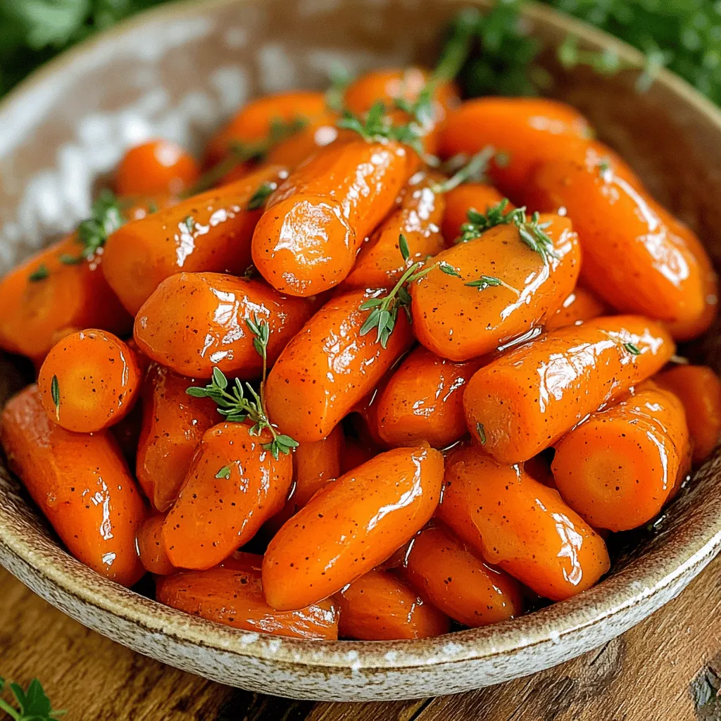 To make honey glazed holiday carrots, gather these simple ingredients: - 1 pound baby carrots (or regular carrots, peeled and cut into sticks) - 3 tablespoons honey - 2 tablespoons unsalted butter - 1 tablespoon olive oil - 1 teaspoon fresh thyme leaves (or 1/2 teaspoon dried thyme) - 1/2 teaspoon cinnamon - Salt and pepper to taste - Optional: chopped fresh parsley for garnish If you want to mix things up, consider these swaps: - Use maple syrup in place of honey for a different sweetness. - Garlic can add a nice depth if you like. Add one clove, minced. - Swap thyme for rosemary for a more robust herb flavor. If you need to alter the recipe, here are some conversions: - 1 tablespoon equals 3 teaspoons. - 1 cup equals 16 tablespoons. - 1 pound is about 450 grams. Choosing the right ingredients makes a big difference. Use fresh carrots for the best taste. I love the vibrant color of baby carrots, but regular carrots work great too! For the honey, pick a good quality one. It adds rich flavor and a lovely glaze. You can mix and match, but stick to the basics for the best results. Check out the Full Recipe for more details on creating this amazing dish! Start by prepping your carrots. If you use baby carrots, just rinse them. For regular carrots, peel them and cut them into sticks. This helps them cook evenly. Next, heat a large skillet over medium heat. Add 2 tablespoons of unsalted butter and 1 tablespoon of olive oil. Let them melt together. Once melted, add the prepared carrots to the skillet. Stir well to coat them in the butter and oil mixture. Then, drizzle 3 tablespoons of honey over the carrots. Sprinkle in 1 teaspoon of fresh thyme leaves, 1/2 teaspoon of cinnamon, and salt and pepper to taste. Mix all the ingredients well. Now, cover the skillet and reduce the heat to medium-low. Cook the carrots for about 10 to 15 minutes. Stir them occasionally to ensure they cook evenly. The goal is for the carrots to become tender and nicely glazed. After the carrots are tender, remove the lid. Increase the heat back to medium. Cook for an additional 2 to 3 minutes to caramelize the glaze. This will give the carrots a beautiful shiny look. Once done, take them off the heat. Transfer the honey glazed carrots to a serving dish. If you like, garnish with chopped fresh parsley for a pop of color. You can find the full recipe to enjoy this dish more! When cooking carrots, choose fresh ones. They should feel firm and bright. If using baby carrots, you can skip peeling. For regular carrots, peel and cut them into even sticks. This helps them cook evenly. Always wash your carrots before cooking. I like to steam them for a few minutes before glazing. This keeps them tender and bright in color. You can change the taste of honey glazed carrots easily. Try adding a splash of orange juice for a citrus twist. A sprinkle of ginger adds warmth. If you like heat, add a pinch of red pepper flakes. Fresh herbs like dill or rosemary also work well. Experimenting with spices can create new flavors. Remember, balance is key. Honey should shine through without being too sweet. Make your dish pop by using a colorful bowl or plate. A white dish highlights the bright orange of the carrots. For a fancy touch, sprinkle chopped parsley on top. You can also add toasted nuts for crunch. Whole nuts or slivered almonds work well. Serve the carrots warm for the best taste. These simple ideas make your dish look festive and inviting. For the full recipe, see the section above. {{image_2}} For a sweet and spicy kick, add some red pepper flakes. Just a pinch makes a big difference. Mix in a tablespoon of maple syrup for deeper sweetness. This combo creates a fun twist on the classic honey glaze. You will love the extra warmth that spices bring. Try different herbs to change the flavor. Fresh rosemary or dill works well with the honey. You can even use a mix of herbs for a unique taste. Just chop them finely and add them in during cooking. These fresh herbs add a bright, fragrant note to the dish. Switch out baby carrots for seasonal veggies. Parsnips or turnips can be great alternatives. They cook similarly and absorb the glaze well. You can also add other root vegetables for a colorful mix. This keeps your dish fresh and exciting for every holiday. Check out the Full Recipe for more details on making honey glazed holiday carrots. After you make honey glazed carrots, let them cool down. Store them in an airtight container. They will last up to five days in the fridge. Make sure to keep them away from strong-smelling foods. This helps preserve their sweet flavor. If you want to save these carrots for later, you can freeze them. First, let them cool completely. Then, place them in freezer bags or containers. They can stay frozen for up to three months. To keep the best taste, try to remove as much air as possible from the bags. When you're ready to enjoy your honey glazed carrots again, take them out of the fridge or freezer. If thawed, you can reheat them in a skillet over low heat. Stir them often to heat evenly. If frozen, warm them in a pan with a splash of water. This method helps them get back their tenderness. For a quick option, use the microwave. Heat them in short bursts, stirring in between. Follow these tips to enjoy this festive dish again and again! For the full recipe, check out the earlier section. You should cook honey glazed carrots for about 10 to 15 minutes. Use medium-low heat to soften them. Stir occasionally to ensure even cooking. When they are tender, they will soak up the glaze well. Aim for a nice shine on the carrots before serving. Yes, you can use other vegetables! Try using parsnips or sweet potatoes for a twist. Both pair well with honey and spices. You can also mix in green beans or bell peppers for added color. Just adjust the cooking time based on the vegetable's thickness. To reheat, use a skillet over medium heat. Add a splash of water or broth to keep them moist. Stir gently until they warm through. You can also use the microwave, but cover them to prevent drying out. This keeps the flavor and glaze intact. For the full recipe, please refer to the earlier sections. In this blog post, we explored how to cook honey glazed carrots. I shared the key ingredients and their alternatives, along with the right measurements. You learned the step-by-step cooking process and some final touches to make them shine. Tips for flavor and presentation helped enhance your dish. We also discussed variations to mix things up and provided storage information for longer enjoyment. Cooking carrots can be simple and fun, making your meals better. Use these ideas next time you cook!