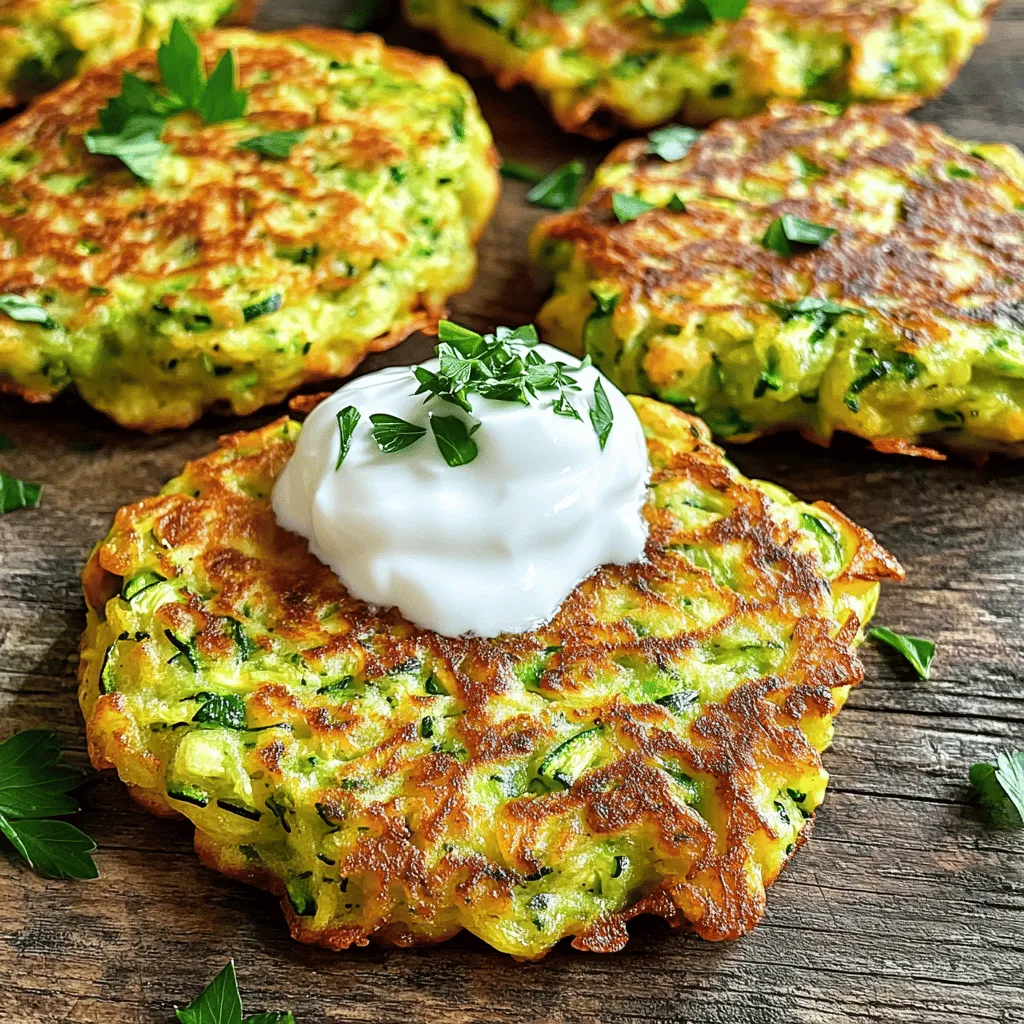 To make tasty zucchini fritters, you need fresh ingredients. Here’s what you will need: - 2 medium zucchinis, grated - 1 teaspoon salt - 1/2 cup all-purpose flour (or almond flour for gluten-free) - 1/4 cup grated Parmesan cheese (or nutritional yeast for vegan) - 1/4 cup fresh parsley, chopped - 2 green onions, finely sliced - 2 large eggs (or flax eggs for vegan) - 1/2 teaspoon garlic powder - 1/2 teaspoon black pepper - 1/4 teaspoon cayenne pepper (optional for heat) - 2 tablespoons olive oil (for frying) These ingredients come together to create a crispy delight! Grating the zucchini helps release moisture, making them easier to cook. Using fresh herbs adds flavor and makes the fritters pop. You can also swap the cheese for nutritional yeast if you prefer a vegan option. I love how you can adjust the spices to fit your taste. The cayenne pepper gives a nice kick, but you can skip it if you want mild fritters. For the full recipe, just check the recipe section! With these ingredients, you are ready to cook up some delicious zucchini fritters. To start, you need to prepare the zucchini. First, grate the zucchinis using a box grater. You want to get about two medium zucchinis. After grating, sprinkle salt over them. The salt helps draw out moisture. Let them sit for 10 to 15 minutes. Next, you will need to remove excess moisture. Take a clean kitchen towel and place the grated zucchini in it. Twist the towel to wring out as much liquid as you can. This step is key to keeping your fritters crispy. Now, let’s move on to mixing the ingredients. In a large mixing bowl, combine the dry ingredients. This includes ½ cup of flour, ¼ cup of Parmesan cheese, chopped parsley, green onions, garlic powder, black pepper, and cayenne pepper if you like heat. After mixing the dry stuff, add the grated zucchini and two large eggs to the bowl. Stir everything together until well combined. You want a nice, even mixture that holds together. It’s time to cook! First, heat a large skillet over medium heat. Add about two tablespoons of olive oil. This will help the fritters crisp up nicely. Using a tablespoon, drop dollops of the zucchini mixture into the skillet. Form and flatten each fritter slightly. Be careful not to overcrowd the pan. Cook for about 3 to 4 minutes on each side until they turn golden brown and crispy. Once cooked, remove the fritters from the skillet and place them on a paper towel. This absorbs any extra oil. Repeat this process until all the mixture is used. Enjoy your delicious Healthy Zucchini Fritters! For the full recipe, check out the instructions above. To make your zucchini fritters sing, use these spices: - 1 teaspoon garlic powder - 1/4 teaspoon cayenne pepper (for a touch of heat) - Fresh herbs like parsley or dill You can also add ingredients that boost nutrition. Try mixing in spinach or grated carrots. Both add color and extra vitamins. Perfect crispiness is key. Here’s how to get it right: - Always squeeze out excess moisture from the zucchini. This step keeps your fritters from getting soggy. - Use a hot skillet and enough olive oil. This helps fry them quickly and crisply. Cook them in small batches. Overcrowding the pan leads to steaming, not frying. For a tasty meal, serve your fritters warm with these dips: - Greek yogurt or a tangy yogurt sauce - A simple tomato salsa For garnishing, sprinkle chopped parsley on top. It adds a nice pop of color and flavor. You can find the full recipe above to enjoy these delicious fritters! {{image_2}} If you want to make gluten-free zucchini fritters, using almond flour works great. Almond flour has a nice texture and adds a subtle nutty flavor. Just replace the all-purpose flour with almond flour in the recipe. This change keeps your fritters crispy without gluten. You will still enjoy the same delicious taste. For a vegan version, you can swap eggs and cheese. Use flax eggs instead of regular eggs. To make one flax egg, mix one tablespoon of ground flaxseed with three tablespoons of water. Let it sit for a few minutes to thicken. For cheese, substitute grated Parmesan with nutritional yeast. This gives you a cheesy taste without dairy. These swaps maintain the fritters' flavor while fitting a vegan diet. You can also add different vegetables or herbs to change the flavor. Try mixing in grated carrots or bell peppers for extra color and taste. Fresh herbs like basil or dill can enhance the flavor too. You can even add spices like cumin or paprika for a kick. These variations let you customize the fritters to your liking. Each twist brings a new and exciting taste. For the full recipe, check out the instructions above. To keep your zucchini fritters fresh, let them cool completely. This step is key. Once cooled, place them in an airtight container. I like to use glass containers, as they keep the fritters crisp. If you stack them, put parchment paper between layers. This prevents them from sticking together. Store them in the fridge for up to three days. When it’s time to enjoy leftovers, you want them crispy again. The oven works best for this. Preheat your oven to 375°F (190°C). Place the fritters on a baking sheet lined with parchment paper. Bake for about 10-15 minutes, turning halfway through. This method helps regain their crunchy texture. You can also reheat them in a skillet over medium-low heat. Add a bit of oil to keep them crisp. If you want to keep fritters longer, freezing is a great option. Start by letting them cool completely. Then, place them on a baking sheet in a single layer. Freeze for about 1-2 hours until firm. After that, transfer them to a freezer-safe bag. Remove as much air as possible. They can last up to three months in the freezer. When ready to cook, thaw them in the fridge overnight. Then reheat using the oven or skillet method for the best results. Enjoy your healthy zucchini fritters any time! For the full recipe, check out the detailed instructions. To make your fritters crispy, focus on moisture removal. After grating the zucchini, sprinkle it with salt. This draws out water. Let it sit for 10 to 15 minutes. Then, wring it out in a kitchen towel. You want the zucchini as dry as possible. Use a hot skillet with enough oil. Fry each fritter until golden brown, about 3 to 4 minutes per side. Flip only once for a great crust. Yes! Many vegetables work well. Try carrots, sweet potatoes, or squash. You can mix them with zucchini for added flavor. Grate or finely chop any veggies you choose. Just remember to remove excess moisture, like with zucchini. Look for a golden brown color. The fritters should feel firm and crispy on the outside. You can also test by gently pressing them. If they hold their shape, they are done. If they feel soft, give them more time in the skillet. These fritters are healthy and packed with nutrients. Each serving has about 150 calories. They offer vitamins A and C from zucchini. The parmesan cheese adds protein and calcium. Using whole ingredients makes them a smart choice for snacks or meals. For the full recipe, check out the details above. In this post, we explored how to make delicious zucchini fritters. We covered each step, from preparing zucchini to frying. I shared tips for better flavor and perfect crispiness. You learned about variations for gluten-free and vegan diets. Storing tips ensure your fritters stay fresh. Remember, you can mix in your favorite veggies for fun twists. These fritters are tasty and healthy; they fit many diets. Enjoy making these fritters with family and friends!