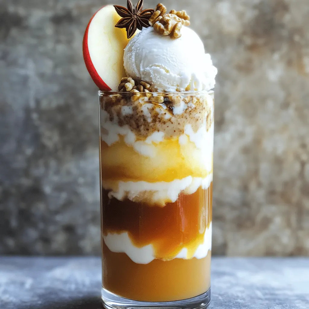 - 4 cups apple cider - 2 teaspoons chai spice blend (cinnamon, cardamom, ginger, cloves) - 1 cup vanilla ice cream - 1/4 cup whipped cream - 1/4 cup chopped nuts (walnuts or pecans) - Slices of fresh apple and star anise for garnish To make chai spiced apple cider floats, start with fresh apple cider. The cider gives a sweet and rich base. Next, the chai spice blend adds warmth and depth. This blend includes cinnamon, cardamom, ginger, and cloves. Each spice contributes unique flavors. Vanilla ice cream is a must. It melts slightly into the hot cider, creating a creamy texture. Whipped cream adds a light and fluffy touch on top. Chopped nuts provide a satisfying crunch. They contrast nicely with the smooth ice cream. Slices of fresh apple and star anise are for garnish. They make your float look beautiful and festive. - Suggested toppings and enhancements - Alternative spice blends - Dairy-free ice cream options For added fun, try different toppings. You might sprinkle some caramel sauce or chocolate shavings. These enhance the flavor and add sweetness. You can also swap the chai spice blend. Try pumpkin spice or even a chocolate flavor for a twist. If you want a dairy-free option, use coconut or almond milk ice cream. This keeps the dessert creamy without dairy. You can still enjoy all the flavors while catering to different diets. First, we need to heat the apple cider. Pour 4 cups of apple cider into a medium saucepan. Set the stove to medium heat. Warm the cider until it feels nice, but do not let it boil. Boiling can ruin the flavor. Next, it’s time to infuse the cider with chai spices. Add 2 teaspoons of the chai spice blend, which includes cinnamon, cardamom, ginger, and cloves. Stir it well to mix everything. Let it steep for about 5 minutes. This step allows the spices to release their full flavor. After 5 minutes, take the saucepan off the heat. Now, let’s assemble our floats! Take a tall glass and add a scoop of vanilla ice cream. You want the ice cream to sit nicely at the bottom. Then, pour the warm, spiced cider over the ice cream. Fill the glass about three-quarters full. This mix of hot and cold creates a fun treat. To achieve the perfect ice cream-to-cider ratio, make sure the cider does not overflow. You want a good balance so every sip has flavor. Time for the fun part! Add a generous dollop of whipped cream on top of the cider and ice cream. This adds a creamy texture that pairs perfectly with the spices. Sprinkle some chopped nuts on top for an extra crunch. You can use walnuts or pecans. For a beautiful finish, garnish with a slice of fresh apple and a star anise. These touches make your floats look as good as they taste. Serve immediately and enjoy the delightful fusion of flavors! For the full recipe, check out the earlier section. To make your Chai Spiced Apple Cider Floats just right, adjust the spice levels based on your taste. If you love bold flavors, add more chai spice. If you prefer a milder taste, reduce the amount. Remember, the key is to find what makes you smile with every sip. Serve the cider warm but not boiling. Heat it gently on the stove until it's cozy. You want it warm enough to melt the ice cream, but too hot will make the ice cream melt too fast. You can prepare the spiced apple cider ahead of time. Just heat it, infuse the spices, and let it cool. Store it in the fridge until you’re ready to serve. It stays fresh for about three days. If you have leftovers, just reheat it gently before serving. For extra crunch, top your floats with chopped nuts like walnuts or pecans. They add a nice bite that contrasts well with the smooth ice cream. You can also try adding granola for a fun twist! Pair the floats with snacks like cinnamon sugar cookies or soft pretzels. These snacks enhance the flavors and make your treat even more delightful. For the full recipe of Chai Spiced Apple Cider Floats, check out the section above! {{image_2}} You can change the flavor of your Chai Spiced Apple Cider Floats by using different spice blends. Try adding nutmeg for warmth or allspice for a rich, deep taste. Mix in a bit of vanilla for sweetness. You can also explore region-inspired blends. For instance, use a Moroccan spice mix with cumin and coriander for a twist. Each blend offers a new flavor adventure. If you want to make Chai Spiced Apple Cider Floats vegan, it’s easy! Choose non-dairy ice cream made from coconut, almond, or cashew milk. These options have great creaminess and flavor. Look for brands that use natural sweeteners and avoid dairy. This way, you can enjoy the treat without any animal products. Seasonal fruits can add a fresh twist to your floats. In autumn, try adding pear slices or pomegranate seeds. In winter, top with candied ginger or cranberries for a festive touch. Consider adding holiday spices like nutmeg or orange zest for cheer. This makes your floats feel special for any season! To keep your apple cider fresh, store it in the fridge. Use a glass or plastic container with a tight lid. This helps prevent any odors from other foods. The cider lasts about 7 days in the fridge. Use it in other recipes or enjoy it chilled. You can freeze spiced apple cider for later. Pour it into ice cube trays for easy use. Once frozen, pop the cubes into a freezer bag. They last up to 6 months. For ice cream, freeze it in an airtight container. Leave some space at the top for expansion. Enjoy your creamy treat for up to 3 months. This blog shared a simple way to make Chai Spiced Apple Cider Floats. We discussed the essential ingredients and optional variations you can try. You learned how to prepare the cider and assemble the floats step by step. I shared tips for flavor and storing leftovers to help you enjoy this treat longer. Whether you stick to the classic recipe or explore new options, I hope you enjoy creating this fun drink! It's a cozy treat perfect for any season.