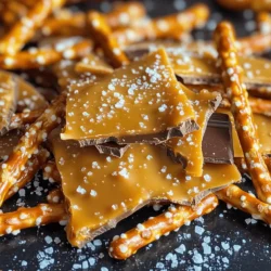 - 2 cups pretzel sticks - 1 cup semi-sweet chocolate chips - 1 cup caramel candies, unwrapped - 2 tablespoons heavy cream - Sea salt for sprinkling The magic of salted caramel pretzel bark comes from its simple yet tasty ingredients. First, you need pretzel sticks. They add a nice crunch and salty flavor. I like to use two cups because it gives the bark a solid base. Next, you need chocolate chips. Semi-sweet chocolate works best. One cup melts smoothly and balances the sweet caramel. Speaking of caramel, you’ll need one cup of unwrapped caramel candies. These candies bring rich sweetness to the bark. Combine them with two tablespoons of heavy cream. This mix helps the caramel melt perfectly. Finally, don't forget the sea salt. A light sprinkle at the end enhances all the flavors. These ingredients come together beautifully, creating a treat that’s sweet, salty, and oh-so-satisfying. For the full recipe, check the [Full Recipe]. - Preheat the oven to 350°F (175°C). - Line a baking sheet with parchment paper. To start, I recommend preheating your oven. This step ensures even cooking. While the oven heats, grab your baking sheet and line it with parchment paper. This will keep your treat from sticking. - Spread pretzel sticks evenly on the baking sheet. - Melt caramel and heavy cream combination. Next, take your pretzel sticks. Spread them out evenly on the lined baking sheet. Make sure they cover the sheet well. Now, let’s melt the caramel. In a microwave-safe bowl, combine caramel candies and heavy cream. Microwave this mix in 30-second bursts. Stir between each burst. Keep going until the caramel is smooth. - Drizzle melted caramel over pretzels. - Melt chocolate chips and spread over caramel. - Sprinkle sea salt for flavor enhancement. Once your caramel is ready, drizzle it over the pretzels. Use a spatula to spread it out. Make sure to cover as many pretzels as you can. Next, melt your chocolate chips. Just like before, use a microwave-safe bowl. Heat in 30-second intervals, stirring each time. When smooth, pour the chocolate over the caramel. Spread it evenly too. Finally, sprinkle sea salt on top. This adds a nice flavor boost. Now you can chill the baking sheet in the fridge. After about an hour, your salted caramel pretzel bark will be set. You can then break it into pieces and enjoy! For the full recipe, check out the details above. When melting chocolate or caramel, you want to avoid burning. To do this: - Use a microwave-safe bowl. - Heat in short bursts of 30 seconds. - Stir well after each interval. This method helps keep heat even. If chocolate looks thick, it may need more time. Keep stirring, and it will become smooth. Choosing the right pretzels makes a big difference. I like using thin pretzel sticks. They add a nice crunch. You can also try flavored pretzels, like cheese or honey. They will change the taste and make it fun. For chocolate, consider flavored options. Dark chocolate adds depth. White chocolate gives a sweet contrast. Explore your favorite flavors to create your perfect bark. Serving your salted caramel pretzel bark can be fun and creative. Here are some ideas: - Cut the bark into fun shapes using cookie cutters. - Serve on a colorful plate for a pop of color. You can also add toppings like crushed nuts or sprinkles. This adds texture and makes it look beautiful. Get creative and let your bark shine! For the full recipe, check the section above. {{image_2}} You can switch up the chocolate for a new taste. Using white chocolate or milk chocolate gives a creamy twist. Both options melt well and add a sweet flavor. Try adding nuts like pecans or almonds. They add crunch and flavor. Dried fruits like cranberries or raisins also work. These ingredients mix well with the salty pretzels. Get creative with spices or extracts. A pinch of cinnamon or nutmeg adds warmth. You can also use vanilla or almond extract for a different flavor. For the holidays, think about using peppermint or pumpkin spice. These seasonal touches can make your treat special and festive. If you need gluten-free options, choose gluten-free pretzels. Many brands offer tasty choices that work well. For a vegan version, use dairy-free chocolate and caramel. There are great plant-based options that taste amazing. These swaps let everyone enjoy this delightful treat, no matter their diet. You can find the full recipe for salted caramel pretzel bark to try these variations. To keep your salted caramel pretzel bark fresh, store it in an airtight container. This helps prevent moisture and keeps it crisp. You can also layer pieces with parchment paper to avoid sticking. A glass or plastic container works well. Avoid metal containers, as they may affect the taste. Salted caramel pretzel bark lasts about two weeks at room temperature. If you want it to last longer, freeze it. To freeze, wrap the bark tightly in plastic wrap, then place it in a freezer bag. It can last up to three months in the freezer. You usually don’t need to reheat pretzel bark. Enjoy it straight from the fridge. If you want it warm, use the microwave for a few seconds. Be careful not to melt it too much. Fresh bark tastes best, but it stays tasty after storage. Yes, you can make salted caramel pretzel bark ahead of time. It stays fresh for up to two weeks when stored properly. I suggest placing it in an airtight container. Keep it away from heat and sunlight. If you make it a few days before a party, it will still taste great! To cut the bark evenly, use a sharp knife. Let the bark chill until it is firm. Then, score it lightly with the knife before cutting all the way through. This method helps to keep the pieces neat. You can also use a pizza cutter for quick and even slices. If your chocolate or caramel turns grainy, try adding a little cream. For chocolate, a small amount of vegetable oil can help too. Heat it gently and stir until smooth. If the caramel is grainy, stir in a bit of water and reheat gently. This should restore its silky texture. In this guide, we explored making salted caramel pretzel bark with just a few simple steps. We covered key ingredients, like pretzel sticks and chocolate chips, and shared tips for melting without burning. You learned about fun variations to customize your bark, plus storage and reheating advice. Enjoying this sweet treat is simple and fun. I encourage you to experiment with flavors and share the joy of this tasty snack!