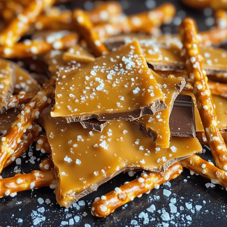 - 2 cups pretzel sticks - 1 cup semi-sweet chocolate chips - 1 cup caramel candies, unwrapped - 2 tablespoons heavy cream - Sea salt for sprinkling The magic of salted caramel pretzel bark comes from its simple yet tasty ingredients. First, you need pretzel sticks. They add a nice crunch and salty flavor. I like to use two cups because it gives the bark a solid base. Next, you need chocolate chips. Semi-sweet chocolate works best. One cup melts smoothly and balances the sweet caramel. Speaking of caramel, you’ll need one cup of unwrapped caramel candies. These candies bring rich sweetness to the bark. Combine them with two tablespoons of heavy cream. This mix helps the caramel melt perfectly. Finally, don't forget the sea salt. A light sprinkle at the end enhances all the flavors. These ingredients come together beautifully, creating a treat that’s sweet, salty, and oh-so-satisfying. For the full recipe, check the [Full Recipe]. - Preheat the oven to 350°F (175°C). - Line a baking sheet with parchment paper. To start, I recommend preheating your oven. This step ensures even cooking. While the oven heats, grab your baking sheet and line it with parchment paper. This will keep your treat from sticking. - Spread pretzel sticks evenly on the baking sheet. - Melt caramel and heavy cream combination. Next, take your pretzel sticks. Spread them out evenly on the lined baking sheet. Make sure they cover the sheet well. Now, let’s melt the caramel. In a microwave-safe bowl, combine caramel candies and heavy cream. Microwave this mix in 30-second bursts. Stir between each burst. Keep going until the caramel is smooth. - Drizzle melted caramel over pretzels. - Melt chocolate chips and spread over caramel. - Sprinkle sea salt for flavor enhancement. Once your caramel is ready, drizzle it over the pretzels. Use a spatula to spread it out. Make sure to cover as many pretzels as you can. Next, melt your chocolate chips. Just like before, use a microwave-safe bowl. Heat in 30-second intervals, stirring each time. When smooth, pour the chocolate over the caramel. Spread it evenly too. Finally, sprinkle sea salt on top. This adds a nice flavor boost. Now you can chill the baking sheet in the fridge. After about an hour, your salted caramel pretzel bark will be set. You can then break it into pieces and enjoy! For the full recipe, check out the details above. When melting chocolate or caramel, you want to avoid burning. To do this: - Use a microwave-safe bowl. - Heat in short bursts of 30 seconds. - Stir well after each interval. This method helps keep heat even. If chocolate looks thick, it may need more time. Keep stirring, and it will become smooth. Choosing the right pretzels makes a big difference. I like using thin pretzel sticks. They add a nice crunch. You can also try flavored pretzels, like cheese or honey. They will change the taste and make it fun. For chocolate, consider flavored options. Dark chocolate adds depth. White chocolate gives a sweet contrast. Explore your favorite flavors to create your perfect bark. Serving your salted caramel pretzel bark can be fun and creative. Here are some ideas: - Cut the bark into fun shapes using cookie cutters. - Serve on a colorful plate for a pop of color. You can also add toppings like crushed nuts or sprinkles. This adds texture and makes it look beautiful. Get creative and let your bark shine! For the full recipe, check the section above. {{image_2}} You can switch up the chocolate for a new taste. Using white chocolate or milk chocolate gives a creamy twist. Both options melt well and add a sweet flavor. Try adding nuts like pecans or almonds. They add crunch and flavor. Dried fruits like cranberries or raisins also work. These ingredients mix well with the salty pretzels. Get creative with spices or extracts. A pinch of cinnamon or nutmeg adds warmth. You can also use vanilla or almond extract for a different flavor. For the holidays, think about using peppermint or pumpkin spice. These seasonal touches can make your treat special and festive. If you need gluten-free options, choose gluten-free pretzels. Many brands offer tasty choices that work well. For a vegan version, use dairy-free chocolate and caramel. There are great plant-based options that taste amazing. These swaps let everyone enjoy this delightful treat, no matter their diet. You can find the full recipe for salted caramel pretzel bark to try these variations. To keep your salted caramel pretzel bark fresh, store it in an airtight container. This helps prevent moisture and keeps it crisp. You can also layer pieces with parchment paper to avoid sticking. A glass or plastic container works well. Avoid metal containers, as they may affect the taste. Salted caramel pretzel bark lasts about two weeks at room temperature. If you want it to last longer, freeze it. To freeze, wrap the bark tightly in plastic wrap, then place it in a freezer bag. It can last up to three months in the freezer. You usually don’t need to reheat pretzel bark. Enjoy it straight from the fridge. If you want it warm, use the microwave for a few seconds. Be careful not to melt it too much. Fresh bark tastes best, but it stays tasty after storage. Yes, you can make salted caramel pretzel bark ahead of time. It stays fresh for up to two weeks when stored properly. I suggest placing it in an airtight container. Keep it away from heat and sunlight. If you make it a few days before a party, it will still taste great! To cut the bark evenly, use a sharp knife. Let the bark chill until it is firm. Then, score it lightly with the knife before cutting all the way through. This method helps to keep the pieces neat. You can also use a pizza cutter for quick and even slices. If your chocolate or caramel turns grainy, try adding a little cream. For chocolate, a small amount of vegetable oil can help too. Heat it gently and stir until smooth. If the caramel is grainy, stir in a bit of water and reheat gently. This should restore its silky texture. In this guide, we explored making salted caramel pretzel bark with just a few simple steps. We covered key ingredients, like pretzel sticks and chocolate chips, and shared tips for melting without burning. You learned about fun variations to customize your bark, plus storage and reheating advice. Enjoying this sweet treat is simple and fun. I encourage you to experiment with flavors and share the joy of this tasty snack!