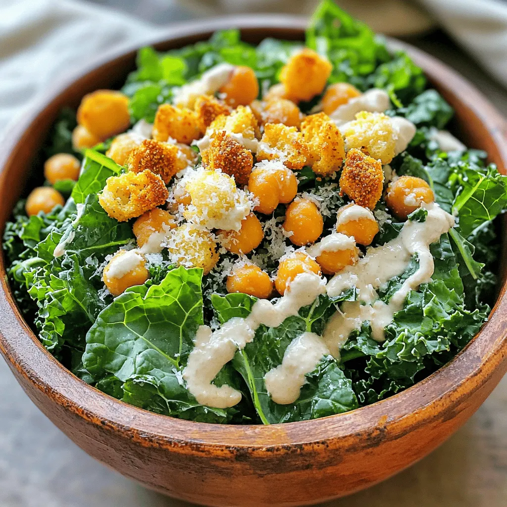 - 1 large bunch of kale, stems removed and leaves torn into bite-sized pieces - 1 can of chickpeas, drained and rinsed - 1 tablespoon olive oil - ¼ cup grated Parmesan cheese (or nutritional yeast for a vegan option) - ½ teaspoon smoked paprika - Salt and pepper to taste - 2 tablespoons Dijon mustard - 2 cloves of garlic, minced - 1 cup croutons (store-bought or homemade) - ½ cup tahini - 2 tablespoons lemon juice - 2 tablespoons water (more as needed) Each of these ingredients plays a key role in creating a delightful dish. The kale provides a strong base, while chickpeas add protein and crunch. Olive oil makes everything richer, and cheese gives it a savory kick. The spices and garlic bring depth to the flavor. For the dressing, tahini blends with lemon juice and Dijon mustard, making a creamy texture. Adding water adjusts the thickness, so you get just the right pour. Croutons add extra crunch that turns this salad into a feast. Using the full recipe, you can see how these ingredients come together to create a tasty Harvest Kale Caesar with Crispy Chickpeas. Enjoy the process of gathering these fresh and pantry ingredients as you prepare to make a delicious meal! 1. Preheat the oven: Start by setting your oven to 400°F (200°C). This high heat helps make the chickpeas crispy. 2. Seasoning the chickpeas: In a bowl, toss the drained chickpeas with olive oil, smoked paprika, salt, and pepper. This mix adds great flavor. 3. Roasting process: Spread the chickpeas on a baking sheet in a single layer. Roast them for 25-30 minutes. Shake the pan halfway through for even cooking. You want them crispy and golden brown. 1. Combining dressing ingredients: In a mixing bowl, add tahini, lemon juice, Dijon mustard, minced garlic, and water. These ingredients create a smooth and creamy dressing. 2. Achieving the desired consistency: Whisk the mixture until it’s smooth. If it’s too thick, add more water slowly until you reach the right consistency. 3. Adjusting seasoning: Taste the dressing and add salt if needed. This step ensures the flavors shine without overpowering the dish. 1. Massaging the kale: In a large bowl, add the torn kale leaves. Drizzle some dressing over the kale and use your hands to massage the leaves for 2-3 minutes. This softens the kale and brings out its flavor. 2. Mixing in the chickpeas and croutons: Gently add the roasted chickpeas, croutons, and grated Parmesan (or nutritional yeast). Toss everything together to blend well. 3. Plating the dish: Spoon the salad into bowls. Drizzle with any remaining dressing and sprinkle with more Parmesan if you like. Enjoy your delicious Harvest Kale Caesar with crispy chickpeas! For the complete recipe, check out the Full Recipe section. To boost the taste of your crispy chickpeas, try these spices: - Cumin: Adds a warm flavor. - Garlic powder: Gives a savory touch. - Cayenne pepper: Adds a kick of heat. You can swap the dressing too. Here are some alternatives: - Yogurt dressing: Creamy and tangy. - Vinaigrette: Bright and zesty. - Avocado dressing: Smooth and rich. Massaging the kale is key for a great texture. It helps break down tough fibers. Just drizzle some dressing over the leaves and rub gently for 2-3 minutes. This makes the kale tender and flavorful. You can pair your Harvest Kale Caesar with proteins. Try grilled chicken, shrimp, or tofu for added heartiness. This salad works well as a side or a main dish. For garnishing, consider these options: - Extra Parmesan: For more cheesy flavor. - Fresh herbs: Like parsley or basil for freshness. - Lemon wedges: A splash of zest right before serving. These tips will take your Harvest Kale Caesar with Crispy Chickpeas to the next level! For the full list of ingredients and instructions, check the Full Recipe. {{image_2}} You can make this Harvest Kale Caesar vegan easily. Instead of using Parmesan cheese, try nutritional yeast. Nutritional yeast adds a cheesy flavor without any dairy. You can also explore other creamy dressings. For instance, a blend of cashews and lemon juice works well. Blend soaked cashews with water for a smooth, rich dressing. Feel free to get creative with add-ins. Try adding fruits like apples or pomegranate seeds for a sweet touch. Nuts, such as walnuts or almonds, add a nice crunch. If you want to switch greens, use spinach or arugula instead of kale. Each green brings a different taste and texture. Don’t forget about croutons! You can use different types to mix things up. Try garlic croutons for extra flavor or even spicy ones for a kick. Store-bought ones work great, but homemade croutons can be special. They are simple to make and full of flavor. For the full recipe, check out the detailed instructions above. Enjoy making your Harvest Kale Caesar with these fun variations! To keep your Harvest Kale Caesar fresh, store it properly. If you dress the salad, it can wilt quickly. I suggest keeping the dressing separate until you are ready to eat. This way, the kale stays crisp and vibrant. For the crispy chickpeas, store them in an airtight container. They can lose their crunch if exposed to air. Place them in the fridge for up to three days, but they are best enjoyed fresh. Can you freeze the salad? I do not recommend freezing the dressed salad. Freezing can change the texture of the kale and chickpeas. However, you can freeze the chickpeas before they are roasted. If you want to freeze individual components, here are some tips. Place raw chickpeas in a freezer bag. You can also freeze portions of the dressing. Just remember to thaw everything in the fridge before use. Enjoy your Harvest Kale Caesar fresh for the best taste! To make crispy chickpeas, start by draining and rinsing them. Pat them dry with a towel. Toss the chickpeas with olive oil, smoked paprika, salt, and pepper. Spread them on a baking sheet in a single layer. Roast at 400°F (200°C) for 25-30 minutes. Shake the pan halfway through. This helps them cook evenly and become crunchy. The Harvest Kale Caesar can last in the fridge for up to three days. If you store it, keep the dressing separate. Mixing the dressing in advance can make the kale wilt faster. To keep it fresh, add chickpeas and croutons right before serving. Yes, you can prepare the Harvest Kale Caesar in advance. Wash and tear the kale a few hours before serving. Store it in a container with a lid. Make the dressing ahead of time and keep it in the fridge. For the crispy chickpeas, roast them just before serving. This keeps everything fresh and crunchy. You can find the Full Recipe to guide you through the process! In this blog post, we explored how to make a Harvest Kale Caesar Salad. We covered fresh and pantry ingredients, easy step-by-step instructions, and tips to boost flavor. You learned about variations, storage options, and answers to common questions. This salad is not only tasty but also flexible for your needs. Try different herbs, fruits, or nuts to make it your own. Enjoy this healthy meal that is both fun to make and delicious to eat!