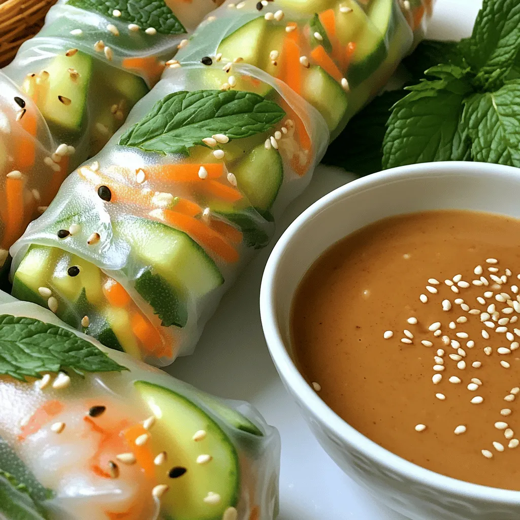 - Rice paper wrappers - Cooked shrimp (or tofu) - Vermicelli noodles - Fresh herbs (mint and basil) These main filling ingredients create a fresh and vibrant base for your summer salad rolls. Rice paper wrappers are light and make a perfect outer layer. They soak up the flavors around them. If you prefer a vegetarian option, use tofu instead of shrimp. The vermicelli noodles add a nice texture. Fresh herbs like mint and basil elevate the taste. They add bright notes that pair well with the sauce. - Shredded carrots - Cucumber (julienned) - Red bell pepper (julienned) - Avocado (sliced) The vegetables add crunch and color to your rolls. Shredded carrots bring sweetness and a lovely orange hue. Cucumbers, when julienned, provide a refreshing bite. Red bell peppers add a vibrant crunch. Lastly, avocado brings creaminess to each bite. Together, they make your salad rolls not only look good but taste good. - Creamy peanut butter - Soy sauce - Lime juice - Honey or maple syrup - Grated ginger - Water to thin sauce The Thai peanut sauce is the star of this dish. Creamy peanut butter gives it richness. Soy sauce adds a savory depth. Lime juice brightens the flavors, while honey or maple syrup adds sweetness. Grated ginger gives it a bit of spice. If the sauce is too thick, just add water to thin it. This sauce ties all the flavors together. For the full recipe, you can follow the outlined steps in detail. Start by washing all your fresh vegetables and herbs. I like to use a clean cutting board for this. Set them aside on your work surface. Next, cook the vermicelli noodles according to the package. Drain them well when they're done. This step is key for a good texture in your rolls. In a medium bowl, combine the creamy peanut butter, soy sauce, lime juice, honey or maple syrup, and grated ginger. Stir well until the mixture is smooth. If your sauce feels thick, add water a little at a time. Keep mixing until you reach the right consistency. This sauce adds a rich flavor that brings everything together. Fill a large shallow dish with warm water. Dip one rice paper wrapper into the water for about 10-15 seconds. You want it to soften but not break. Carefully lay the wrapper flat on a clean surface. In the center, layer a small amount of vermicelli noodles, 2-3 shrimp halves or tofu, fresh mint, basil, carrots, cucumber, red bell pepper, and a slice of avocado. Now, fold the sides of the rice paper over the filling. Roll it from the bottom up to enclose everything. Make sure to tuck in the ends as you roll. Repeat this process with the rest of your ingredients. Arrange the salad rolls on a platter. Serve these rolls with your Thai peanut sauce for dipping and sprinkle sesame seeds on top for a nice finish. Enjoy your fresh and tasty summer salad rolls! For full details, check the Full Recipe. To wrap your salad rolls well, start with a soft rice paper. Soak each wrapper in warm water for 10-15 seconds. Place it on a flat surface. Add a small amount of filling in the center. Fold the sides over the filling, then roll tightly from the bottom. Common mistakes include overfilling or rolling too loosely. Overfilling can cause the wrapper to tear. A loose roll will let the filling escape. Keep the filling small and tight for the best roll. If you want vegetarian options, use tofu instead of shrimp. Tofu absorbs flavors well and adds protein. You can also try tempeh for a different texture. For other protein choices, shrimp works great. You can also use chicken or crab for a twist. Each protein adds its unique flavor and texture. To boost flavor, add fresh herbs like cilantro or Thai basil. A sprinkle of lime zest can brighten the rolls. You can also add a pinch of chili flakes for heat. For serving, try pairing the rolls with a tangy dipping sauce like sweet chili sauce. It adds a nice contrast to the creamy peanut sauce. Arrange the rolls on a platter for a beautiful presentation. For the full recipe, check out the [Full Recipe]. {{image_2}} You can change up the filling in your summer salad rolls easily. Try different proteins like crab, chicken, or even tempeh for a vegetarian twist. Each adds a unique taste and texture. When it comes to veggies, go for seasonal choices. Bell peppers and carrots are great, but don’t miss out on snap peas or zucchini. These options add crunch and freshness. You can also use colorful produce to make your rolls pop. To spice up the peanut sauce, add chili paste or sriracha. This gives it a kick that many enjoy. If you want a tropical taste, toss in some mango puree or diced pineapple. The sweet fruit balances the rich peanut flavor and adds a fun twist. Consider mixing in lime zest for a bright taste. It brings out the freshness of the herbs and veggies. If you want to try something different, consider hoisin sauce or sweet chili sauce. Both offer a great alternative to peanut sauce. They each have a sweet and savory flavor that pairs well with the rolls. For a nut-free option, use tahini or a simple soy sauce blend. You can mix soy sauce with rice vinegar and sesame oil for a tasty dip. This way, everyone can enjoy your summer salad rolls! For the full recipe, check out the Full Recipe section. To keep your salad rolls fresh, store them in an airtight container. Place a damp paper towel in the container to help maintain moisture. This keeps the rice paper from drying out. You can enjoy leftover salad rolls for up to two days in the fridge. If they start to feel tough, they may lose their appeal. For the Thai peanut sauce, transfer any unused sauce to a clean jar. Seal it tightly and place it in the fridge. The sauce will stay fresh for about one week. If you want to use it later, you can reheat it on low heat in a small pot. Add a little water to thin it if it gets too thick while warming. Yes, you can freeze salad rolls! However, it's best to freeze them without the sauce. Wrap each roll tightly in plastic wrap and place them in a freezer bag. They can last for up to three months in the freezer. When you're ready to eat, thaw them in the fridge overnight. Enjoy them fresh, or use them in a fun dish! To make rice paper wrappers less sticky, soak them in warm water. Use a shallow dish like a pie plate. Dip each wrapper for 10-15 seconds. This softens them for easy rolling. If they stick, try using less water or a non-stick surface. A damp towel can help too. Yes, you can prepare salad rolls in advance. However, they are best when fresh. If you make them early, store them in an airtight container. Place parchment paper between the rolls to stop sticking. Keep them in the fridge. They can last for up to one day. Serve Summer Salad Rolls chilled. Arrange them on a platter for a nice look. Drizzle the Thai peanut sauce on top or serve it on the side. Adding sesame seeds gives a nice touch. You can also garnish with extra herbs for flavor and color. Yes, you can use a different sauce if you want. Try hoisin sauce, soy sauce, or a spicy sriracha mix. You can also make a sweet chili sauce for a different twist. The key is to choose a sauce that complements the fresh ingredients in the rolls. For the full recipe, check the earlier section. In this blog, we explored how to make fresh salad rolls. We covered key ingredients like rice paper, shrimp, veggies, and a creamy peanut sauce. You learned to prepare, assemble, and store your rolls for best taste. Don't forget the tips for rolling and flavor twists to keep it fun! Experiment with different fillings and sauces to suit your taste. Enjoy making these delicious rolls that are easy to share and always a hit!