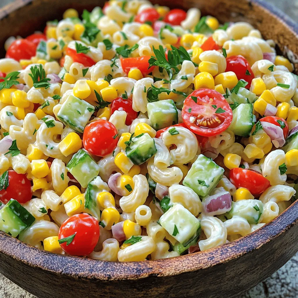 To make a great macaroni salad, you need a few key items. First, you will want 2 cups of elbow macaroni. This pasta gives the salad its classic look and texture. Next, 1 cup of cherry tomatoes, halved, adds a sweet burst of flavor. For crunch, 1 cup of bell peppers, diced in red, yellow, and green will do the trick. 1 cup of cucumbers, diced brings a refreshing taste. We also add 1/2 cup of sweet corn, either canned or fresh, for some extra sweetness. Finally, 1/2 cup of red onion, finely chopped, adds a sharp flavor that balances everything. Feel free to mix up the veggies! You can use zucchini or carrots for a different crunch. Peas or broccoli can add color and more nutrients. Just be sure to chop them small. This keeps the salad easy to eat. You can even add avocado for creaminess. This makes it a little richer and adds healthy fats. The dressing is where you can get creative. You need 1/2 cup of mayonnaise for creaminess. If you want a lighter option, use 1/4 cup of Greek yogurt instead. It adds protein too! For tang, add 2 tablespoons of apple cider vinegar and 1 tablespoon of Dijon mustard. Don't forget 1 teaspoon of garlic powder for flavor. Finally, season with salt and pepper to taste. If you want a different flavor, swap mayonnaise for hummus or sour cream. Each option adds a unique twist. For the full recipe, check out the details above. To start, I bring a large pot of salted water to a boil. I add 2 cups of elbow macaroni and cook it until it is al dente, usually about 7 to 8 minutes. After cooking, I drain the pasta and rinse it under cold water. This step stops the cooking and cools the pasta. I set it aside for later. While the pasta cooks, I chop the veggies. I take 1 cup of cherry tomatoes and cut them in half. Next, I dice 1 cup of bell peppers in different colors, like red, yellow, and green. Then, I chop 1 cup of cucumbers and 1/2 cup of red onion into small pieces. I like to have a mix of colors and textures for a crunchy bite. In a medium bowl, I make the dressing. I combine 1/2 cup of mayonnaise and 1/4 cup of Greek yogurt. To this, I add 2 tablespoons of apple cider vinegar and 1 tablespoon of Dijon mustard. I sprinkle in 1 teaspoon of garlic powder and add salt and pepper to taste. I whisk everything together until it is smooth and creamy. Now it’s time to mix! In a large bowl, I add the cooled macaroni, chopped veggies, and 1/2 cup of sweet corn. I pour the dressing over the top and gently toss everything together. I want to make sure all the ingredients are well coated with the dressing. I cover the bowl with plastic wrap or a lid. I place it in the fridge for at least 30 minutes. This chilling time helps the flavors blend nicely. Before serving, I give the salad another gentle toss. I like to garnish it with fresh parsley for a pop of color. You can find the Full Recipe for this dish to get all the details. To cook the elbow macaroni just right, start with a large pot. Fill it with water and add a good amount of salt. This adds flavor to the pasta. Bring the water to a boil before adding the macaroni. Stir it right away to stop it from sticking. Follow the package time for cooking. You want it al dente, which means it should still have a bit of a bite. Once it's done, drain it and rinse with cold water. This halts the cooking and cools the pasta down fast. To make your macaroni salad pop, think about adding some zest. A squeeze of lemon juice brightens everything up. Fresh herbs like dill or basil can add a nice touch too. If you like spice, a pinch of cayenne pepper or hot sauce gives it a kick. You can also add a bit of sugar to balance the flavors. Taste the dressing before mixing it in. Adjust the salt and pepper to your liking. When serving your macaroni salad, presentation matters. Use a nice bowl for a pop of color. Garnish with fresh parsley or a sprinkle of paprika for flair. This salad is great for picnics or potlucks. You can serve it chilled or at room temperature. Pair it with grilled meats or sandwiches for a complete meal. For a fun twist, serve it in lettuce cups as a unique appetizer. Try this full recipe to get started! {{image_2}} You can easily add protein to your macaroni salad. Tuna is a classic choice. Just drain a can and mix it in. Chicken is also great. Use shredded rotisserie chicken for ease. You can even try chickpeas for a nice taste and texture. These additions make the salad more filling. Making a vegan macaroni salad is just as simple. Swap out the mayonnaise and Greek yogurt for vegan alternatives. You can use cashew cream or silken tofu blended until smooth. This keeps the creamy texture without any animal products. Add some nutritional yeast for a cheesy flavor. Fresh herbs can brighten the dish, too. I love changing the veggies based on the season. In spring, add peas and asparagus for a fresh crunch. In summer, zucchini and fresh corn make the salad light and sweet. In fall, roasted sweet potatoes and kale add warmth and flavor. Use what’s fresh and local to you. This keeps the salad exciting and tasty. For the full recipe, check out the recipe section. To keep leftover macaroni salad fresh, place it in an airtight container. This helps keep the flavors in and prevents it from drying out. Store it in the fridge for up to three days. When you want to eat it, stir it well. If it looks dry, add a bit of dressing to moisten it. I do not recommend freezing macaroni salad. It can change the texture of the pasta and veggies. If you must freeze it, do so without the dressing. When you want to eat it, thaw it in the fridge overnight. Mix in fresh dressing once it is thawed. This will help revive the flavors. To keep your salad ingredients fresh, store veggies separately until you mix them with the pasta. Use fresh produce for the best taste and crunch. Keep your dressing in a separate container. Add it to the salad just before serving. This helps keep everything crisp and vibrant. To make macaroni salad creamy, use a mix of mayonnaise and Greek yogurt. This blend adds rich flavor and texture. Aim for a 1:1 ratio for best results. You can adjust the amount based on your taste. The yogurt lightens the dish while the mayo brings richness. Yes, you can use different types of pasta! Bowtie, shells, or rotini all work well. Choose a pasta that holds dressing well. Make sure to cook it al dente to keep a nice bite. This way, the salad stays fresh and tasty. Macaroni salad lasts about 3 to 5 days in the fridge. Store it in an airtight container to keep it fresh. Always check for signs of spoilage before eating. If it smells off or looks strange, it's best to toss it. Traditional macaroni salad is not gluten-free because of the pasta. However, you can use gluten-free pasta for a safe option. Many brands offer great gluten-free choices that taste good. This way, everyone can enjoy the salad! If you want to substitute mayonnaise, try using Greek yogurt or avocado. Both options add creaminess without the heaviness of mayo. You can also use vegan mayo or hummus for a plant-based twist. Each of these substitutes brings a unique flavor to the salad. For more details, check out the Full Recipe. You learned how to make a great macaroni salad. We covered the key ingredients, cooking steps, and flavor tips. You saw how to add proteins and make vegan versions too. Storing it right keeps it fresh for longer. Remember, customize it to fit your taste. Enjoy making this dish at home. Your macaroni salad will be a hit!