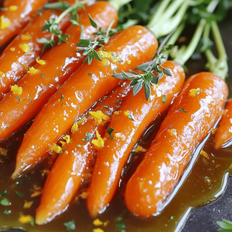 - 1 pound baby carrots, peeled - 3 tablespoons honey - 2 tablespoons unsalted butter - 1 teaspoon fresh thyme leaves - 1/2 teaspoon ground ginger - Salt and pepper to taste - Zest of 1 orange - 1 tablespoon orange juice - Chopped parsley for garnish For this honey glazed holiday carrots dish, you will need a few simple, fresh items. Baby carrots are sweet and tender, making them perfect for this recipe. Honey adds a lovely, sticky sweetness that enhances the natural flavor of the carrots. Unsalted butter gives a rich taste and helps the glaze stick. Next, we have seasonings that elevate the dish. Fresh thyme leaves offer an earthy note, while ground ginger adds warmth. Don't forget to season with salt and pepper to bring out the flavors. You can also add optional ingredients to give your dish a twist. Orange zest brightens the flavor, and orange juice adds a citrusy zing. Finally, top it off with chopped parsley for a fresh look. You can find the full recipe for these honey glazed holiday carrots in the earlier section. 1. First, bring a medium pot of water to a boil. 2. Add 1 pound of baby carrots to the pot. 3. Boil the carrots for about 5 minutes. They should be slightly tender. 4. Next, drain the carrots and set them aside. 1. In a large skillet, melt 2 tablespoons of unsalted butter over medium heat. 2. Add the cooked carrots to the skillet. Sauté them for 2 to 3 minutes. 3. In a small bowl, mix together: - 3 tablespoons honey - 1 teaspoon fresh thyme leaves - 1/2 teaspoon ground ginger - Salt and pepper to taste - Zest of 1 orange - 1 tablespoon orange juice 4. Pour this honey mixture over the sautéed carrots in the skillet. Toss to coat the carrots evenly. 1. Let the carrots simmer in the glaze for about 5 minutes. Stir occasionally. 2. Remove from heat and adjust the seasoning if needed. 3. Transfer the glazed carrots to a serving dish. Garnish with chopped parsley. Enjoy this vibrant dish as part of your holiday spread! For the complete recipe, check the Full Recipe section. To get the right glaze, balance is key. You want it thick enough to coat the carrots but not so thick that it becomes sticky. Start with 3 tablespoons of honey and 2 tablespoons of butter. Heat them together until they blend well. If it’s too thin, cook it longer to reduce. Aim for about 5 minutes of simmering for a perfect glaze. Timing is important for tenderness. After boiling the carrots, sauté them for only 2-3 minutes. This short time helps keep the carrots crisp yet tender. If you cook them too long, they can become mushy. If you want to switch things up, try using maple syrup instead of honey. This gives a nice, rich flavor. You can also use agave nectar for a lighter touch. Both options work well with the other ingredients. Adding more herbs can boost flavor. Fresh rosemary or dill can complement the sweetness. Just chop them finely and mix them in with the honey glaze. Adjust the amount to your taste. You can choose between skillet or oven methods. A skillet is quick and gives you great control. You can stir the carrots and glaze easily. If you prefer, you can roast them in the oven for a deeper flavor. Just toss the carrots in the glaze and bake at 400°F for about 20 minutes. Using fresh carrots makes a big difference. They have a better flavor and texture. If you use frozen carrots, they may become watery. If you must use frozen, cook them longer to ensure they absorb the glaze. For the full recipe, visit the section on how to prepare these delicious honey glazed holiday carrots. {{image_2}} You can switch out baby carrots for other veggies. Parsnips add a sweet, earthy taste. Sweet potatoes can also work, giving a hearty twist. If you want more color, blend in some green beans. They pair well with the glaze and add a nice crunch. Want to spice things up? Add a pinch of chili flakes. This gives a warm kick to the dish. If you like things sweeter, use maple syrup instead of honey. It adds depth and pairs nicely with the orange juice. For vegan options, replace the butter with olive oil. This keeps the dish light and plant-based. If you need it gluten-free, all the ingredients are safe. Just check the labels on any processed items to be sure. To store leftover honey glazed carrots, let them cool first. Place them in an airtight container. Refrigerate for up to three days. This keeps the carrots fresh and tasty. If you want to keep them longer, consider freezing. You can freeze honey glazed carrots for up to three months. To do this, let them cool completely. Place the carrots in a freezer-safe bag. Squeeze out as much air as you can. When you are ready to enjoy them, reheat in a skillet on low heat. Alternatively, you can use a microwave. Just add a splash of water to keep them moist. These carrots pair well with many holiday dishes. They are great next to roasted turkey or ham. You can also add them to salads for a sweet crunch. Try mixing them into grain bowls for added flavor. Honey glazed carrots can also be a delicious topping for tacos or wraps. Yes, you can use regular carrots. Just cut them into smaller pieces. Aim for uniform sizes to cook evenly. Baby carrots are sweeter and more tender but regular ones work well, too. You can store honey glazed carrots in the fridge for up to four days. Keep them in an airtight container to stay fresh. Make sure they cool down before you store them. The best way to reheat them is on the stove. Place the carrots in a skillet over low heat. Add a splash of water or extra butter to keep them moist. Stir gently until warmed through. Yes, you can prepare them in advance! Cook the carrots and glaze them, then let them cool. Store them in the fridge. Reheat before serving for a tasty side dish. Honey glazed carrots pair nicely with many dishes. Consider serving them with roasted chicken or beef. They also go well with mashed potatoes or a fresh green salad. Enjoy mixing flavors and colors on your plate! Honey-glazed carrots bring joy to your meals. We explored key ingredients, prep steps, and tips to enhance flavor. Remember, you can substitute vegetables or try new seasonings for variety. Storing leftovers is easy, and reheating is simple. Follow these steps, and you'll create a dish everyone loves. Embrace your creativity in the kitchen and savor every bite!