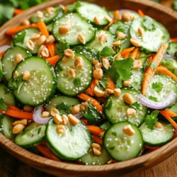 - 2 cups cucumber, thinly sliced - 2 cups carrots, julienned - 1/4 cup red onion, thinly sliced - 1/4 cup fresh cilantro, chopped - 1/4 cup roasted peanuts, roughly chopped - 2 tablespoons sesame oil - 1 tablespoon rice vinegar - 1 tablespoon honey - 1 teaspoon grated ginger - Salt and pepper to taste For this crisp and tasty salad, fresh produce is key. The cucumber adds coolness, while the carrots give a sweet crunch. The red onion adds a bit of zing. Fresh cilantro gives the dish a bright flavor. I always recommend using the ripest cucumbers and the freshest carrots. The pantry items are just as important. Roasted peanuts add a nutty crunch and protein. Sesame oil gives a rich flavor that pairs well with the veggies. Rice vinegar adds tang, while honey brings sweetness. Grated ginger adds warmth and spice. You can adjust salt and pepper to fit your taste. For a full recipe, check the detailed instructions. Use these fresh ingredients to make a salad that will impress everyone at your table! 1. In a large mixing bowl, combine the sliced cucumbers, julienned carrots, and red onion. 2. In a separate bowl, whisk together the sesame oil, rice vinegar, honey, grated ginger, salt, and pepper until well blended. 3. Pour the dressing over the vegetables and toss gently to coat all the ingredients evenly. 1. Add the chopped cilantro and roasted peanuts, tossing carefully to avoid crushing the peanuts. 2. Let the salad marinate for about 10 minutes to allow the flavors to meld together. 3. Serve chilled or at room temperature, garnishing with additional cilantro if desired. This recipe is quick and easy. It takes only about 20 minutes. You can find the full recipe to save for later. Enjoy the fresh tastes and crunch! To get the best texture for your salad, slice cucumbers and carrots with care. For cucumbers, use a sharp knife and cut them into thin rounds. This helps them stay crisp. For the carrots, julienne them into thin strips. This shape adds fun and crunch to the salad. Marinating the salad boosts its flavor. After you mix the salad, let it rest for about 10 minutes. This allows the veggies to soak up the dressing. The longer you let it sit, the more the flavors blend. Adjusting the sweetness and tang is easy. If you like it sweeter, add a bit more honey. If you want more tang, increase the rice vinegar. Taste and tweak until it suits your palate. Choosing the right oils and vinegars is key. I love using sesame oil for a nutty taste. It pairs well with rice vinegar, which adds a nice acidity. These choices enhance the salad's freshness. If you need a low-sugar option, skip the honey. You can use a splash of orange juice for natural sweetness. It brightens the flavor without adding extra sugar. Adding spices can take your dressing to the next level. Try a pinch of red pepper flakes for heat or a bit of garlic powder for depth. These small changes can make a big difference in taste. For the full recipe, refer to the Crispy Cucumber Carrot Salad section. Enjoy the crunch and freshness! {{image_2}} You can make this salad even more fun by adding fruits. Try mixing in mango or apple for a sweet twist. Fruits bring a juicy crunch and vibrant color. You can also add protein. Grilled chicken or tofu enhances the salad’s heartiness. This makes it perfect for lunch or dinner. If you love texture, experiment with nuts and seeds. Almonds, walnuts, or sunflower seeds add extra crunch and flavor. Do you want a creamy dressing? Use yogurt for a rich and smooth option. It pairs well with the fresh veggies. For a kick, try spicy dressings. Sriracha or chili flakes can add a nice heat. If you like fresh herbs, create an herb-infused dressing. Basil or mint can brighten up the flavors. Each variation can change the whole dish. Explore these options to find your favorite twist on the salad. For the full recipe, check the earlier section. Your Cucumber Carrot Salad stays fresh for about 3 days in the fridge. Keep it covered to avoid drying out. Use an airtight container to keep the crunch. Glass containers work best, as they do not absorb odors. You can make this salad in advance. Keep the dressing separate until serving. This way, your salad stays crisp and fresh. If you want to freeze it, consider only freezing the cucumber. Carrots freeze better when blanched first. Always store in freezer-safe bags. The main ingredients in this salad are fresh and colorful. You will need: - 2 cups cucumber, thinly sliced - 2 cups carrots, julienned - 1/4 cup red onion, thinly sliced - 1/4 cup fresh cilantro, chopped - 1/4 cup roasted peanuts, roughly chopped These key components give the salad its crunch and flavor. The cucumbers add a refreshing taste, while carrots bring sweetness. The red onion adds a little bite, and peanuts offer a crunchy finish. If you want to make the salad more filling, add protein and grains. You can try: - Grilled chicken or shrimp for lean protein. - Tofu for a vegetarian option. - Quinoa or brown rice for healthy grains. These additions will make your salad a complete meal. Pairing flavors can also enhance the dish's appeal. You can prepare this salad ahead of time, but freshness is key. If you plan to make it early, consider these tips: - Mix the dressing and veggies separately until serving. - Add the dressing just before serving to keep the crunch. - Marinate for about 10 minutes before serving for best flavor. This way, your salad stays fresh and bright, just like when you first made it. For the full recipe, check out the details. This blog post covered how to make a delicious cucumber carrot salad. We looked at fresh produce, pantry items, and step-by-step instructions. I shared tips to perfect the salad and ideas for tasty variations. Remember to store it right so it stays fresh and crisp. You can personalize it with fruits, proteins, or different dressings. Now, you’re ready to create a salad that is both healthy and full of flavor. Enjoy making it your own!