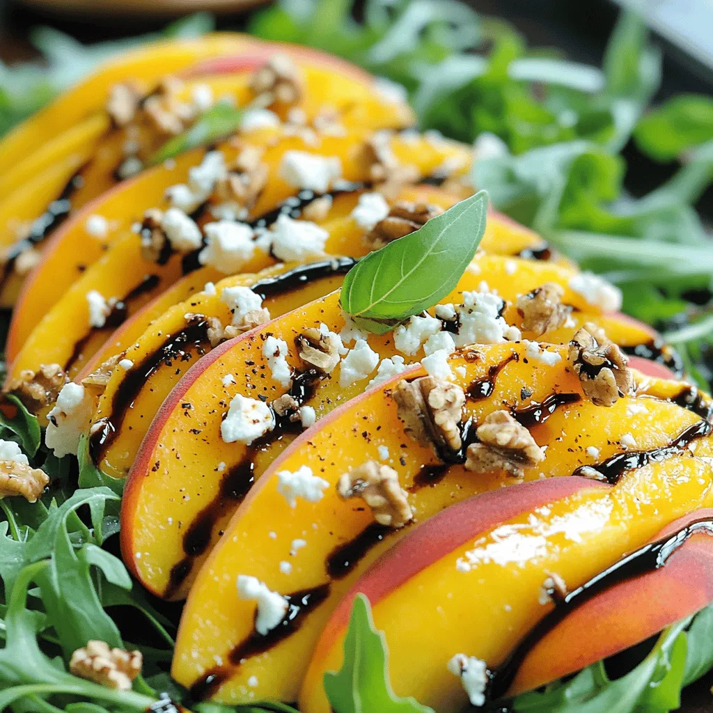 To make this salad pop with flavor, you need fresh ingredients. Here’s what you’ll need: - 3 ripe peaches, sliced - 1 cup arugula or mixed salad greens - 1/2 cup feta cheese, crumbled - 1/4 cup walnuts, toasted and roughly chopped - 2 tablespoons balsamic glaze - 1 tablespoon olive oil - Salt and pepper to taste - Fresh basil leaves for garnish These ingredients blend well together. The sweet peaches contrast nicely with the salty feta. The walnuts add a crunchy texture that makes each bite exciting. You can use a few optional ingredients to enhance your salad. Try adding: - A few slices of red onion for a bite - Sliced avocado for creaminess - A sprinkle of chili flakes for heat These extras can make your salad even more special. Feel free to mix and match based on what you like. Each serving packs a healthy punch. Here’s what you get per serving: - Calories: About 210 - Protein: 6g - Carbohydrates: 22g - Fat: 12g - Fiber: 3g This salad is light yet filling. It’s perfect for a lunch or a side dish at dinner. For the full recipe, check out the complete guide. Start by gathering all your ingredients. You need 3 ripe peaches, sliced. Also, have 1 cup of arugula or mixed salad greens ready. Measure out 1/2 cup of crumbled feta cheese and 1/4 cup of toasted walnuts. Lastly, prepare 2 tablespoons of balsamic glaze and 1 tablespoon of olive oil. Make sure your peaches are fresh and ripe. This adds much flavor to the salad. Wash the arugula or greens well. Dry them gently with a clean kitchen towel or salad spinner. In a large salad bowl, combine the sliced peaches and arugula. Next, sprinkle the crumbled feta cheese over the top. Add the toasted walnuts for a nice crunch. In a small bowl, mix the balsamic glaze and olive oil. Whisk them together until they blend well. Drizzle this dressing over your salad. Season with salt and pepper to taste. Gently toss the salad with your hands. This helps mix all the flavors without bruising the peaches. For serving, place the salad on a large platter. Garnish with fresh basil leaves for a pop of color. This not only looks pretty but adds a fresh taste. You can serve this salad right away. It’s best enjoyed fresh. If you want to impress guests, serve it in individual bowls. This salad pairs well with grilled meat or as a light lunch. Check the [Full Recipe] for all the details you need! When selecting peaches, look for ones that feel firm but slightly soft. Their skin should be smooth and slightly fragrant. Avoid peaches with bruises or dark spots. Ripe peaches have a yellow or golden hue, not green. If they are not quite ripe, you can leave them out at room temperature for a few days. This simple step helps them soften. Use your senses; the smell and feel will guide you to the best peaches for your salad. If you have leftover salad, store it in an airtight container. This keeps the flavors fresh longer. Try to eat it within a day. The peaches may not hold up well after a day. If you want to save the salad for later, store the dressing separately. This way, the greens stay crisp. You can mix everything just before you eat. You can make this salad your own! Add nuts like almonds or pecans for crunch. Try adding other fruits like berries or apples for extra flavor. If you want more protein, grilled chicken or chickpeas work well. You can also swap feta for goat cheese if you prefer a creamier taste. Experiment with different greens, too. Spinach or kale can be great substitutes. Have fun and make it your own! For the full recipe, check out the details above. {{image_2}} If you want to change the cheese, try goat cheese or burrata. Goat cheese has a tangy taste that pairs well with peaches. Burrata is creamy and adds a rich flavor. Both options keep the salad fresh and tasty. You can add protein to this salad for a filling meal. Grilled chicken works well and adds great flavor. Simply slice the chicken and mix it in. Quinoa is another option for a plant-based protein. Cook the quinoa and toss it in for extra texture. You can switch out peaches for other fruits. Try ripe nectarines or juicy plums in summer. In fall, use apples or pears for a different taste. Each fruit brings its own flavor, keeping the salad exciting and fresh. To keep your peach feta salad fresh, store each ingredient separately. Peaches can brown quickly, so slice them just before serving. Keep them in an airtight container in the fridge. The arugula or mixed greens needs to stay dry. Wrap them in a paper towel and place them in a bag. This will help keep them crisp. Store feta cheese in its brine to maintain its flavor and texture. Walnuts should go in a cool, dry place. If stored correctly, the salad can last for up to two days in the fridge. However, the longer it sits, the softer the peaches will get. The greens may also lose their crunch. It's best to enjoy the salad within the first day for the best taste and texture. This salad is best served cold, so reheating is not ideal. If you want to freshen up leftovers, add a little more dressing. This will revive the flavors and bring back some moisture. You can also toss in fresh greens or extra feta to enhance the taste. Enjoy your refreshing peach feta delight just like you made it! For the complete recipe, check out the Full Recipe. Yes, you can make this salad ahead of time. However, I suggest waiting to add the peaches and dressing. This keeps the salad fresh and crisp. Prepare the greens, feta, and walnuts ahead. Store them in the fridge. Then, right before serving, add the peaches and drizzle on the dressing. This method keeps the flavors vibrant. Many dressings work well with this salad. A honey mustard dressing adds a sweet touch. A lemon vinaigrette brightens the flavors. You can also try a yogurt dressing for a creamy option. Each dressing brings a unique taste to the salad. Feel free to mix and match based on your preference. Yes, peach feta salad is perfect for vegetarians. It contains no meat or fish. The feta cheese adds protein and flavor. Plus, the fresh peaches and greens provide essential nutrients. This salad makes a great light meal or side dish. Enjoy it knowing it fits well into a vegetarian diet. For the full recipe, check out the section above! This blog post covered fresh and optional ingredients for a peach feta salad. You learned the steps to prepare, mix, and serve it perfectly. I shared tips on choosing peaches, storing leftovers, and customizing the dish. You can explore variations with different cheeses or proteins. Remember, you can make this salad ahead and it suits vegetarian diets. Enjoy making your salad great every time!