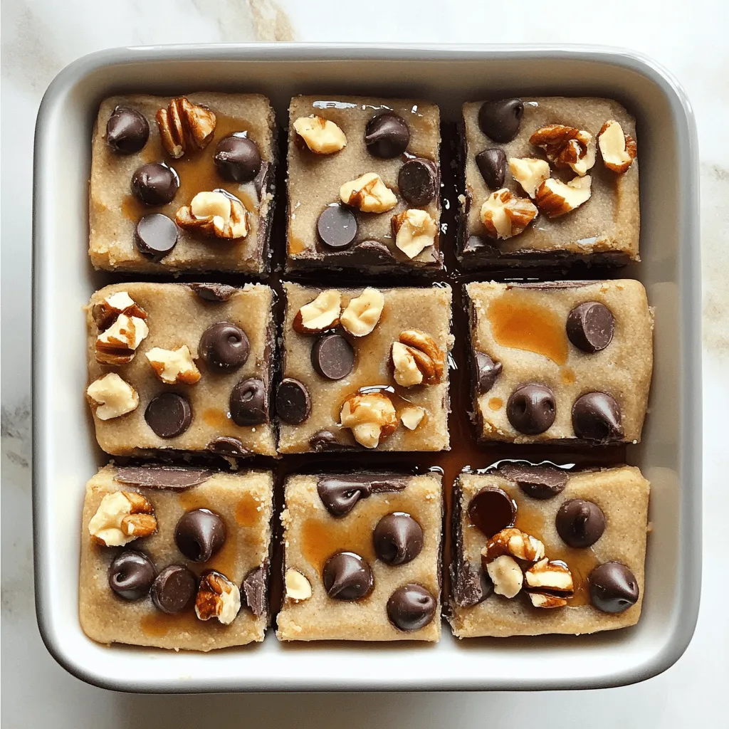 To make No Bake Healthy Cookie Dough Bars, you need simple, wholesome ingredients. Here are the key items: - 1 cup almond flour - 1/2 cup natural peanut butter or almond butter - 1/4 cup maple syrup or honey - 1/4 teaspoon vanilla extract - 1/4 teaspoon sea salt - 1/2 cup dark chocolate chips (dairy-free if desired) - 1/4 cup chopped walnuts or pecans (optional) These ingredients blend well to create a tasty treat without baking. Each ingredient offers great nutrition. Almond flour is rich in protein and healthy fats. It also has fewer carbs than regular flour. Natural peanut butter gives you protein and healthy fats. Maple syrup or honey adds natural sweetness and minerals. Vanilla extract adds flavor without extra calories. Sea salt boosts flavor and balances sweetness. Dark chocolate chips provide antioxidants and a mood lift. If you add nuts, they give extra crunch and healthy fats. You can easily swap ingredients to meet your needs. If you have nut allergies, use sunflower seed butter instead of nut butter. For a vegan option, replace honey with maple syrup. If you're avoiding gluten, almond flour is a great choice. You can use carob chips instead of dark chocolate for a caffeine-free option. Always choose ingredients that fit your diet and taste. For the full recipe, check the section above! To make No Bake Healthy Cookie Dough Bars, start by gathering your ingredients. You need almond flour, peanut butter, maple syrup, vanilla extract, sea salt, dark chocolate chips, and nuts if you want. In a large mixing bowl, add the almond flour, peanut butter, maple syrup, vanilla extract, and sea salt. Mix them until a dough forms. This will take about one minute. Then, fold in the dark chocolate chips and any nuts you choose. Make sure everything blends well. When mixing, use a sturdy spoon or spatula. You want the dough to be thick and sticky. If it feels too dry, add a tiny bit of water. Once mixed, press the dough into an 8x8 inch baking dish lined with parchment paper. Use your hands or a spatula to spread it evenly. Press firmly to avoid crumbles later. This step is key for a good texture. After pressing the dough, place the dish in the fridge. Let it chill for about 30 minutes. This helps the bars firm up. If you are in a hurry, you can set them in the freezer for 15 minutes. When they are set, lift the bars out using the parchment paper. Cut them into squares or rectangles. Enjoy your healthy treats! For the complete recipe, check the Full Recipe section. To get the best texture in your no bake cookie dough bars, start with almond flour. It gives a nice nutty flavor and keeps the bars soft. Use natural peanut butter or almond butter for a creamy base. Maple syrup adds sweetness and helps bind the mix. Make sure to mix the ingredients well until a dough forms. If the dough feels too crumbly, add a tiny bit more nut butter or syrup. This helps the bars stick together. One common mistake is not measuring the ingredients correctly. Too much almond flour can make the bars dry. Always use a measuring cup for accuracy. Another mistake is not pressing the dough firmly into the pan. Pressing it down helps create a solid bar. If you skip the chilling step, the bars may fall apart. Always chill the bars for at least 30 minutes before cutting. These cookie dough bars taste great on their own. You can enjoy them with a glass of almond milk or a cup of tea. For a fun twist, dip them in melted dark chocolate. Adding fresh fruit on the side can also enhance the flavor. Try serving with sliced bananas or berries for a sweet touch. For more ideas, check out the Full Recipe for ways to mix it up! {{image_2}} You can make these cookie dough bars even better with fun add-ins. Consider using dried fruits like cranberries or apricots. They add sweetness and chewiness. Seeds like chia or flax can also boost nutrition. They provide healthy fats and fiber. You can mix in coconut flakes for a tropical twist. Just remember to keep the balance right. Too many add-ins can change the texture. Want to change the flavor? Try using cocoa powder for a chocolate version. Just add two tablespoons to the dough mix. You can also switch it up with matcha powder for a green tea taste. This gives a nice color and unique flavor. Adding spices like cinnamon or nutmeg can warm up the taste too. Be creative and find what you love! If you have a nut allergy, no problem. You can swap almond butter for sunflower seed butter. It works great and keeps the bars creamy. For sweeteners, try agave syrup instead of maple syrup. Coconut sugar is another option; it adds a caramel-like flavor. You can adjust the sweetness to fit your taste. With these swaps, you can enjoy the bars in many ways. For the full recipe, check out No Bake Healthy Cookie Dough Bars. To keep your no bake healthy cookie dough bars fresh, use an airtight container. Place the bars in the fridge. They will stay good for about one week. If you don’t eat them all at once, this method works great. Make sure they are cool before sealing the container. This helps lock in their flavor and texture. If you want to keep the bars longer, freezing is the way to go. Wrap each bar in plastic wrap. Then, place them in a freezer-safe bag or container. You can freeze them for up to three months. When you want one, just take it out and let it thaw in the fridge. It’s that easy! Look for signs to know if your cookie dough bars are still good. Check for an off smell or changes in color. If they look dry or hard, it's time to toss them. Fresh bars should smell sweet and have a soft texture. Always trust your senses to keep your snacks safe. Yes, you can make these bars vegan easily. Use almond butter instead of peanut butter. Choose maple syrup as your sweetener. Make sure to get dairy-free dark chocolate chips. These swaps keep the bars tasty and plant-based. These bars last for about one week when stored properly. Keep them in an airtight container in the fridge. This helps maintain their freshness and flavor. You might find they get even better after a day or two! To cut these bars, first let them chill in the fridge. Once set, lift them out using the parchment paper. Use a sharp knife for clean cuts. Cut them into squares or rectangles. Enjoy the perfect size for a quick snack! These no-bake healthy cookie dough bars are simple and fun to make. You learned about the key ingredients and their health benefits. I shared tips for mixing and pressing the dough, and you now know how to store them properly. Experiment with different flavors and add-ins to make them your own. Remember to avoid common mistakes to get the best texture. Enjoy these bars as a tasty snack or dessert that fits your dietary needs. Get creative, and happy cooking!