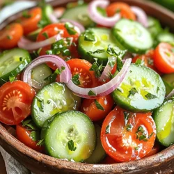 - 2 medium cucumbers, sliced Crisp cucumbers add a refreshing crunch. Use fresh ones for the best flavor. - 3 medium tomatoes, chopped Juicy tomatoes bring sweetness. Choose ripe ones for maximum taste. - 1 red onion, thinly sliced Red onions add a nice bite. You can soak them in water to reduce sharpness. - 1/4 cup fresh parsley, chopped Fresh parsley gives color and brightness. You can swap it for basil if you like. - 2 tablespoons olive oil Olive oil adds richness. Use extra virgin for the best flavor. - 2 tablespoons apple cider vinegar This vinegar adds tang. You can try balsamic vinegar for a different twist. - 1 tablespoon lemon juice Lemon juice brightens the salad. Use fresh juice for a zesty kick. - 1 teaspoon honey Honey balances acidity. You can use maple syrup for a vegan option. - Salt and pepper to taste These seasonings enhance all flavors. Adjust them based on your preference. - 1/2 teaspoon dried oregano Dried oregano adds depth. Fresh oregano works too, just double the amount. You can find the full recipe above. This salad is easy to make and perfect for warm days. Enjoy the bright flavors and fresh ingredients! 1. Start by gathering your ingredients. You will need cucumbers, tomatoes, red onion, and parsley. 2. In a large mixing bowl, combine the sliced cucumbers, chopped tomatoes, and thinly sliced red onion. 3. Next, prepare the dressing. In a small bowl, whisk together olive oil, apple cider vinegar, lemon juice, honey, salt, pepper, and dried oregano. This mix adds a bright zing to the salad. 4. Pour the dressing over the mixed vegetables. Gently toss everything together. Make sure all the veggies are well coated. 5. Now, fold in the fresh parsley for a burst of flavor. 6. Cover the bowl with plastic wrap or a lid. Let it marinate in the fridge for at least 30 minutes. This gives the flavors time to blend beautifully. - For the best taste, I recommend marinating the salad for at least 30 minutes to an hour. This lets the dressing soak into the vegetables. - Adjust the flavors by adding more salt or honey as you like. Taste as you go! - When cutting the vegetables, make sure to slice the cucumbers thinly. This helps them absorb the dressing better and gives you a nice crunch. Aim for uniform sizes for even marinating. This salad is a fantastic way to enjoy fresh flavors. For the full recipe, check out the details above. To make your marinated cucumber tomato onion salad shine, consider adding fresh herbs like basil or dill. These herbs add a bright flavor and aroma. You might also try mint for a refreshing twist. For those who like heat, sprinkle in chili flakes or a dash of hot sauce. This brings a fun kick that wakes up the taste buds. Balancing acidity and sweetness is key in the dressing. The mix of apple cider vinegar and honey works well, but you can adjust it. If you like it tangier, add more vinegar. If you prefer it sweeter, add a bit more honey. Taste as you go to get it just right. Make your salad pop visually by layering it in a clear bowl. This way, the colors of the cucumbers, tomatoes, and onions stand out. You can also serve the salad on a bed of greens. This adds color and makes it look fancy. For main dish pairings, this salad goes great with grilled chicken or fish. The fresh flavors complement hearty meals nicely. If you have leftovers, try them in a wrap with some grilled veggies or as a topping on a sandwich. The flavors will still taste great the next day, and it's a fun way to enjoy them again. Make sure to check out the Full Recipe for all the details needed to create this refreshing delight! {{image_2}} You can change this salad in many fun ways. You might want to add bell peppers for a crunch. Carrots can give it a nice sweetness, too. If you're vegan, skip the honey or use agave syrup. For gluten-free, this recipe is already safe as it is. You can also add spices like cumin for a new twist. Try using ingredients from your culture for an inspired flavor. The dressing is where you can get really creative. Try different oils like avocado oil for a richer taste. You can also experiment with vinegars, such as balsamic or rice vinegar, for unique flavors. Want something creamier? Mix in a bit of Greek yogurt or sour cream. If you're busy, some great store-bought dressings can save time. Look for ones that fit your taste and diet needs. For the full recipe, click [Full Recipe]. To keep your marinated cucumber tomato onion salad fresh, follow these simple steps: - Refrigeration: Place the salad in an airtight container. This keeps it cool and prevents odors from mixing. - Duration: Enjoy the salad within 3 to 4 days. After that, it may lose its crunch and flavor. - Freezing Tips: I do not recommend freezing this salad. The texture of the cucumbers and tomatoes will suffer. This salad is best served cold, so reheating is not necessary. If you need to serve it after storing: - Best Methods: Simply take it out of the fridge. Give it a gentle stir to mix the flavors again. - Fresh vs. Stored: Serve it fresh if you can. The flavors shine after marinating for at least 30 minutes. Stored salad is still tasty but may not have the same crunch. For the full recipe, check out the detailed steps and ingredients to create this refreshing dish! Can I make this salad in advance? Yes, you can make this salad ahead of time. It tastes even better after marinating! Just cover it and keep it in the fridge. How long can the salad last in the fridge? This salad lasts about 3 to 4 days in the fridge. Just make sure to store it in an airtight container. What are the nutritional benefits of this salad? This salad is full of vitamins and minerals. Cucumbers are hydrating and low in calories. Tomatoes are rich in antioxidants. Onions add flavor and may help heart health. Can I use different vegetables? Absolutely! You can add bell peppers, radishes, or even avocados. Feel free to mix and match your favorites. How to make a low-calorie version of the salad? To make it low-calorie, use less oil or vinegar. You can also skip the honey. This keeps the flavors while cutting calories. For the full recipe, check out the Crispy Refreshing Cucumber Tomato Onion Salad! You now know how to make a tasty marinated cucumber tomato onion salad. We covered each ingredient, prep steps, and cooking tips to perfect your dish. Don’t forget to explore flavor variations and storage methods to keep your salad fresh. This dish is versatile, easy to adjust, and fits many diets. Enjoy it as a side or snack! With these tips, you can create a salad that everyone will love. The key is to have fun and be creative in your kitchen.