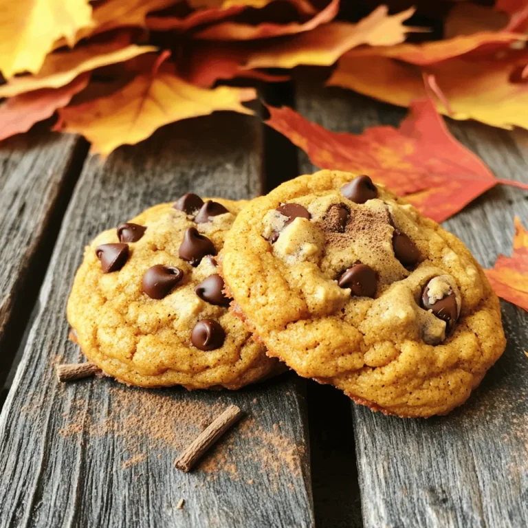 To make these brown butter pumpkin chocolate chip cookies, you will need: - 1 cup unsalted butter (2 sticks) - 1 cup pumpkin puree (canned or fresh) - 1 cup brown sugar, packed - 1/2 cup granulated sugar - 1 large egg - 2 teaspoons vanilla extract - 2 cups all-purpose flour - 1 teaspoon baking soda - 1 teaspoon baking powder - 1 teaspoon ground cinnamon - 1/2 teaspoon ground nutmeg - 1/4 teaspoon salt - 1 cup semi-sweet chocolate chips Each ingredient plays a key role in the cookie's taste and texture. - Unsalted butter: This adds a rich flavor and helps with browning. Brown butter enhances the nutty taste. - Pumpkin puree: It gives moisture and a soft texture. Plus, it adds a warm, fall flavor. - Brown sugar: This sugar adds sweetness and a chewy texture. It also enhances the caramel notes. - Granulated sugar: This sugar helps the cookies spread and adds a light crunch. - Egg: It binds the dough and adds moisture. - Vanilla extract: This adds depth and a lovely aroma. - All-purpose flour: It gives structure to the cookies. - Baking soda and baking powder: These leavening agents help the cookies rise. - Spices (cinnamon and nutmeg): These add warmth and flavor, making the cookies taste like fall. - Salt: A small amount enhances all the flavors. - Chocolate chips: They add sweetness and a decadent touch. If you need alternatives, here are some ideas: - Butter: You can use coconut oil or margarine, but they change the flavor. - Pumpkin puree: Applesauce or mashed banana can work in a pinch. They add moisture but will change the taste. - Brown sugar: You can use white sugar, but the cookies will be less chewy. - Gluten-free flour: If you need gluten-free options, use a 1:1 gluten-free flour blend. - Chocolate chips: Try dark chocolate or white chocolate for a different taste. These ingredients come together to create a cookie that is rich, soft, and bursting with flavor. If you want the full recipe, check the Step-by-Step Instructions section. To start, you need to make the brown butter. This step adds a rich flavor to the cookies. Take a medium saucepan and melt 1 cup of unsalted butter over medium heat. Stir it often. You will notice the butter bubbling. After 5-7 minutes, it will turn golden brown. You’ll smell a nutty aroma too. This is when you know it’s ready. Remove the saucepan from heat and let it cool slightly. Next, grab a large mixing bowl. In this bowl, combine the browned butter with 1 cup of pumpkin puree, 1 cup of packed brown sugar, and 1/2 cup of granulated sugar. Mix these ingredients well until the mixture is smooth and creamy. It helps to use a whisk or a hand mixer for this part. Then, crack in 1 large egg and add 2 teaspoons of vanilla extract. Stir these in until everything is fully blended. Now it’s time to mix the dry ingredients. In another bowl, whisk together 2 cups of all-purpose flour, 1 teaspoon of baking soda, 1 teaspoon of baking powder, 1 teaspoon of ground cinnamon, 1/2 teaspoon of ground nutmeg, and 1/4 teaspoon of salt. Gradually add this dry mix to the wet mixture, stirring gently until just combined. Be careful not to overmix. Finally, fold in 1 cup of semi-sweet chocolate chips. After that, use a cookie scoop or tablespoon to drop rounded dough onto two prepared baking sheets. Space them about 2 inches apart. Bake these in your preheated oven at 350°F for 10-12 minutes. The edges should be lightly golden. The centers may look a bit under-baked. That's okay; they will firm up as they cool. Let them cool on the baking sheets for 5 minutes before moving them to a wire rack to finish cooling completely. For the full recipe, check above. To make brown butter, you must melt unsalted butter in a saucepan. Use medium heat and stir often. Watch for the color change. The butter will turn golden brown and smell nutty. This step adds a rich flavor to your cookies. Make sure to remove it from heat right when it’s done. If you let it cook too long, it will burn and taste bitter. For soft and chewy cookies, do not overmix the dough. Mix until just combined. You can also chill the dough for about 30 minutes before baking. This helps the flavors meld and keeps your cookies thick. Using brown sugar adds moisture, which leads to a chewy texture. Always bake until the edges are lightly golden, and the centers look a bit soft. Baking at 350°F (175°C) is perfect for these cookies. Bake them for 10 to 12 minutes. Keep an eye on them as they bake. Ovens can vary in temperature. If your cookies spread too much, try chilling the dough longer. If you want them a bit crispier, add a minute or two to the baking time. Always let them cool for five minutes on the sheet before moving them. This helps them firm up nicely. For the full recipe, check the instructions above. {{image_2}} You can make your cookies even better by adding nuts or other mix-ins. Walnuts or pecans add nice crunch. Use about 1 cup of chopped nuts for great flavor. Chocolate chunks can also replace some chocolate chips. Dried fruit like cranberries or raisins adds sweetness. These options make your cookies unique and fun. If you want gluten-free cookies, it’s easy! Just swap all-purpose flour for gluten-free flour. Look for blends that work well in baking. They should not have a strong flavor. Check that your baking powder and baking soda are gluten-free too. This way, everyone can enjoy these cookies. You can change the taste of your cookies with different flavors. Try adding a bit of ginger or allspice for a warm twist. A splash of almond extract can also brighten the flavor. If you enjoy citrus, try adding orange or lemon zest. These small changes can make your cookies stand out. For the full recipe, check the earlier section. To keep your cookies fresh, let them cool completely first. Place them in an airtight container. You can store them at room temperature for up to five days. If you want them to last longer, try the fridge. Just remember to seal them well to avoid drying out. You can freeze these cookies for later enjoyment. After baking and cooling, place cookies in a single layer on a baking sheet. Freeze them for about one hour. Once frozen, transfer them to a freezer bag. They will stay fresh for up to three months. When you’re ready to enjoy, simply thaw them at room temperature. To bring back that fresh-baked taste, reheat your cookies. Preheat your oven to 350°F (175°C). Place the cookies on a baking sheet and heat for about 5-7 minutes. This will make them warm and soft again. Enjoy them with a glass of milk or your favorite drink. For more details, check the Full Recipe section. You can tell your cookies are done when the edges turn light golden brown. The center may look a bit soft but will firm up as they cool. Keep an eye on them, as baking times can vary. Don't overbake! Yes, you can use different types of chocolate. Dark chocolate or milk chocolate work well too. Just remember, the flavor will change a bit. Semi-sweet chocolate gives a nice balance with the pumpkin. These cookies stay fresh for about a week when stored in an airtight container. If you want them to last longer, freeze them. They can stay in the freezer for up to three months. Just thaw them before enjoying! *Note: The full recipe will be detailed in the Step-by-Step Instructions section.* This article covered the key ingredients, steps, tips, and variations for making cookies. You learned about the importance of each ingredient and how to make perfect brown butter. The tips help you bake soft, chewy cookies every time. You can customize your cookies with nuts or different flavors. Finally, proper storage keeps them fresh longer. Now, you have all the knowledge to bake delicious cookies that impress everyone. Enjoy your baking adventure and share your tasty results!