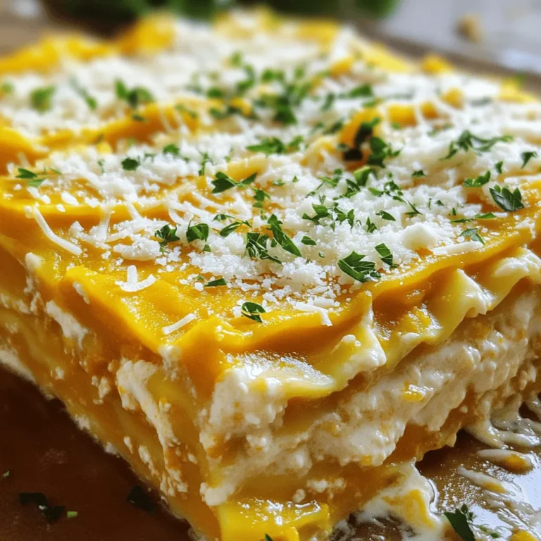 To make this delicious dish, you need some key ingredients. Here’s what you will use: - 12 lasagna noodles (uncooked) - 2 cups pumpkin puree (canned or homemade) - 2 cups ricotta cheese - 3 cups alfredo sauce (store-bought or homemade) - 2 cups shredded mozzarella cheese - 1 cup grated Parmesan cheese - 2 teaspoons Italian seasoning - 1 teaspoon garlic powder - Salt and pepper, to taste - Fresh parsley, for garnish (optional) These ingredients blend well together. The pumpkin adds a sweet flavor. The alfredo sauce gives it a creamy texture. You can add more taste with these optional ingredients: - Spinach or kale for greens - Cooked sausage or chicken for protein - Nutmeg for a warm spice - Red pepper flakes for heat These extras can make your lasagna even better. Try them based on your taste. To prepare this dish, gather these tools: - Crock pot - Mixing bowl - Wooden spoon or spatula - Measuring cups and spoons - Knife and cutting board Having the right tools makes cooking easier. You will find it simple to layer and cook the lasagna. For the complete recipe, check out the Full Recipe. First, grab a large mixing bowl. Add 2 cups of pumpkin puree. Next, include 2 cups of ricotta cheese. Sprinkle in 2 teaspoons of Italian seasoning and 1 teaspoon of garlic powder. Season with salt and pepper to your taste. Mix everything well until it's creamy and smooth. This mixture brings a rich flavor and a touch of sweetness to your lasagna. Start by spreading a thin layer of alfredo sauce on the bottom of the crock pot. This helps prevent sticking. Now, place 3 uncooked lasagna noodles on top of the sauce. Don't worry; they will soften as they cook. Spread half of your pumpkin-ricotta mixture over the noodles. Then, sprinkle 1 cup of shredded mozzarella cheese on top. Repeat these layers with another 3 noodles, the remaining pumpkin-ricotta mixture, and another cup of mozzarella. Finish with a third layer of noodles. Pour the rest of the alfredo sauce over the top. Top it off with the last cup of mozzarella and 1 cup of grated Parmesan cheese. Cover the crock pot with its lid. If you set it on low, cook for 4 to 6 hours. For high heat, aim for 2 to 3 hours. The noodles should be tender, and the cheese should be bubbly. Once done, let the lasagna cool for a few minutes. This step will help keep the layers from falling apart when you slice it. Layering lasagna is key to great taste. Start with a thin layer of sauce on the bottom. This helps prevent sticking. Then, place your noodles flat, ensuring they cover the sauce completely. Spread your filling evenly, reaching the edges of the noodles. This keeps everything moist and flavorful. Alternate layers of noodles, filling, and cheese. This creates a beautiful structure. Repeat this method until your ingredients are used up. Finish with cheese on top for a nice brown crust. A watery lasagna is a common issue. To prevent this, use less watery ingredients. If you use canned pumpkin, make sure it’s thick. Drain any excess liquid from ricotta cheese. You can also add a bit of flour to the pumpkin mix. This helps absorb extra moisture. Another tip is to let the lasagna rest after cooking. Letting it sit for a few minutes helps the layers set. This way, each slice stays intact and delicious. Serve your lasagna hot and bubbly. Garnish with fresh parsley or basil for color. A simple green salad pairs well. The crisp greens balance the creamy lasagna. You can also serve it with garlic bread for a tasty side. If you want a drink, try a light white wine. This adds a nice touch to your meal. For the full recipe, check out the full recipe section. {{image_2}} You can make your Crock Pot Pumpkin Alfredo Lasagna even better with some tasty options. Try adding veggies like spinach, mushrooms, or zucchini. These will add color and nutrients. You can also swap out the ricotta for cottage cheese for a lighter option. Another choice is to add some cooked lentils. They give a nice texture and extra protein. If you want a gluten-free version, use gluten-free lasagna noodles. Many brands offer great options. Just check the package for cooking times. You can still follow the same recipe. The flavors and creaminess will stay the same. Your gluten-free friends will love this dish! You can change the taste of your lasagna by using different spices. If you want a kick, add some red pepper flakes. For a sweeter taste, try adding a pinch of nutmeg or cinnamon. You could also mix in some fresh herbs like basil or thyme. Experimenting with spices lets you create a unique dish each time. This is a fun way to express your cooking style! For the complete recipe, check out the Full Recipe section. Enjoy making this delicious meal! To keep your Crock Pot Pumpkin Alfredo Lasagna fresh, store leftovers in an airtight container. Let the lasagna cool to room temperature first. This will help keep it from getting soggy. Place a piece of parchment paper between layers if you stack them. Refrigerate the lasagna for up to three days. When you're ready to enjoy leftovers, preheat your oven to 350°F. Place the lasagna in an oven-safe dish and cover it with foil. Heat for about 25 minutes. This keeps the top from browning too much. If you want a crispy top, remove the foil for the last 5 minutes. You can also reheat individual portions in the microwave. Just cover them lightly to avoid drying out. If you want to save some lasagna for later, freezing is a great option. Cut the lasagna into individual portions. Wrap each piece tightly in plastic wrap, then place them in a freezer bag. Label the bag with the date. Your lasagna will last about three months in the freezer. When you're ready to eat, thaw it overnight in the fridge before reheating. For best taste, I recommend using the Full Recipe for this dish as it gives you a hearty meal that's perfect for any day! Yes, you can use homemade Alfredo sauce. It adds a fresh taste and rich flavor. Making it yourself can also be fun! Start with butter, cream, garlic, and cheese. You can adjust the flavors to your liking. Just mix it well and pour it over the lasagna layers. You can swap cheeses based on your taste. Cream cheese works well for a creamy texture. You can also use goat cheese for a tangy kick. If you want more flavor, try sharp cheddar or fontina. Just remember to keep the same amounts for a good melt. Check the lasagna after cooking for 4-6 hours on low heat or 2-3 hours on high. The noodles should be soft, not hard. Look for bubbly cheese on top. If you see it, the lasagna is ready! Let it cool a bit before slicing for neat layers. For the full recipe, check the instructions above. This blog post shared key steps for making yummy Crock Pot Pumpkin Alfredo Lasagna. We covered the main ingredients, tools, and cooking tips. You learned how to layer it right and avoid a watery mess. We explored fun variations, storage options, and answered common questions. Now, you can create a warm dish that feels special. Enjoy experimenting with flavors and sharing it with friends or family. Your lasagna will impress everyone at the table!