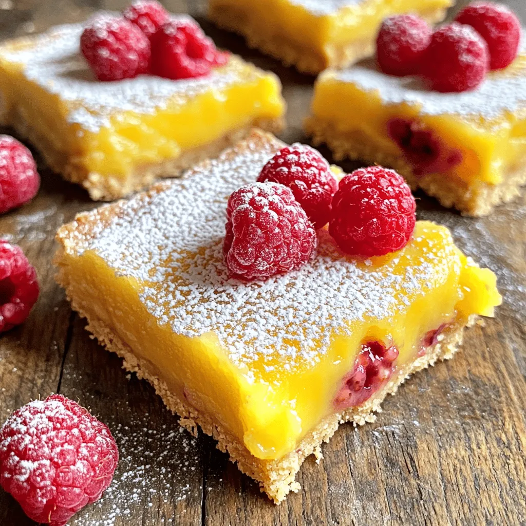 To make these tangy raspberry lemon bars, gather these simple ingredients: - 1 cup all-purpose flour - 1/4 cup powdered sugar - 1/2 cup unsalted butter, softened - 1/2 cup granulated sugar - 2 large eggs - 2 tablespoons lemon zest - 1/4 cup fresh lemon juice - 1/2 cup fresh raspberries (or frozen, thawed) - 1/4 teaspoon baking powder - Pinch of salt - Extra powdered sugar for dusting These fresh ingredients come together to create a sweet and zesty treat. If you need to swap out some ingredients, here are some easy ideas: - Instead of all-purpose flour, use gluten-free flour for a gluten-free option. - You can replace unsalted butter with coconut oil for a dairy-free version. - If you don’t have fresh raspberries, any tart berry works well. Try blueberries or blackberries. - For a lower sugar option, use a sugar substitute like Stevia. These substitutions keep the flavor while meeting your needs. Using the right tools can make cooking easier. Here’s what I recommend: - 8-inch square baking pan for even baking. - Mixing bowls for combining ingredients. - Whisk for mixing egg and sugar. - Parchment paper, which helps with easy removal. - A sharp knife to cut the bars cleanly. With these tools, you’ll find the process smooth and enjoyable. For the full recipe, check out the detailed instructions. To start, gather your ingredients. You need flour, powdered sugar, and butter. First, preheat your oven to 350°F (175°C). Greasing an 8-inch square baking pan helps with easy removal later. You can also line it with parchment paper. Next, in a mixing bowl, combine 1 cup of all-purpose flour and 1/4 cup of powdered sugar. Then, mix in 1/2 cup of softened unsalted butter. Use your hands or a fork to blend until it looks like coarse crumbs. This dough will form the base of your bars. Now, press the mixture into the bottom of the baking pan. Make sure it’s even. Bake this for 15 minutes. You want it to be slightly golden when you take it out. While your crust bakes, let’s prepare the filling. In a clean bowl, whisk together 1/2 cup of granulated sugar, 2 large eggs, and the zest from 2 tablespoons of lemon. Add 1/4 cup of fresh lemon juice and a pinch of salt. Then, whisk until it’s smooth. Next, fold in 1/2 cup of fresh raspberries. If you use frozen raspberries, make sure they are thawed. This mixture is bright and tangy, perfect for the filling. Once your crust is ready, pour the raspberry lemon filling over it. Return the pan to the oven. Bake for another 20-25 minutes. You know it's done when the filling is set and slightly firm to the touch. After baking, remove the pan from the oven and let it cool completely. This step is key. Letting it cool in the pan makes cutting easier. Once cooled, dust the top with extra powdered sugar. Now, cut into squares and enjoy your tangy raspberry lemon bars! For a fun touch, add a fresh raspberry or a twist of lemon peel on top. For the full recipe, check the recipe section above. To make the best crust, use cold butter. This keeps the crust flaky. Mix flour and powdered sugar well. Then, add the softened butter. Aim for a crumbly texture. Press it evenly into your baking pan. Bake until it turns golden. This usually takes about 15 minutes. Let it cool before adding the filling. To get a smooth filling, whisk the eggs well. Combine the granulated sugar, eggs, lemon zest, and lemon juice in a bowl. Mix until there are no lumps. Add the baking powder and a pinch of salt. Gently fold in the raspberries. Don't overmix; this keeps the berries intact. Pour the mixture on your cooled crust. Bake until set, about 20-25 minutes. For a beautiful presentation, cut the bars into neat squares. Dust the top lightly with powdered sugar. This gives a nice look and adds sweetness. Garnish each bar with a fresh raspberry or a twist of lemon peel. You can also serve them on a colorful plate. This makes for a lovely display. For the full recipe, follow the steps carefully to achieve the best results. {{image_2}} You can swap raspberries for other fruits. Blueberries add a sweet touch. Strawberries bring a juicy flavor. Blackberries give a nice tartness. Each fruit creates a new taste. Just follow the same recipe steps. Keep the same amount of fruit. Your bars will still turn out great! To make these bars gluten-free, use gluten-free flour. Almond flour works well and adds a nutty taste. Coconut flour is another choice, but use less. If you choose coconut flour, cut the amount to 1/3 cup. This keeps the right texture. The filling remains delicious and tangy, just like the original. You can add herbs or spices for extra flavor. Try a hint of fresh mint for a refreshing taste. A sprinkle of cinnamon gives warmth and depth. Or add a bit of grated ginger for spice. Each twist makes your bars unique. Experiment with flavors to find your favorites. To keep your Tangy Raspberry Lemon Bars fresh, store them in an airtight container. Place parchment paper between layers to avoid sticking. They will last up to five days in the fridge. Always let the bars cool completely before storing. This helps keep the crust crispy and the filling firm. If you want to save some bars for later, freezing works great. First, cut the bars into squares. Wrap each square tightly in plastic wrap. Next, place the wrapped bars in a freezer bag or container. They can stay fresh for up to three months. When you’re ready to eat them, just thaw in the fridge overnight. To reheat your bars, use the oven for best results. Preheat your oven to 350°F (175°C). Place the bars on a baking sheet and cover them with foil. Heat for about 10-15 minutes until warm. This method helps keep the crust nice and firm. You can also enjoy them cold, as they taste great right out of the fridge! For an extra touch, dust with powdered sugar before serving. For the complete recipe, check out the Full Recipe link. Yes, you can use frozen raspberries. Just thaw them first. Drain any extra juice. The bars will still taste great and have a nice color. Fresh raspberries are fun, but frozen ones can work well too. This makes it easy to enjoy these bars any time of year. To change the sweetness, you can add or reduce the sugar. If you like it sweeter, add a bit more granulated sugar to the filling. You can also use less sugar if you want a tangier taste. Taste the filling before baking. You can also add more raspberries for a fruity twist. This way, you can find your perfect balance. If you don’t have lemon juice, you can use lime juice. Lime brings a similar tang. Another option is to use vinegar, like apple cider vinegar, but use less. Mix it with water to cut the strong flavor. You can also use a lemon-flavored drink mix if you have it. Just remember, the taste might change slightly. For the detailed recipe to make these bars, check out the Full Recipe. In this blog post, we explored how to make Tangy Raspberry Lemon Bars. We covered the key ingredients, helpful substitutes, and tools to use. You learned how to prep the crust and make a smooth filling. Plus, we shared tips for the perfect bake and fun plating ideas. Consider variations like other fruits or gluten-free options to suit your taste. Store leftovers properly or freeze them for later enjoyment. These bars are easy to make and packed with flavor. I hope you enjoy making and tasting them!