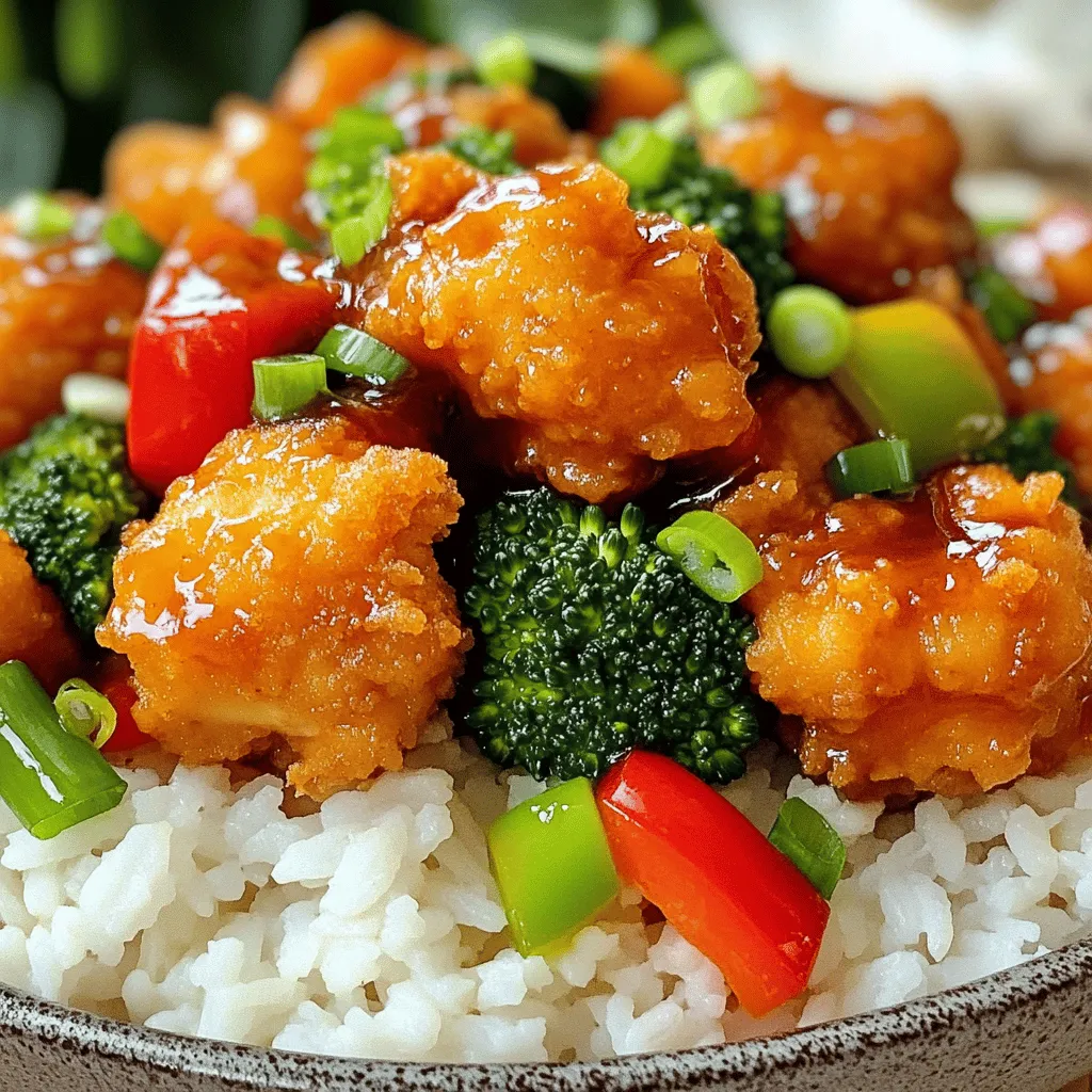 - 1 lb chicken breast, cut into bite-sized pieces - 1/2 cup cornstarch - 2 large eggs, beaten - 1 cup broccoli florets - 1/2 cup bell pepper, sliced (red or green) - 3 cloves garlic, minced - 1 tablespoon fresh ginger, minced - 1/3 cup soy sauce - 1/4 cup chicken broth - 1 tablespoon sesame oil General Tso's Chicken shines with fresh and hearty ingredients. Chicken breast gives a tender bite. Cornstarch helps create a crispy texture. Eggs add flavor and hold the coating. Broccoli and bell pepper add color and crunch. - 2 tablespoons rice vinegar - 1 tablespoon sugar - 1 teaspoon chili flakes (adjust to taste) - Vegetable oil for frying These flavorings make your dish pop! Rice vinegar adds tang. Sugar balances the heat. Chili flakes let you control the spice level. Vegetable oil is perfect for frying your chicken to golden perfection. - 1/4 cup green onions, chopped - Sesame seeds Garnishes elevate your dish. Green onions add freshness and color. Sesame seeds give a nice crunch and nutty flavor. These little touches make your General Tso's Chicken look stunning and taste amazing. For the full recipe, check out the [Full Recipe] section. Start by making the sauce. In a mixing bowl, whisk together these ingredients: - 1/3 cup soy sauce - 1/4 cup chicken broth - 1 tablespoon sesame oil - 2 tablespoons rice vinegar - 1 tablespoon sugar - 1 teaspoon chili flakes This sauce adds rich flavor to your General Tso’s Chicken. Set it aside for later. Next, focus on the chicken. In a bowl, coat the chicken pieces with 1/2 cup cornstarch. Make sure each piece is well covered. Then, dip the chicken into 2 beaten eggs. This creates a nice batter that will help it fry up crispy. Now, it's time to fry the chicken. Heat vegetable oil in a pan over medium-high heat. Once hot, add the chicken in small batches. Fry each batch for about 4-5 minutes. You want them golden brown and cooked through. After frying, place the chicken on a plate lined with paper towels to drain excess oil. In the same pan, add a little oil if needed. Sauté 3 minced garlic cloves and 1 tablespoon fresh minced ginger for about 30 seconds. They should smell sweet and fragrant. Then, add in 1 cup broccoli florets and 1/2 cup sliced bell pepper. Stir-fry these veggies for 3-4 minutes until they are tender but still crisp. Pour your prepared sauce into the pan with the vegetables. Stir well to combine and let it thicken slightly for about 2-3 minutes. Finally, add the fried chicken back into the pan. Toss everything together until the chicken is well coated in sauce and veggies. Cook for another minute to blend all the flavors. Now, you're ready to enjoy your General Tso's Chicken! You can find the full recipe for more details. For the best General Tso's Chicken, you want to fry at the right temperature. Heat the oil to around 350°F. This way, the chicken gets crispy and golden without getting too oily. If the oil is not hot enough, the chicken will absorb too much fat. Avoid crowding the pan. Fry in small batches. This allows the chicken to cook evenly. If you overcrowd, the temperature drops, and the chicken won't fry well. To adjust spice levels, start with just a pinch of chili flakes. You can always add more later. If you want it milder, skip the flakes or use less. For a unique flavor, try adding a splash of orange juice to the sauce. You can also swap chicken for tofu for a vegetarian option. This keeps the dish tasty and satisfying. If you can’t find sesame oil, use olive oil, but the flavor will change slightly. Presentation makes a big difference. Serve the General Tso's Chicken over steamed white rice or fried rice. This adds a nice touch. Garnish with chopped green onions for color. You can also sprinkle sesame seeds for texture. Arrange the chicken in a nice bowl. This makes it look even more appealing. Enjoy the meal as much with your eyes as with your taste buds. For full details on making this dish, check out the Full Recipe. {{image_2}} You can change the main protein in General Tso's Chicken. Try using tofu instead of chicken for a vegetarian option. Tofu absorbs flavors well, making it a great choice. You can also add nuts like cashews or peanuts for crunch. Nuts add a nice texture and richness to the dish. If you need to watch your sodium, use low-sodium soy sauce. This keeps the flavor while reducing salt. For those who need gluten-free options, you can swap regular soy sauce with tamari. Tamari has a similar taste and works well in this recipe. You can serve General Tso's Chicken in many ways. It's great over steamed rice, but you can also use fried rice. Adding a side of stir-fried vegetables makes the meal colorful. For a fun twist, serve it in lettuce wraps. This adds freshness and makes a tasty hand-held option. Explore different combinations to find what you love! After enjoying your General Tso's Chicken, store any leftovers in airtight containers. This keeps the chicken fresh and tasty. Make sure to let the chicken cool first. Seal the containers tightly before putting them in the fridge. Proper storage helps your meal last longer. To freeze General Tso's Chicken, place it in freezer-safe containers. Be sure to leave some space at the top. This allows the food to expand. It can stay fresh in the freezer for up to three months. When you're ready to eat, simply thaw it overnight in the fridge. Reheating General Tso's Chicken can be tricky. The best way is to use a skillet. Heat it over medium heat and add a splash of water or broth. Stir and cover the pan to keep the moisture in. This method helps maintain the chicken's texture and flavor. You can also use a microwave, but it may not keep the chicken crispy. General Tso's Chicken is a popular Chinese dish. It features crispy chicken in a sweet and spicy sauce. This dish has roots in the Hunan province of China. It is named after General Tso, a famous military leader. Interestingly, the dish became popular in the United States in the 1970s. Many people enjoy its bold flavors and crispy texture. Yes, you can prepare General Tso's Chicken in advance. You can marinate the chicken overnight for better flavor. Also, you can cook the chicken and store it in the fridge. Just keep the sauce separate until serving. Reheat the chicken and sauce together for the best taste. This method saves time on busy nights. General Tso's Chicken can be high in calories and fat due to frying. A typical serving may have about 300-400 calories. You can make it healthier by using less oil. Consider baking the chicken instead of frying it. Adding more veggies, like broccoli and bell peppers, boosts nutrition. Balance your meal with whole grains like brown rice. To make General Tso's Chicken spicy, adjust the chili flakes in the sauce. Start with one teaspoon and add more to taste. You can also use fresh chilies or hot sauce for extra heat. Another option is to add Szechuan peppercorns for a different flavor. Experiment until you find the right level of spice. General Tso's Chicken pairs well with a variety of side dishes. White rice or fried rice is a classic choice. You can also serve it with steamed vegetables like bok choy or green beans. For a refreshing side, consider a cucumber salad. These options enhance the meal and add balance. You can find the full recipe for General Tso's Chicken above. In this blog post, we covered how to make General Tso's Chicken. We explored essential ingredients like chicken, vegetables, and spices. You learned the step-by-step process, from preparing the sauce to serving. I shared tips on cooking techniques and flavor enhancements. Variations allow you to customize the dish to your taste or dietary needs. Storing leftovers correctly ensures you enjoy them later. General Tso's Chicken is tasty and adaptable, making it a great choice for any meal. Try out these ideas and enjoy your cooking.