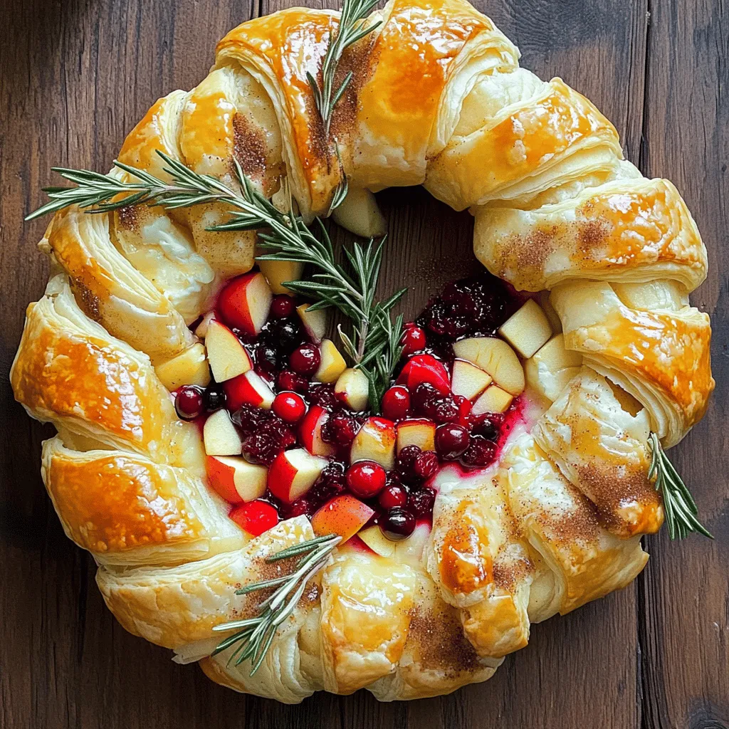 To make this tasty dish, you will need the following: - 1 sheet of puff pastry, thawed - 1 round of Brie cheese (8 oz) - 1/2 cup cranberry sauce - 1 medium apple, diced (preferably Granny Smith) - 1 tablespoon brown sugar - 1 teaspoon cinnamon - 1 egg, beaten (for egg wash) - Fresh rosemary or thyme sprigs for garnish These ingredients come together for a warm, gooey treat. Feel free to add your twist! Here are some ideas: - Chopped nuts, like walnuts or pecans, for crunch - Dried fruits, such as raisins or apricots, for sweetness - Different cheese varieties, like cheddar or goat cheese, for new flavors - Honey or maple syrup drizzled on top for extra sweetness These options let you play with flavors and textures. Using the right amounts makes a big difference. Here are some tips: - If you can't find puff pastry, try using crescent roll dough. - For a lower-calorie option, use light Brie cheese. - Substitute the apple with pears for a different taste. - If you prefer less sugar, reduce the brown sugar in the apple mix. These small changes can still keep your wreath delightful. For the complete recipe, check the Full Recipe section for detailed steps to follow. To start, gather your ingredients. You need one sheet of puff pastry, one round of Brie cheese, cranberry sauce, a diced apple, brown sugar, cinnamon, an egg, and some herbs. 1. Preheat your oven to 400°F (200°C). Line a baking sheet with parchment paper. 2. On a clean surface, sprinkle some flour. Roll out the puff pastry. This helps to make it smooth and a bit larger. 3. Next, place the rolled puff pastry on the lined baking sheet. Make sure it fits well. Now, it's time to create the wreath shape. 1. In a bowl, combine the diced apple with brown sugar and cinnamon. Let it sit for a few minutes. This step brings out the apple's sweetness. 2. Place the Brie cheese in the center of the puff pastry. Spread cranberry sauce evenly on top of the cheese. 3. Sprinkle your marinated apple pieces over the cranberry sauce. This adds flavor and texture. 4. To form the wreath, make diagonal cuts about one inch apart along the pastry's edge. Keep a gap of one to two inches from the filling. 5. Fold each pastry strip over the filling. Alternate sides to create a nice crisscross pattern. You're almost there! Now, let's bake this delicious creation. 1. Brush the edges of the pastry with the beaten egg. This will give it a lovely golden color. 2. Bake in the preheated oven for 20 to 25 minutes. Look for a golden brown and puffed pastry as your cue. 3. Once done, take it out and let it cool for a few minutes. 4. For a festive touch, garnish with fresh rosemary or thyme sprigs. Now you have a beautiful Baked Brie and Cran Apple Puff Pastry Wreath. For more detailed steps, check the Full Recipe. - Thaw Properly: Always let the puff pastry thaw in the fridge. This keeps it cold and easy to work with. - Roll Evenly: When rolling out the dough, aim for an even thickness. This helps it bake evenly. - Keep it Cold: Cold pastry puffs better. If it warms up, place it back in the fridge for a few minutes. - Egg Wash: Brush the edges with a beaten egg. This gives your wreath a beautiful golden color. - Don’t Overfill: Add just enough filling to keep the pastry from tearing. Too much can make it soggy. - Garnish: Use sprigs of fresh rosemary or thyme for a lovely touch. They add color and aroma. - Cheese Pairings: Serve with a side of crackers or sliced baguette. This adds texture and flavor. - Fruit Additions: Add some grapes or sliced pears around the wreath. They make a pretty display. - Dipping Sauce: Offer a small bowl of extra cranberry sauce for dipping. It enhances the flavor. - Festive Platter: Arrange on a wooden board with nuts and other cheeses. This makes a charming spread. - Not Preheating: Always preheat your oven. This helps the pastry rise properly. - Leaving Gaps: Make sure to cut the pastry at even intervals. Gaps can lead to uneven baking. - Skipping the Egg Wash: Don’t skip the egg wash. It creates a shiny, attractive finish. - Overbaking: Watch the baking time closely. Overbaking can dry out the cheese and filling. - Ignoring Cooling Time: Let it cool for a few minutes. This makes it easier to slice and serve. Using these tips can elevate your Baked Brie and Cran Apple Puff Pastry Wreath. Happy baking! For the full recipe, check out the details above. {{image_2}} You can change up the filling for your Baked Brie and Cran Apple Puff Pastry Wreath. Try using different fruits like pears or figs for a sweet touch. Nuts like walnuts or pecans can add a nice crunch. You can even swap the cranberry sauce for a savory option, like caramelized onions or roasted garlic. Mixing flavors keeps things fun and fresh. If you need gluten-free options, use gluten-free puff pastry. Many brands make this tasty alternative. For a vegan version, replace Brie cheese with a dairy-free cheese made from nuts. You can also use a fruit spread instead of cranberry sauce. The flavors will still shine, and everyone can enjoy this dish together. Feel free to change the wreath based on the season. In fall, add pumpkin spice to your filling mix. In summer, use fresh berries for a light and fruity twist. Winter calls for warm spices like nutmeg and allspice. Each season brings new flavors to explore, making this dish a year-round favorite. For a full recipe, check out the details mentioned above. To keep your Baked Brie and Cran Apple Puff Pastry Wreath fresh, wrap it tightly in plastic wrap. You can also place it in an airtight container. This helps prevent it from drying out. Store it in the fridge for up to three days. The flavors will meld together, making it even tastier. When you're ready to enjoy leftovers, preheat your oven to 350°F (175°C). Place the wreath on a baking sheet. Cover it loosely with foil to keep it from browning too much. Heat for about 10-15 minutes until warm. This keeps the pastry crispy and the cheese gooey. If you want to freeze your wreath, do so before baking. Wrap it well in plastic wrap and then foil. This helps avoid freezer burn. It can last in the freezer for up to three months. When you’re ready to bake it, thaw it in the fridge overnight. Then, bake it directly from the fridge. This way, you’ll enjoy a fresh, warm treat anytime! For the full recipe, check the earlier section. Making this wreath takes about 40 minutes. You spend 15 minutes prepping and 25 minutes baking. It is quick and perfect for gatherings. Yes, you can prepare it ahead. Assemble the wreath but do not bake it. Cover it with plastic wrap and store it in the fridge. When you’re ready, just bake it! This saves time when guests arrive. This dish goes well with many sides. Some great choices include: - Crackers - Sliced baguette - Fresh fruit - Nuts - A simple salad These pairings enhance the flavors and make your spread more festive. For the full recipe, check out the earlier section. In this blog post, we covered how to create a tasty Baked Brie and Cran Apple Puff Pastry Wreath. We discussed key ingredients, step-by-step instructions, and helpful tips to make it perfect. Remember, you can customize your wreath with different fillings or dietary options. Pay attention to storage and reheating to enjoy every bite later. I hope you feel inspired to try this recipe. With practice, you'll impress your family and friends with your baking skills.