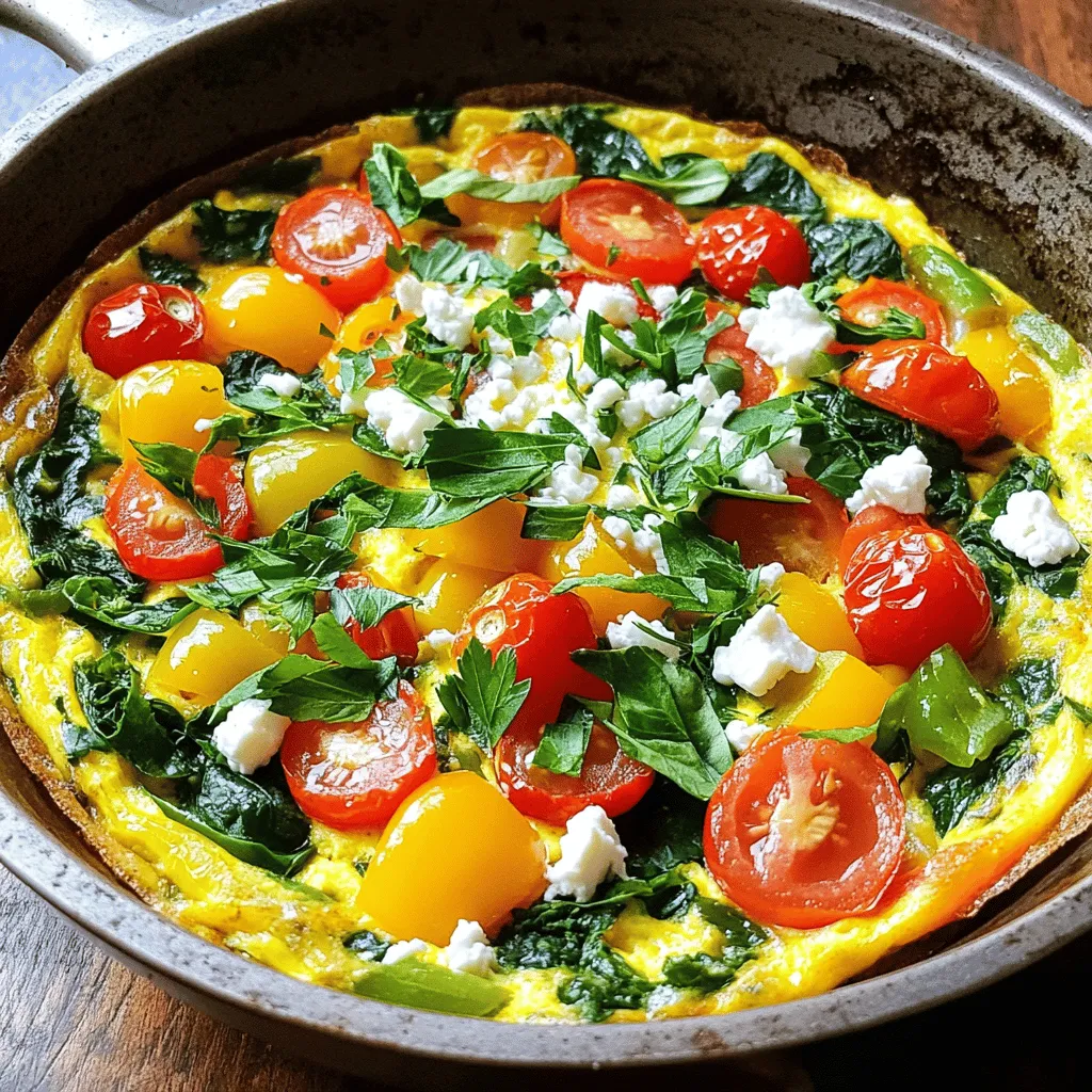 - 6 large eggs - 1 cup spinach, chopped - 1 cup cherry tomatoes, halved - 1/2 cup bell pepper, diced (any color) - 1/4 cup feta cheese, crumbled - 1/4 cup onion, diced - 2 tablespoons olive oil - Salt and pepper to taste - Fresh herbs (such as basil or parsley) for garnish To make a great frittata, you need fresh and colorful ingredients. Eggs are the base. They give the frittata its fluffy texture. Spinach adds a nice green touch and nutrition. Cherry tomatoes give a sweet burst. Bell peppers bring crunch and color. Feta cheese adds a salty, creamy flavor. Onions give depth and aroma. Olive oil helps cook the veggies and adds richness. Salt and pepper enhance all the flavors. Fresh herbs are the final touch that brightens each bite. - Oven-safe skillet - Mixing bowl - Whisk Using the right tools makes cooking easy. An oven-safe skillet is key for both stovetop and oven cooking. A mixing bowl is needed for whisking the eggs. A whisk helps blend the eggs smoothly. With these tools, you can whip up a frittata in no time. For a full recipe, check out Easy Frittata for Any Meal. 1. Preheat your oven to 375°F (190°C). This helps the frittata cook evenly. 2. Gather your ingredients: 6 large eggs, 1 cup spinach, 1 cup cherry tomatoes, 1/2 cup bell pepper, 1/4 cup feta cheese, 1/4 cup onion, and olive oil. 3. Chop the spinach, halved cherry tomatoes, diced bell pepper, and onion. Measure out all your ingredients. 1. In an oven-safe skillet, heat 2 tablespoons of olive oil over medium heat. 2. Add the diced onions and bell peppers. Sauté them for about 3 to 4 minutes until they start to soften. 3. Toss in the chopped spinach and cherry tomatoes. Cook for an additional 2 minutes until the spinach wilts. 4. In a mixing bowl, whisk together 6 large eggs, salt, and pepper until well combined. 1. Pour the egg mixture over the sautéed vegetables in the skillet. Stir gently to mix everything together. 2. Reduce the heat to low. Cook for about 3 to 4 minutes, allowing the edges to set slightly. 3. Sprinkle 1/4 cup of crumbled feta cheese evenly on top. 4. Transfer the skillet to the preheated oven. Bake for 12 to 15 minutes until the frittata is fully set and lightly golden on top. 5. Once cooked, take it out of the oven and let it cool for a few minutes before slicing. Enjoy your easy frittata! For the full recipe, check the earlier section. - Use fresh ingredients for best flavor. Fresh veggies and herbs make a big difference. - Don’t overcook the frittata. It should be soft and fluffy, not dry. To achieve the perfect frittata, always choose fresh ingredients. Fresh spinach, ripe tomatoes, and vibrant bell peppers will enhance your dish. These bright flavors come together in a way that frozen or canned ingredients just can’t match. Cooking time is crucial. If you cook it too long, the frittata will dry out. Check for doneness by gently shaking the pan. If the middle jiggles slightly, it's done. - Pair with a side salad or toasted bread. A light salad adds crunch and freshness. - Excellent for brunch or light dinner. Its versatility makes it a crowd-pleaser. When serving, a simple side salad complements the frittata well. It adds texture and a fresh taste. Toasted bread also works great, giving a nice crunch. This dish shines at brunch but can also be a light dinner option. - Skipping the preheating step. This helps the frittata cook evenly. - Not letting it cool before slicing. Cooling helps it set nicely. A common mistake is not preheating the oven. This step ensures even cooking and prevents a soggy bottom. Another key tip is to let the frittata cool for a few minutes before slicing. This waiting time helps the frittata hold its shape. Enjoy your cooking journey with this easy frittata recipe! For the full recipe, check out the detailed instructions above. {{image_2}} You can easily change the vegetables in your frittata. If you love zucchini, try adding that instead of bell peppers. Mushrooms also work well for a rich, earthy flavor. Feel free to mix and match! Switching up the cheese is another fun way to change your frittata. Cheddar adds a sharp taste, while goat cheese brings a creamy vibe. You can experiment with whatever cheese you have on hand. Want to spice things up? Adding spices can give your frittata a kick. Try paprika for a smoky flavor or chili flakes for some heat. Both will make your dish more exciting! You can also add cooked meats to boost flavor. Bacon brings a savory crunch, while ham adds a nice touch. Just make sure to chop them into small pieces for even cooking. If you're gluten-free, you’re in luck! Frittatas are naturally gluten-free. Just check your cheese and spices to ensure they meet your needs. For those who need dairy-free options, simply swap the cheese for a dairy-free alternative. There are many great options available now. Just make sure to pick one you enjoy! These variations make the frittata a versatile dish for any meal. You can find the Full Recipe for easy guidance. To keep your frittata fresh, refrigerate it right away. Place it in an airtight container. This helps prevent it from drying out. If you have a large frittata, cut it into slices first. This makes it easier to store and reheat. You can reheat your frittata in the microwave or oven. The oven gives the best results. Preheat your oven to 350°F (175°C) and warm it for about 10-15 minutes. This keeps the texture nice and fluffy. In the microwave, heat it for about 1-2 minutes. Cover it with a damp paper towel to keep it moist. If you want to save it for later, you can freeze your frittata. Wrap it tightly in plastic wrap or aluminum foil. It can last up to three months in the freezer. When you're ready to eat it, thaw it in the fridge overnight. This will help keep the flavor. For the best taste, reheat it in the oven after thawing. Check out the Full Recipe for more details on making this delicious dish! A frittata can last about 3 to 4 days in the fridge when stored properly. To keep it fresh, place it in an airtight container. This helps to prevent odors from other foods and keeps it tasting great. Always check for any signs of spoilage before eating. If it looks or smells off, it’s best to discard it. Yes, you can easily make a frittata ahead of time. I often prepare it the night before. Just let it cool and store it in the fridge. You can reheat it in the oven or microwave when you're ready to eat. This makes it perfect for busy mornings or lunch prep. Just remember, if you add fresh herbs, wait until you serve it to add those for the best flavor. I recommend serving a frittata warm or at room temperature. It pairs well with a light salad or some crusty bread. You can also add a dollop of yogurt or a sprinkle of extra cheese on top. This adds flavor and makes it more filling. For a cozy meal, serve it with a side of roasted veggies or fresh fruit. Enjoying it with a friend over brunch is always a treat! For the full recipe, check out Easy Frittata for Any Meal. Making a frittata is easy and fun, and this blog shows you how. We covered the key ingredients, step-by-step cooking, and storage tips. You can swap ingredients, add flavors, and adjust for different diets. Always use fresh items and avoid common mistakes for the best dish. Enjoy your frittata warm, and don't forget the sides. With the right tools and tips, you can impress anyone. Dive in and create your perfect frittata today!