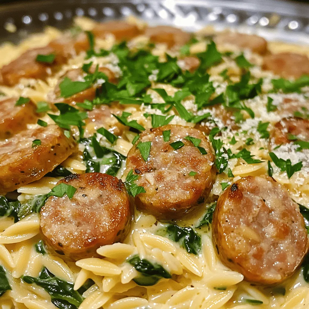 - Chicken sausage: Choose from spicy, Italian, or mild flavors. Each type adds a unique taste. Spicy sausage gives heat, while Italian sausage adds herbs. Use what you love best. - Orzo pasta: Look for brands like Barilla or Ronzoni. They cook evenly and taste great. Orzo absorbs the sauce well, making it creamy and rich. - Dairy: I prefer heavy cream for its richness. It adds a smooth texture to the dish. If you want a lighter option, use half-and-half or coconut milk. Both work well and keep it creamy. - Vegetables: You can add bell peppers, zucchini, or broccoli. These veggies bring color and nutrition. Greens like kale or arugula also work well. - Cheese: Try mozzarella, goat cheese, or feta. Each cheese adds a different flavor. Mozzarella melts beautifully, while goat cheese adds a tangy taste. - Seasoning: Fresh herbs like basil or thyme enhance the dish. A pinch of red pepper flakes adds heat. Experiment with your favorite spices to make it yours. For the full recipe, check out Creamy Chicken Sausage Orzo . Start by gathering all your ingredients. This helps keep things tidy. - Chopping and measuring tips: Dice the onion small to cook evenly. Slice the chicken sausage into thin rounds for quick cooking. Measure the orzo and broth ahead of time. - Best pans for this recipe: Use a large skillet for even cooking. A non-stick skillet works well to prevent sticking. Set your stovetop to medium heat. This ensures the sausage cooks well without burning. - Managing stovetop temperatures: Start with medium heat when adding olive oil. Keep an eye on the sausage and lower the heat if it browns too fast. - Proper mixing techniques: Stir the orzo well in the skillet. This helps it soak up the flavors. Mix the ingredients gently but thoroughly to combine them. Serving your dish right makes it more inviting. Use bowls or plates that highlight the colors. - Bowls or plates to use: Deep bowls are great for creamy dishes. They hold the sauce and keep the orzo warm longer. - How to make it visually appealing: Sprinkle fresh parsley on top. It adds color and freshness. You can also add a little extra Parmesan cheese for a nice touch. These steps will help you create a tasty Creamy Chicken Sausage Orzo. For the full details, check the Full Recipe. Overcooking orzo: To avoid mushy orzo, watch for these signs. It should be tender but still firm. When you bite, it should have a slight chew. This usually takes about 10 to 12 minutes in boiling broth. Stir it often to check its doneness. Sausage cooking tips: For the best flavor, brown the sausage well. This step adds depth to your dish. Don't rush it! Let it develop a nice golden crust. It brings out the natural flavors and makes your orzo taste amazing. Additional dairy options: Want an extra creamy dish? You can add cream cheese or sour cream. Just mix it in when you add the heavy cream. This gives a rich texture and enhances the flavor. Cooking down techniques: To boost flavor, let your sauce simmer longer. This reduces liquid and thickens the sauce. Just keep an eye on it to avoid burning. You want a thick, velvety sauce that clings to the orzo. Meal prep: Save time by prepping ingredients ahead. Chop the onion and garlic the day before. Store them in the fridge. You can also slice the sausage ahead of time. Quick cooking methods: If you’re short on time, use a pressure cooker. It cooks orzo faster and saves you from waiting. Just follow the same steps but adjust the liquid slightly. This way, you'll have a delicious meal ready in no time. For the full recipe, be sure to check the detailed instructions above! {{image_2}} If you want a gluten-free meal, you can swap out orzo for rice or gluten-free pasta. Some great choices include brown rice or quinoa. When you choose a pasta, make sure to check for gluten-free labels. Always ensure no cross-contamination happens in your kitchen. Use separate pots and utensils if you cook gluten-free and regular foods together. For a vegetarian or vegan dish, you can easily swap chicken sausage for plant-based sausage. Brands like Beyond Meat or Field Roast work well. They add great flavor too! For the cream, try using cashew cream or coconut milk. Both options give a rich taste and nice texture without dairy. To make your dish exciting, try adding different spices. A pinch of red pepper flakes can add heat, while a bit of sugar can bring out sweetness. You can also create region-inspired twists. For a Mediterranean vibe, add olives and feta cheese. If you want more Italian flair, toss in some sun-dried tomatoes and basil. These changes can make your meal even more delightful. For the full recipe, check out the complete guide above! To keep your creamy chicken sausage orzo fresh, use airtight containers. Glass or plastic containers work well. Make sure they seal tightly. Store the orzo in the fridge for up to three days. If you need it to last longer, consider freezing it. When reheating, you have two great options: the microwave or the stove. If you use the microwave, do it in short bursts. Stir between each burst to heat evenly. Using the stove is another good choice. Just add a splash of broth or cream to keep it moist. Avoid letting it sit too long to prevent sogginess. To freeze your orzo, first let it cool completely. Then, scoop portions into freezer bags. Squeeze out as much air as you can before sealing. For best quality, use the orzo within three months. When ready to eat, thaw it in the fridge overnight. You can also use the microwave for quick thawing. This simple method keeps your meal tasty and safe! For more details on making this dish, check out the Full Recipe. To cook orzo, use a large pot and plenty of water. Bring the water to a boil, then add salt. Add 1 cup of orzo to the boiling water. Cook for 8-10 minutes, stirring occasionally. The orzo should be tender but still firm. Drain the orzo when done and rinse it under cold water to stop the cooking. Yes, you can! Try turkey sausage or pork sausage. Both work well and add great flavor. If using beef sausage, cook it longer to ensure it's safe to eat. For all meats, slice them thin for quicker cooking. Absolutely! This dish stores well. Let the orzo cool before placing it in a container. You can keep it in the fridge for up to 4 days. To reheat, add a splash of broth or cream. Heat it gently on the stove or in the microwave. To add spice, try red pepper flakes or cayenne pepper. Mix them in while cooking the sausage. You can also add diced jalapeños or fresh chili peppers. These options bring heat and flavor. Adjust the amount based on your taste. For the full recipe, check out the sections above for detailed cooking steps and tips! This blog covered how to make creamy chicken sausage orzo from start to finish. We explored key ingredients, cooking steps, and tips for success. You learned about tasty add-ins, variations, and smart storage methods. Cooking should be fun and simple. With these tips, you can create a delicious dish your friends and family will love. Enjoy your cooking adventure and feel confident in your skills!