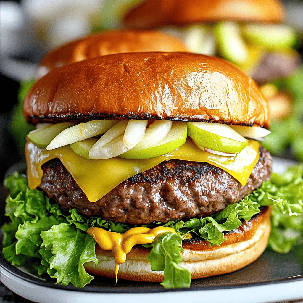 To make these tasty burgers, you need the following ingredients: - 1 lb ground beef (80/20 blend for optimal flavor) - 1/2 cup smoked gouda cheese, shredded - 1 medium apple (Granny Smith or Fuji), thinly sliced - 1/2 onion, finely chopped - 2 tablespoons Dijon mustard - 1 tablespoon olive oil - Salt and pepper to taste - 4 hamburger buns - Lettuce leaves (for serving) - Optional: pickles, for serving When picking your ingredients, focus on quality. For the ground beef, choose an 80/20 blend. This mix gives the burger great flavor and juiciness. For the cheese, smoked gouda adds a rich, creamy taste. Look for freshly shredded cheese for the best melt. When it comes to apples, Granny Smith or Fuji work well. These apples give a nice balance of sweet and tart. Their crunch also adds texture to your burger. Don't forget your buns! Choose soft, fresh hamburger buns that can hold all those flavors. Having the right tools makes cooking easier. Here’s what I recommend: - A large skillet or grill pan for cooking the burgers - A spatula or burger press to smash the patties - A sharp knife for slicing apples and onions - A cutting board for prep work - A lid to cover the skillet while cooking These tools help you create the perfect Smoked Gouda and Apple Smashburgers. For detailed steps, check out the Full Recipe. Start by heating your skillet or grill pan over medium-high heat. Add olive oil to coat the pan. While the pan heats, shape the ground beef into four equal balls. Do not flatten them yet. When the pan is hot, place each ball in the skillet. Take a spatula and smash each ball flat. Aim for patties about 1/2-inch thick. Season each patty with salt and pepper. After 2-3 minutes, flip the patties carefully. Top them with smoked gouda cheese. Cover the skillet with a lid to help melt the cheese. Cook for another 2-3 minutes until the cheese is gooey and the burgers are cooked to your liking. For the best smash, use a sturdy spatula or a burger press. Apply firm, even pressure when smashing the beef. This helps create a nice crust on the outside. Keep the patties thick enough to stay juicy. Don't be afraid to let them sizzle a bit. This gives the burgers a great flavor. Remember, the key is to smash them down quickly and evenly. Once the patties are ready, it's time to assemble. Take a toasted hamburger bun and spread a thin layer of Dijon mustard on the bottom. Place a hot patty with melted gouda on top. Add thinly sliced apples for a sweet crunch. Then sprinkle on the chopped onions. Finish with fresh lettuce leaves. If you like, add pickles for an extra zing. Top it off with the other half of the bun. Enjoy your Smoked Gouda and Apple Smashburgers right away! For the complete recipe, check out the Full Recipe section. To make the best smashburgers, use an 80/20 blend of ground beef. This mix gives you juicy burgers. Don’t overwork the meat when forming balls. Just roll it gently. Always smash the balls flat on a hot pan. This creates a nice crust. Season well with salt and pepper right before cooking. Adding smoked gouda cheese near the end locks in flavor and moisture. One mistake is not heating your pan enough. A hot pan is key for a good sear. Another error is pressing too hard when smashing. You want a firm patty, not a pancake. Don’t forget to flip the burgers carefully. Overcooking them can dry them out. Lastly, avoid using the wrong type of cheese. Smoked gouda adds creaminess and flavor that pairs well with apples. These burgers shine with fresh, crisp sides. Try serving with a simple green salad. A side of sweet potato fries also works great. For drinks, a hard cider complements the apple flavor. If you want something lighter, go for iced tea. These choices elevate your meal without stealing the show. You can find the Full Recipe for more details on making these tasty burgers. {{image_2}} You can switch out smoked gouda for other cheeses. Try cheddar for a sharp taste. Swiss can add a nutty flavor. Blue cheese gives a bold kick. Don't forget toppings! Avocado adds creaminess. Crispy bacon can give a salty crunch. Caramelized onions bring sweetness. Experiment and find your perfect combo! Making a vegetarian version is easy. Use black bean patties or a chickpea blend. You can also try portobello mushrooms for a meaty texture. Top these with smoked gouda or a plant-based cheese. Apples still work well for sweetness. Add your favorite veggies for crunch, like lettuce and tomatoes. Seasonal flavors can spice up your smashburgers. In fall, add cinnamon or nutmeg to the apples. These warm spices pair well with gouda. In summer, try fresh herbs like basil or mint. A hint of chili powder can add heat. Mix it up and enjoy different flavors throughout the year! For the full recipe, check the details in the main article. Store leftover burgers in an airtight container. Let them cool to room temperature first. Place a piece of wax paper between each burger to keep them from sticking. This helps keep the flavors fresh. You can keep them in the fridge for up to three days. To reheat, use a skillet over medium heat. Add a splash of water to create steam. Cover the skillet with a lid to help heat through. This keeps your burger juicy and warm. Heat for about 5 minutes on each side. You can also use a microwave, but it may dry the burger out. Freezing is a great option too. Wrap each burger tightly in plastic wrap. Then, place them in a freezer bag. This prevents freezer burn. They can last for up to three months in the freezer. When you’re ready to eat, thaw them overnight in the fridge. Then, follow the reheating instructions for the best taste. Enjoy the full recipe for Smoked Gouda and Apple Smashburgers to create this tasty meal! Granny Smith and Fuji apples work best for these burgers. Granny Smith adds a tartness that cuts through the richness of the smoked gouda. Fuji apples bring a sweet crunch, adding great texture and flavor. You can try other apples, but these two shine. Their crispness holds up well when layered in the burger. Yes, you can use ground turkey. It offers a leaner option but may lack the rich flavor found in beef. To enhance the taste, consider adding spices or herbs. Ground turkey can dry out faster, so watch the cooking time. Aim for a juicy burger by not overcooking it. To check the doneness, use a meat thermometer. The safe internal temperature for beef is 160°F. For turkey, it should reach 165°F. If you don’t have a thermometer, look for a nice brown crust on the outside. The juices should run clear, not pink. Serve your burgers with crispy fries or a fresh salad. Sweet potato fries add a fun twist. Grilled vegetables also pair nicely and add color. For something different, try coleslaw or potato salad. These sides balance the flavors and make the meal complete. Explore the full recipe for more ideas. In this blog post, you learned about making delicious Smoked Gouda and Apple Smashburgers. We covered the key ingredients, picked tips for the best flavors, and shared tools for success. I provided step-by-step instructions for cooking and assembling your burger. We discussed expert advice for juicy results and how to avoid common mistakes. Finally, you discovered variations and storage tips to keep your burgers fresh. Remember, experimenting with flavors makes cooking fun. Enjoy your burger-making journey!