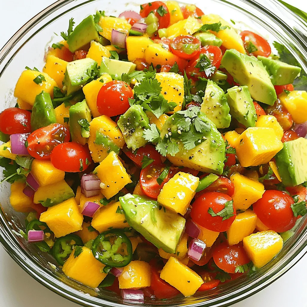 - 1 ripe mango, diced - 2 ripe avocados, diced - 1 cup cherry tomatoes, halved - 1 small red onion, finely chopped - 1 red bell pepper, diced - 3 tablespoons fresh lime juice - 2 tablespoons olive oil - 1 tablespoon honey or agave syrup - Salt and pepper, to taste - 1 jalapeño, deseeded and minced - Fresh cilantro, for garnish This vibrant avocado mango salad combines fresh flavors and colors. You will love how ripe mango and creamy avocados work together. The sweet cherry tomatoes add a juicy pop, while the red onion and red bell pepper give a crunchy texture. For the dressing, fresh lime juice adds a tangy flavor that brightens the dish. Olive oil makes it smooth, while honey or agave syrup brings in a hint of sweetness. Don't forget salt and pepper to enhance all the flavors. If you like some heat, add a minced jalapeño. It adds a spicy kick that pairs well with the fruity salad. Lastly, fresh cilantro is a perfect garnish to finish off this dish. You can find the full recipe above for more detailed steps to create this delightful salad. - Combine diced mango and avocados in a large bowl. - Add the halved cherry tomatoes, chopped red onion, diced red bell pepper, and minced jalapeño (if desired) to the bowl. - In a small bowl, prepare the lime dressing. Whisk together fresh lime juice, olive oil, honey, salt, and pepper until smooth. - Pour the dressing over the salad ingredients. - Gently toss the salad to coat everything evenly with the dressing. - Taste the salad and adjust seasoning if needed. Add more salt, pepper, or lime juice to suit your taste. - Let the salad sit for about 10 minutes in the fridge. This time helps the flavors meld together. - Serve the salad in a clear bowl for a beautiful display of colors. - Just before serving, garnish with fresh cilantro and lime wedges for a pop of color and extra flavor. For the complete details on how to create this delightful salad, check out the Full Recipe. - Selecting perfectly ripe avocados: Look for avocados that yield slightly when you press them. They should not feel mushy. A ripe avocado has a dark green or black skin. If they are hard, let them ripen on the counter for a few days. - Picking the right mango: Choose a mango that is slightly soft to the touch. It should have a sweet aroma at the stem end. The skin color varies, but it should be mostly yellow or orange. Avoid mangoes with dark spots or wrinkles. - Tomato varieties for added flavor: Use sweet cherry tomatoes for a burst of flavor. They add color and sweetness to the salad. You can also try grape tomatoes or heirloom varieties for different tastes and textures. - Use freshly squeezed lime juice: Fresh juice brightens the salad. It adds a zesty kick that pairs well with the smooth avocado and sweet mango. Bottled juice lacks the same bold flavor. - Experiment with herbs and spices: Fresh cilantro adds a nice touch. For a spicy twist, try adding fresh chopped mint or a pinch of cumin. These flavors can elevate your salad and make it unique. - How to prevent avocado from browning: To keep your avocado green, add lime juice as soon as you cut it. The acidity helps slow down browning. Store any leftover salad in an airtight container to keep it fresh. - Keeping ingredients fresh before mixing: Chop your veggies right before serving. If you prepare in advance, store each ingredient separately. This method maintains the crispness of each item and avoids sogginess. For the full recipe, check out the details above. {{image_2}} You can boost this salad with protein for a filling meal. Grilled chicken or shrimp adds great flavor. Simply slice the chicken or shrimp and toss it in. For a vegetarian option, add black beans or chickpeas. They give a nice texture and protein punch. Fruits change with the seasons, so feel free to mix it up! Pineapple or berries can bring a fresh twist. Both fruits add sweetness and a fun texture. You can also play with the dressing. Try lemon or orange juice for a different citrus flavor. Each option will change the taste while keeping it bright. This salad works well with grilled meats or fish. It adds a bright contrast to savory dishes. You can serve it as a side dish or make it the main event. It’s perfect for picnics or summer dinners. Just pair it with your favorite protein for a complete meal. For the full recipe, check back to the main section to get all the details. To keep your avocado mango salad fresh, store leftovers in the fridge. Use an airtight container. This prevents air from getting in and keeps your salad crisp. If you don't have an airtight container, wrap it tightly with plastic wrap. Your salad stays fresh in the fridge for about two days. After that, the avocados may brown, and the salad may lose its taste. Look for signs of spoilage, like an off smell or a mushy texture. If you see these signs, it’s time to toss the salad. I do not recommend freezing this salad. Freezing alters the texture of the avocados and mangoes. If you must freeze it, keep the dressing separate. You can freeze the veggies and fruits for a short time, but they won’t be the same once thawed. Always check for quality before eating. To make this salad, follow these simple steps: 1. Combine Ingredients: In a large bowl, mix 1 ripe mango and 2 ripe avocados. Be gentle to keep the avocado intact. 2. Add Veggies: Toss in 1 cup halved cherry tomatoes, 1 small finely chopped red onion, and 1 diced red bell pepper. If you like spice, add 1 minced jalapeño. 3. Make Dressing: In a small bowl, whisk together 3 tablespoons fresh lime juice, 2 tablespoons olive oil, and 1 tablespoon honey. Add salt and pepper to taste. 4. Mix Together: Pour the dressing over the salad. Gently toss to coat all ingredients. 5. Taste and Adjust: Sample the salad. Add more salt, pepper, or lime juice if needed. 6. Chill: Cover and let it sit in the fridge for 10 minutes. This helps the flavors blend. 7. Garnish: Just before serving, add fresh cilantro for a nice touch. You can find the full recipe in the section above. Yes, you can prepare this salad in advance! - Prep Time: Make the salad up to 2 hours before serving. - Storage: Keep it in the fridge, covered to stay fresh. - Serving: Add the lime dressing just before serving. This keeps the salad crisp and bright. Avocado mango salad pairs well with many dishes. Consider these options: - Grilled Chicken: The juicy flavors complement each other. - Fish Tacos: The salad adds freshness to spicy tacos. - Quinoa: A healthy, filling side option. - Chips and Salsa: For a fun snack or appetizer. These pairings enhance the meal and delight your guests! This blog covered how to make a refreshing avocado mango salad. We talked about key ingredients, dressing tips, and ways to serve it. You can enhance flavor and add proteins for variety. Store leftovers well to keep them fresh. This salad is fun and easy to make. You can enjoy it as a main or side dish. Feel free to experiment with ingredients and flavors. Enjoy every vibrant bite of this tasty dish!