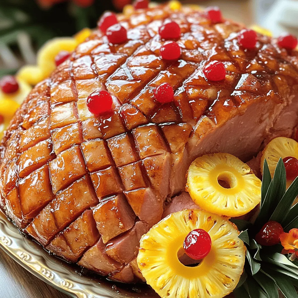 To make this dish, you need a few key items. Here’s the list: - 1 fully cooked bone-in ham (about 8-10 pounds) - 1 cup brown sugar - 1 cup pineapple juice - 1 cup crushed pineapple, drained - 1 tablespoon Dijon mustard These main ingredients create a sweet and savory balance. The brown sugar gives a caramelized crust. The pineapple juice adds a bright, fruity note. The ham brings a savory base, making every bite a delight. Adding spices enhances the flavor profile. Here are the spices to include: - 1 teaspoon ground cinnamon - 1/2 teaspoon ground cloves - 1/4 teaspoon black pepper Cinnamon brings warmth, while cloves add depth. Black pepper gives a hint of heat. Together, these spices create a complex taste that perfectly pairs with the ham and pineapple. Presentation matters, especially for special meals. Consider these garnishes: - Fresh pineapple rings - Maraschino cherries Adding these garnishes makes the dish look festive. They also enhance the sweet flavor. Arrange them on top of the ham right before serving for a beautiful touch. For the complete process to make this dish, check the Full Recipe. To start, preheat your oven to 325°F (160°C). Take your fully cooked bone-in ham, which should weigh about 8-10 pounds. Place it on a large roasting pan with the fat side facing up. This helps keep the ham moist. Score the surface of the ham in a diamond pattern. Make shallow cuts about 1 inch apart. This step allows the glaze to soak in, adding more flavor. In a bowl, mix these simple ingredients to create a sweet and tangy glaze: - 1 cup brown sugar - 1 cup pineapple juice - 1 cup crushed pineapple, drained - 1 tablespoon Dijon mustard - 1 teaspoon ground cinnamon - 1/2 teaspoon ground cloves - 1/4 teaspoon black pepper Stir until everything blends well. Pour half of this pineapple glaze over the ham. Make sure it fills the scored cuts. Keep the rest for basting later. Now, cover the ham loosely with aluminum foil. Bake it in the oven for 1.5 hours. Remember to baste it with the reserved glaze every 30 minutes. This keeps the ham juicy and flavorful. After 1.5 hours, take off the foil. Raise the oven temperature to 375°F (190°C). Bake for another 30-45 minutes. You will know it’s ready when the ham turns caramelized and the internal temperature hits 140°F (60°C). For some extra flair, add fresh pineapple rings and maraschino cherries on the ham in the last 10 minutes of baking. Once finished, let the ham rest for 15-20 minutes before slicing. Enjoy the sweet and savory delight of your Brown Sugar Pineapple Ham. For the complete process, check the Full Recipe. To make the glaze shine, mix the brown sugar and pineapple juice well. The sugar needs to dissolve fully to coat the ham. I use crushed pineapple for added texture and flavor. Don't skip the Dijon mustard; it adds a nice tang. When you pour the glaze over the ham, make sure it gets into the cuts. This step helps the flavors soak in. Even cooking ensures a juicy ham. Start by scoring the ham in a diamond pattern. This helps the heat reach the center. Bake the ham fat side up in a roasting pan. Cover it loosely with foil at first. This keeps moisture in. Baste the ham every 30 minutes to keep it moist. Remove the foil later to let it caramelize. After baking, let the ham rest for 15-20 minutes. Resting helps the juices redistribute. If you slice too soon, the juices run out. Use a sharp knife for clean cuts. Slice along the score marks for even pieces. Arrange the slices on a platter and drizzle remaining glaze over the top for a beautiful finish. For a festive touch, add fresh pineapple rings and maraschino cherries. For the complete process, you can check the Full Recipe. {{image_2}} You can switch up the glaze for your ham. Try honey instead of brown sugar. Honey adds a floral sweetness that pairs well with pineapple. For a spicy kick, mix in some cayenne pepper or chili powder. This change can add heat to the sweet taste. You might also enjoy a maple syrup glaze. It gives a rich, earthy flavor. Combine maple syrup with a splash of orange juice for a fresh twist. You don’t have to bake the ham. You can smoke it for a unique flavor. Smoking adds a deep, smoky taste that is hard to beat. If you’re short on time, try using a slow cooker. A slow cooker keeps the ham juicy and tender. Set it on low for six to eight hours. You can also use a pressure cooker for quick results. It cooks the ham fast and locks in moisture. Brown sugar pineapple ham pairs well with many sides. Consider serving it with roasted vegetables. They add color and nutrition to your plate. Mashed potatoes also complement the sweet ham nicely. For a fresh touch, add a side salad with citrus dressing. The zesty dressing brightens the meal. You can also serve the ham with sweet potato casserole. The flavors blend well, making every bite a delight. Explore these variations to make your ham shine. For the complete recipe, check out the Full Recipe section. After enjoying your Brown Sugar Pineapple Ham, store leftovers properly. Wrap the ham tightly in plastic wrap or foil. Place it in an airtight container. This keeps the ham fresh and moist. Store it in the fridge for up to five days. For longer storage, consider freezing. When you're ready to enjoy leftovers, reheating is key. Preheat your oven to 325°F (160°C). Place the ham in a baking dish. Add a splash of pineapple juice to keep it moist. Cover it with foil to trap the heat. Heat for about 20-30 minutes, or until warm. This way, you preserve the sweet and savory flavors. Freezing ham is a great way to save it for later. Slice the ham into portions for easy use. Wrap each piece in plastic wrap, then foil. Label each package with the date. You can freeze it for up to three months. To thaw, place it in the fridge overnight before reheating. This method keeps the ham tasty and convenient. Yes, you can use other hams like boneless or smoked. Just remember that the taste may change. A boneless ham cooks faster, so check it often. A smoked ham gives a rich flavor. For best results, choose a ham that is fully cooked. To check if the ham is done, use a meat thermometer. Insert it into the thickest part of the ham. The internal temperature should reach at least 140°F (60°C). If you don’t have a thermometer, look for a nice caramel color on the outside. The meat should be moist and tender. Brown Sugar Pineapple Ham pairs well with many sides. Here are some ideas: - Mashed potatoes - Green bean casserole - Roasted vegetables - Sweet potato fries - Rice pilaf These sides enhance the sweet and savory taste of the ham. You can also add a fresh salad for a bright touch. For the full recipe, check out the details above! This post shared how to make brown sugar pineapple ham. We covered the main ingredients, glaze, and baking steps. I also gave tips for perfecting your dish and offered various ways to enjoy it. Remember, great meals come from good preparation and care. Experiment with the glaze and cooking methods to find what you love best. Leftover ham can taste just as good, so store it right. Enjoy your ham and the special moments it brings!