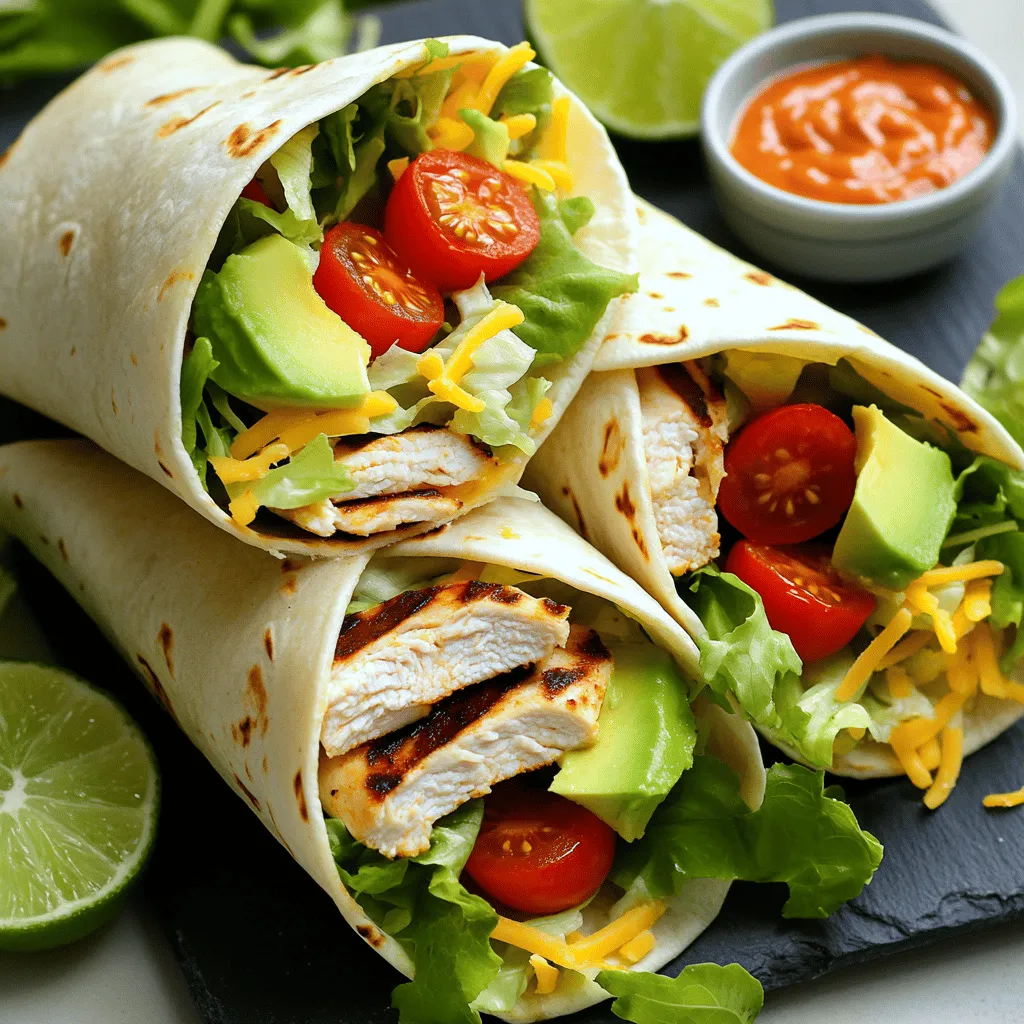 - 2 boneless, skinless chicken breasts - 1 teaspoon smoked paprika - 1 teaspoon garlic powder - 1 teaspoon cayenne pepper - 1 tablespoon olive oil - Salt and pepper to taste - 4 large tortillas (flour or whole wheat) - 1 cup romaine lettuce, shredded - 1 cup cherry tomatoes, halved - 1/2 cup shredded cheddar cheese - 1 avocado, sliced For the wraps, you need chicken and some tasty spices. The tortillas hold all the goodness. You can pick flour or whole wheat, depending on your taste. Fresh veggies like lettuce, tomatoes, cheese, and avocado add crunch and flavor. - 1/2 cup mayonnaise - 1-2 tablespoons chipotle sauce (adjust to taste) - 1 teaspoon lime juice - Salt to taste The chipotle mayo brings a spicy kick. You mix mayonnaise with chipotle sauce for heat. A splash of lime juice adds a bright twist. Adjust the chipotle amount to get your perfect spice level. Each serving has about 400 calories. You get around 30 grams of protein and 20 grams of fat. This meal is filling and packed with nutrients. Enjoying wraps can fit well into a balanced diet. To start, preheat your grill or grill pan to medium-high heat. This step is key for that perfect char on your chicken. While the grill heats, mix the spices. In a small bowl, combine 1 teaspoon smoked paprika, 1 teaspoon garlic powder, 1 teaspoon cayenne pepper, 1 tablespoon olive oil, salt, and pepper. Rub this mix all over the chicken breasts. Once your grill is ready, place the chicken on it. Cook each side for about 5-7 minutes. The chicken should reach an internal temperature of 165°F (75°C). After cooking, remove the chicken from the grill and let it rest for 5 minutes. This resting time helps keep the chicken juicy. Slice the chicken into thin strips once rested. While the chicken rests, let’s whip up the chipotle mayo. In a small bowl, mix together 1/2 cup mayonnaise, 1-2 tablespoons chipotle sauce, 1 teaspoon lime juice, and a pinch of salt. Stir until well blended. If you prefer more heat, add extra chipotle sauce. Taste the mayo before serving; it should have a nice kick but not overpower the chicken. Now comes the fun part: assembling those wraps! Take a large tortilla and lay it flat on your surface. Spread 1-2 tablespoons of your chipotle mayo on the tortilla. Next, layer on the ingredients. Start with a handful of shredded romaine lettuce, then add your sliced grilled chicken, halved cherry tomatoes, shredded cheddar cheese, and avocado slices. When layering, remember to keep it neat. This helps with rolling. Now, to roll the tortilla, start at one end and fold it over the filling. Tuck in the sides as you roll tightly. This keeps everything secure. Repeat this for the rest of your tortillas and fillings. If you want those lovely grill marks, pop the wraps back on the grill for 1-2 minutes on each side. Enjoy your wraps with a side of extra chipotle mayo for dipping! To get those perfect grill marks, start with a hot grill. Preheat it well. Place the chicken on the grill and do not move it for a few minutes. This helps form nice lines. Flip the chicken only once for even cooking. To ensure chicken cooks evenly, use a meat thermometer. Cook until the inside reaches 165°F (75°C). If you notice thick parts, pound them to an even thickness. This helps them cook at the same rate. For extra flavor, try adding cumin or chili powder to your spice mix. You can also add a touch of honey for sweetness. Fresh herbs like cilantro or parsley can brighten the dish. When it comes to the chipotle mayo, consider adding a bit of garlic or onion powder. If you like it hot, increase the chipotle sauce. Lime juice adds a zesty kick. Serve your wraps with fresh sides like corn salad or guacamole. Crispy potato wedges also pair well. For dipping, try a tangy salsa or extra chipotle mayo. Presentation matters! Cut each wrap in half and place them on a colorful platter. Garnish with lime wedges. This adds a nice touch and a pop of color. For the complete process, check out the Full Recipe. {{image_2}} You can switch up the protein in these wraps for fun. Shrimp is a great choice. Use about a pound of peeled shrimp. Season them as you would the chicken. Grill them for 2-3 minutes on each side. For beef, thinly slice a steak and marinate it in the same spices. Cook it over high heat for 5-6 minutes. If you prefer plant-based options, try grilled tofu. Press it to remove moisture, then cut it into strips. Cook it for 4-5 minutes on each side until golden. If you need a gluten-free option, use corn tortillas. They work great with the filling and add a lovely flavor. For vegetarians, skip the meat and add more veggies. Grilled peppers, zucchini, or mushrooms make excellent substitutes. Vegans can replace mayonnaise with a plant-based version. Just ensure the chipotle sauce is vegan-friendly, and you’re good to go. You can adjust the chipotle mayo to suit your heat level. If you want it milder, use less chipotle sauce. You can even add some honey for sweetness. For extra crunch, try adding sliced cucumbers or carrots to your wraps. Fresh herbs like cilantro or parsley can brighten the flavor too. Each variation makes the wraps exciting and keeps them fresh. Enjoy experimenting! To keep your spicy grilled chicken wraps fresh, cool them first. Place them in airtight containers. This method helps keep moisture in and air out. You can store them in the fridge for up to three days. If you have chipotle mayo left, store it in a separate container. This keeps it from making the wraps soggy. You can freeze these wraps if you have extra. Wrap each one in plastic wrap or foil. Then, place them in a freezer-safe bag. This keeps them safe from freezer burn. They can stay frozen for up to three months. To enjoy them later, thaw them in the fridge overnight before reheating. This helps keep the taste and texture right. When you want to eat your wraps, you have a few options. The best way to reheat is on a grill or skillet. This keeps the tortilla crispy. Heat it on medium for about three minutes on each side. If you use a microwave, place a damp paper towel over the wrap. This helps keep it moist but can make the tortilla soft. Heat for about one minute, checking often. Enjoy your delicious wraps again! To amp up the heat, adjust the cayenne and chipotle sauce. Start by adding more cayenne pepper to the chicken rub. You can also increase the chipotle sauce in the mayo. Taste as you go to find your perfect spice level. Remember, a little can go a long way! Yes, you can make the chipotle mayo ahead of time. Store it in an airtight container in the fridge. It stays fresh for up to a week. Just give it a good stir before using it in your wraps. There are many great sides for these wraps. Consider serving them with: - Fresh fruit salad - Crunchy potato chips - Cool cucumber salad - Sweet corn on the cob - Iced tea or lemonade These pair well and bring balance to the spicy flavors. For the complete recipe, refer back to the earlier section. It includes all the details you need to create these delicious wraps! You learned how to make delicious spicy grilled chicken wraps step by step. We covered everything from the key ingredients to grilling techniques. We also looked at tips for customizing flavors and dietary needs. Lastly, I shared ways to store and reheat your wraps for later. With these skills, you can enjoy tasty meals at home. Try out these wraps and impress your family and friends!