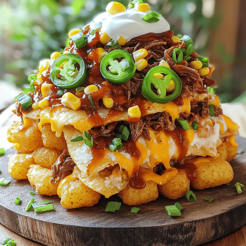 - 32 ounces frozen tater tots - 1 cup shredded beef (like brisket or roast) - 1 cup BBQ sauce (homemade or store-bought) For these nachos, I love using frozen tater tots. They cook up crispy and save time. Shredded beef adds a nice touch. You can use brisket or roast. BBQ sauce ties it all together, giving that smoky flavor. - 1 cup shredded cheddar cheese - 1 cup shredded Monterey Jack cheese - 1/2 cup pickled jalapeños (sliced) Cheese is key for nachos. I use cheddar for sharpness and Monterey Jack for creaminess. Pickled jalapeños add a spicy kick. You can adjust these toppings to fit your taste. - 1/2 cup sour cream - 1/4 cup green onions (sliced) - 1/2 cup corn kernels (canned or frozen, thawed) - 1 teaspoon smoked paprika - Salt and pepper to taste Sour cream cools down the heat from jalapeños. Green onions add a fresh crunch. Corn brings sweetness and pairs well with BBQ. Smoked paprika gives depth to the beef. Don’t forget to season with salt and pepper to enhance flavors. You can find the full recipe to make this delicious dish at the end of the article. First, you need to preheat your oven. Set it to the temperature on the tater tot package. Spread the frozen tater tots in a single layer on a baking sheet. Bake them for about 20-25 minutes. You want them golden brown and crispy. This step is key for that perfect crunch. While your tater tots bake, let’s focus on the beef. Heat one cup of shredded beef in a saucepan over medium heat. Add one cup of BBQ sauce and stir it in well. Let it simmer for 5-7 minutes until it’s hot. To season, sprinkle in smoked paprika, salt, and pepper to taste. This will give the beef a nice smoky flavor. Once the tater tots are done, take them out of the oven. Place them on a large serving platter. Now, evenly spread the BBQ beef mixture over the tater tots. This ensures every bite has that tasty beef. Next, sprinkle both shredded cheddar and Monterey Jack cheese on top. Don’t forget to add corn kernels and pickled jalapeños for extra flavor. Now it’s time to melt the cheese. Return the loaded nachos to the oven for another 5-7 minutes. Keep an eye on them until the cheese is melted and bubbly. This step makes everything gooey and delicious. Once they're out of the oven, it’s time to garnish. Drizzle sour cream over the nachos for creaminess. Then, sprinkle sliced green onions on top for a fresh crunch. For a cowboy-themed presentation, serve the nachos on a rustic wooden board. Add some extra BBQ sauce on the side for dipping. This makes for a fun and tasty dish. You can find the full recipe [here](#). For a great BBQ sauce, try mixing ketchup, brown sugar, and vinegar. Add mustard and spices for kick. You can also use store-bought sauce if you're short on time. When seasoning beef, use salt and pepper first. Then mix in smoked paprika for depth. This adds a nice smoky flavor that pairs well with the BBQ sauce. To get crispy tater tots, spread them in a single layer on your baking sheet. Avoid stacking them. Bake them until golden brown, around 20-25 minutes. If you want to try something different, use an air fryer. Set it to 400°F and cook for about 15 minutes. You can also use a skillet on medium heat to fry them up. To add more flavor, sprinkle in chili powder or garlic powder. You can also toss in some cooked bacon bits for extra crunch. For cheese, mix cheddar with pepper jack for a spicy twist. Different cheese varieties can create a rich, creamy texture that makes every bite special. {{image_2}} You can easily make this dish meat-free. Substitute shredded beef with plant-based options. Try jackfruit, lentils, or even a hearty bean mix. These choices keep the flavor high. Use your favorite vegetarian BBQ sauce to maintain that smoky taste. Top with fresh veggies like bell peppers or avocado for added crunch. If you love heat, spice it up! Use spicier jalapeños or drizzle hot sauce on top. You can also add sliced serrano peppers or spicy cheese. This adds layers of flavor and heat. Consider using a spicy BBQ sauce for an extra kick. Your friends will enjoy the fiery twist! Change the toppings with the seasons. In fall, add roasted pumpkin or sweet potatoes for a warm touch. In summer, use fresh corn and tomatoes for a bright flavor. For holidays, add festive toppings like cranberry sauce or seasonal herbs. This way, you can customize your nachos for any occasion. After enjoying your Cowboy BBQ Tater Tot Nachos, you might have some leftovers. Store them in an airtight container in the fridge. This keeps them fresh for about 3 days. Try to separate the toppings from the tater tots if you can. This will help keep the tots crispy longer. To reheat your nachos, the oven is the best choice. Preheat the oven to 350°F. Spread the nachos on a baking sheet. Heat for about 10 minutes. This method keeps the tater tots crispy. If you use a microwave, put them on a plate. Heat in short bursts of 30 seconds. The microwave may make the tots a bit soggy. You can freeze assembled nachos if you want to save some for later. Wrap them tightly in plastic wrap and foil. This will prevent freezer burn. They can stay good for about 2 months. When you're ready to eat, thaw them in the fridge overnight. Then reheat them in the oven to restore the crispness. Yes, you can use frozen shredded beef. It saves time and effort. Just heat it up in a pan with BBQ sauce. Let it simmer until warm. This makes it easy to add on top of your tater tots. Yes, this recipe can be gluten-free. Use gluten-free BBQ sauce and check your tater tots. Many brands offer gluten-free options. Always read the labels to be sure. You can enjoy this dish without worry. To make more servings, double the ingredients. You may need a bigger baking dish. Cooking time stays about the same, but check for doneness. For leftovers, store in an airtight container. They last about three days in the fridge. To make this dish vegan, swap out the beef. Use shredded jackfruit or lentils instead. Choose a vegan BBQ sauce and plant-based cheese. These swaps keep the flavor while fitting a vegan diet. For the complete Cowboy BBQ Tater Tot Nachos recipe, check the Full Recipe section. This post covered how to make Cowboy BBQ Tater Tot Nachos. We discussed the key ingredients, like tater tots, beef, and cheese. I shared step-by-step instructions to help you layer and bake your dish perfectly. We explored tips for enhancing flavors and offered variations for different diets. Storing and reheating leftovers was addressed, along with common questions. With these tips, you can create a tasty and fun meal. Enjoy making these nachos your own!