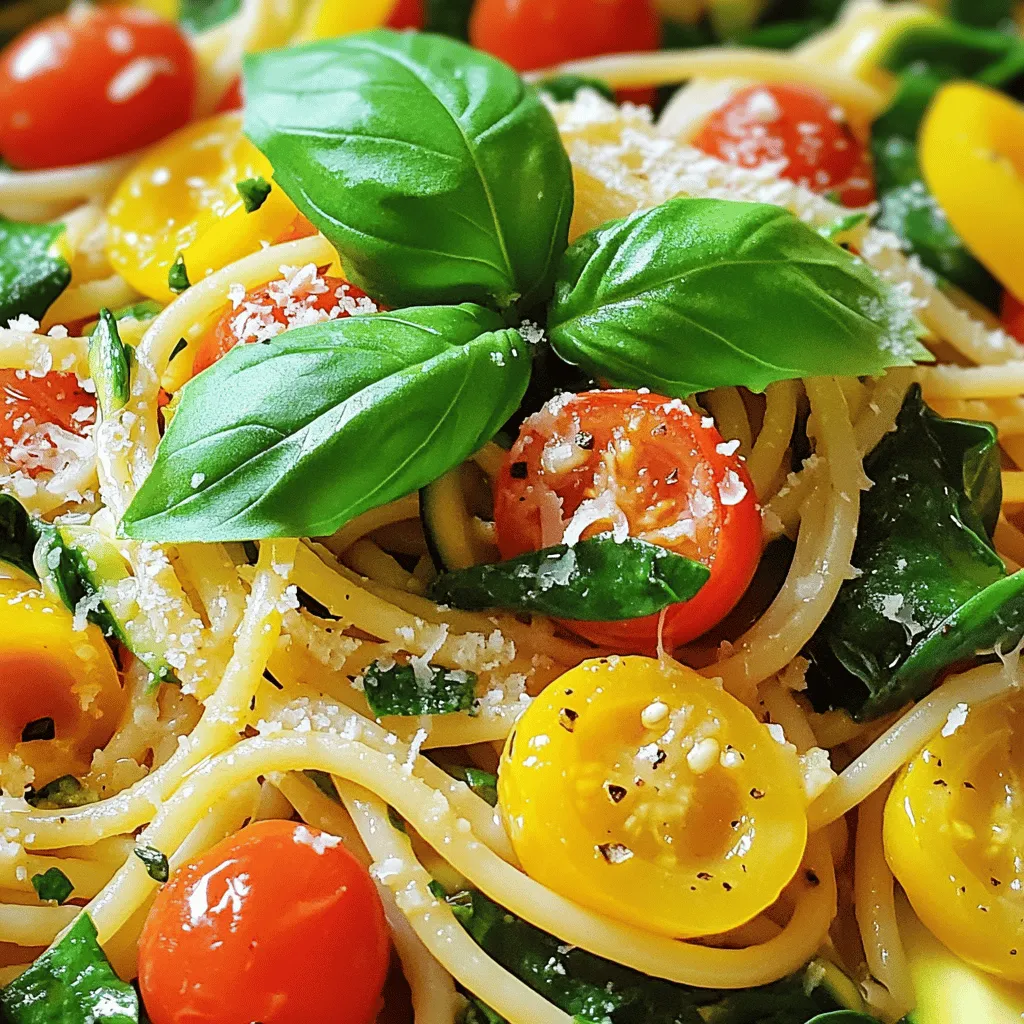 - 1 cup cherry tomatoes, halved - 1 zucchini, sliced into half-moons - 1 yellow bell pepper, diced - 1 cup fresh spinach - Fresh basil leaves for garnish - 12 oz spaghetti or your favorite pasta - 3 tablespoons olive oil - 2 cloves garlic, minced - 1 teaspoon dried basil - 1 teaspoon dried oregano - Salt and pepper to taste - Grated Parmesan cheese for serving The key to this dish is fresh produce. I love using cherry tomatoes for their sweet burst. Slicing zucchini into half-moons gives a nice texture. A yellow bell pepper adds a pop of color and sweetness. Fresh spinach brings a rich green color and nutrients. Don't forget the fresh basil leaves; they finish the dish with a fragrant touch. For the pasta, I usually go for spaghetti, but you can choose any type you enjoy. Olive oil is essential for flavor and helps cook the garlic. Minced garlic adds a lovely aroma. Dried basil and oregano bring depth to the dish with their warm notes. Finally, season with salt and pepper to make all the flavors shine. For a special touch, consider adding grated Parmesan cheese as an optional topping. It melts beautifully and adds a creamy richness. For the complete recipe, check out the [Full Recipe]. - Bring salted water to a boil. - Cook pasta according to package instructions until al dente. Cooking pasta is simple and quick. I always like to add a good pinch of salt to the water. This helps flavor the pasta as it cooks. Follow the package directions, and don't forget to stir it a bit. This keeps the pasta from sticking together. Once it's ready, drain it and set it aside. - Heat olive oil and sauté garlic. - Add zucchini, bell pepper, and cherry tomatoes. In a large skillet, I heat olive oil over medium heat. Once the oil shimmers, I add minced garlic. The smell is amazing! After about 30 seconds, I toss in the sliced zucchini, diced yellow bell pepper, and halved cherry tomatoes. I let them cook for about 5 to 7 minutes. I stir occasionally until the veggies are slightly tender. This brings out their natural sweetness and flavor. - Stir in spinach and cooked pasta. - Add seasoning and toss well. Now comes the fun part! I add fresh spinach to my skillet and then mix in the cooked pasta. The heat wilts the spinach perfectly. Next, I sprinkle in dried basil, oregano, salt, and pepper. I toss everything together until it’s well mixed. This is where the flavors really come together. I always taste it at this point to see if I need to adjust the seasoning. The dish is bright, fresh, and ready to serve! For the full recipe, check it out. Cooking pasta to the right texture is key. You want it al dente, which means firm to the bite. This keeps the pasta from getting mushy. To achieve this, check the pasta two minutes before the package time ends. Taste a piece to see if it’s done. When draining the pasta, save some water. This starchy water can help bind the sauce later. Use a colander to drain the pasta. Rinse it with cold water if you’re not mixing it right away. This stops the cooking process. Fresh herbs pack more flavor than dried ones. They brighten up dishes and make them feel fresh. I love using fresh basil and parsley in summer dishes. Just chop them finely and add them at the end of cooking. If you only have dried herbs, no worries! Use half the amount, as dried herbs are stronger. You can also try adding red pepper flakes for a kick. A sprinkle of lemon zest adds a nice brightness too. Garnishing makes your dish look stunning. Use fresh basil leaves on top. They add color and flavor. You can also sprinkle grated Parmesan for a nice touch. Serve the pasta in a large bowl for a family-style meal. This way, everyone can help themselves. Place a few fresh basil leaves on each plate. It makes the dish pop and looks inviting. {{image_2}} You can use many summer veggies in this dish. Try bell peppers, corn, or eggplant. These add flavor and color. If you have leftovers, toss them in your pasta for extra taste. Leftover grilled veggies work great too. Simply chop and mix them in! If you're gluten-free, choose gluten-free pasta. Many brands offer tasty options that cook well. For a vegan twist, skip cheese and use a plant-based pasta. You can also add more veggies, like mushrooms or kale, for protein. Want to add protein? Grilled chicken or shrimp make great choices. They pair well with the fresh veggies. You can also try different sauces. A light pesto or a lemon-garlic sauce adds a zesty kick. Both options enhance the taste of your Summer Garden Pasta. For the full recipe, check out the Summer Garden Pasta instructions above! To keep your Summer Garden Pasta fresh, store leftovers in the fridge. Use an airtight container. This helps keep moisture out and flavor in. Let the pasta cool for about 30 minutes before sealing it. This prevents condensation that can make the pasta soggy. When you reheat pasta, do it slowly. Use a skillet over low heat. Add a splash of water or olive oil to help it warm up. This keeps your noodles from getting dry or hard. Stir often to heat evenly. You can also use a microwave. Place the pasta in a bowl, cover it with a damp paper towel, and heat in short bursts. Check and stir every 30 seconds. Freezing Summer Garden Pasta is easy. First, let it cool completely. Then, place it in a freezer-safe container. You can also use zip-top bags, squeezing out as much air as you can. Label the bags with the date. To thaw, leave it in the fridge overnight. For quick thawing, you can use the microwave on low. Reheat it in a skillet, adding a bit of water to keep it moist. Enjoy your pasta later with just as much flavor! You can add many garden vegetables to this dish. Here are some great options: - Bell peppers add sweetness. - Zucchini gives a nice crunch. - Spinach brings a fresh taste. - Cherry tomatoes add a juicy burst. - Sweet corn offers a delightful pop. - Peas bring vibrant color and sweetness. These vegetables work well together, creating a tasty blend of flavors. You can store leftovers in the fridge for up to three days. Keep them in an airtight container. Make sure to let the pasta cool before sealing it. This helps keep it fresh. If you want to save it longer, consider freezing it. Yes, you can make this dish ahead of time. Cook the pasta and toss it with the veggies. Store it in the fridge for up to 24 hours. When ready to eat, simply reheat it in a skillet. Add a splash of olive oil to keep it moist. Enjoy your meal without stress! For the full recipe, check out the details above. We explored how to make a delicious Summer Garden Pasta using fresh vegetables and simple ingredients. You learned about essential produce, pasta cooking, and tips for flavor and presentation. I also shared variations, storage tips, and common questions. This dish is easy to make and fun to customize. Whether you include seasonal veggies or different proteins, you can enjoy a fresh meal any time. Now, gather your ingredients and get cooking! Your taste buds will thank you.