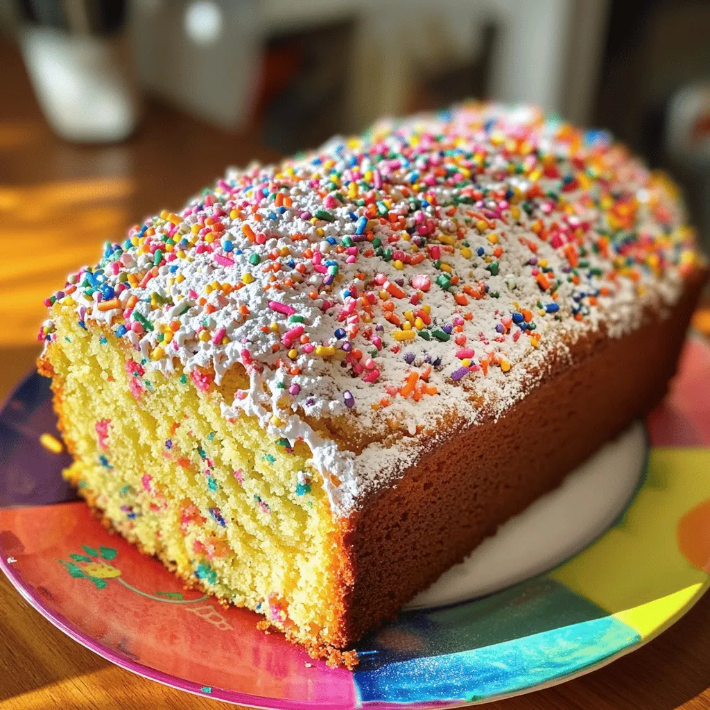 - 1 ½ cups all-purpose flour - 1 teaspoon baking powder - ½ teaspoon baking soda - ¼ teaspoon salt - ½ cup unsalted butter, softened - 1 cup granulated sugar - 2 large eggs - 1 teaspoon vanilla extract - ½ cup buttermilk (or milk with 1 tsp vinegar) - ½ cup rainbow sprinkles - Optional: Powdered sugar for dusting When choosing all-purpose flour, look for one with a fine texture. This helps make a light loaf. Baking powder and baking soda are key for rising. Make sure they are fresh for best results. I love using unsalted butter for better control over salt levels. If you want a richer flavor, choose high-quality vanilla extract. The buttermilk adds moisture and a slight tang. If you don't have buttermilk, using milk with vinegar works well too. Rainbow sprinkles are a must for that fun, colorful touch. They add joy to your cake. Each ingredient plays a vital role in making your Funfetti loaf cake perfect. - Flour gives structure and stability to the cake. - Baking powder and baking soda create air pockets, making the cake light. - Salt enhances flavors and balances sweetness. - Butter adds moisture and richness. - Sugar sweetens and helps with browning. - Eggs act as a binder and add moisture. - Vanilla extract boosts the cake's flavor profile. - Buttermilk keeps the cake soft and tender. - Sprinkles bring a fun element and visual appeal. By understanding these ingredients, you can make adjustments if needed. This knowledge helps in creating a delicious Funfetti loaf cake. For the complete recipe, check out the Full Recipe section! First, gather all your ingredients. You will need: - 1 ½ cups all-purpose flour - 1 teaspoon baking powder - ½ teaspoon baking soda - ¼ teaspoon salt - ½ cup unsalted butter, softened - 1 cup granulated sugar - 2 large eggs - 1 teaspoon vanilla extract - ½ cup buttermilk (or milk with 1 tsp vinegar) - ½ cup rainbow sprinkles - Optional: Powdered sugar for dusting Start by preheating your oven to 350°F (175°C). Grease a 9x5 inch loaf pan and line it with parchment paper. This helps with easy removal later. In a medium bowl, whisk together the flour, baking powder, baking soda, and salt. Set this aside for later. Next, in a large mixing bowl, cream the softened butter and sugar. Use an electric mixer for about 3-4 minutes until it looks light and fluffy. Add the eggs one by one, mixing well after each. Then, mix in the vanilla extract. Now, it’s time to combine the dry and wet ingredients. Gradually add your dry mix and buttermilk to the butter-sugar mixture. Start and end with the dry ingredients. Mix until just combined; avoid over-mixing. Finally, gently fold in the rainbow sprinkles. This adds that fun color we love! Pour the batter into your prepared loaf pan. Smooth the top with a spatula to make it even. Place it in the preheated oven. Bake for 50-60 minutes. To check if it's done, insert a toothpick into the center. If it comes out clean, your cake is ready! Once baked, let the loaf cool in the pan for about 10 minutes. After that, move it to a wire rack to cool completely. For a fun touch, dust the cooled cake with powdered sugar before slicing. This adds charm and makes it look special. Serve slices on colorful plates. You can even sprinkle more rainbow sprinkles on top for a bright finish. Enjoy your sweet, colorful delight! Baking can be tricky. Here are some mistakes to avoid: - Not measuring ingredients: Use a scale or measuring cups for accuracy. - Overmixing the batter: Mix just until combined to keep the loaf light. - Skipping the oven preheat: Always preheat to help the cake rise well. - Using cold eggs: Let eggs sit at room temp for better mixing. - Not lining the pan: Lining with parchment helps with easy removal. A moist loaf cake is key to great texture. Here are tips: - Use buttermilk: It adds moisture and a slight tang. - Cream butter and sugar well: This adds air for a lighter loaf. - Don’t overbake: Check for doneness with a toothpick; it should come out clean but not dry. - Add sprinkles gently: They should fold in easily without overworking the batter. - Let it cool properly: Cooling helps set moisture; do not rush this step. Flavor and looks matter in baking. Try these tips: - Use high-quality vanilla: Pure extracts boost flavor. - Add zest: Lemon or orange zest gives a fresh twist. - Don’t skimp on sprinkles: More sprinkles make it festive and fun. - Dust with powdered sugar: A light dusting adds a sweet finish. - Serve on colorful plates: Bright plates make your cake pop visually. Enjoy baking your Funfetti loaf cake with these tips! For the full recipe, check the recipe section above. {{image_2}} You can mix up the funfetti loaf cake in many ways. For a fruity twist, add mashed banana or crushed pineapple. Both will make the cake moist and full of flavor. If you want a spiced version, try adding cinnamon or nutmeg. These spices add warmth and depth. For a chocolate lover, swap some flour for cocoa powder. This will give you a rich chocolate funfetti loaf. To make this loaf cake a bit healthier, swap some ingredients. Use whole wheat flour instead of all-purpose flour for more fiber. You can also cut the sugar in half without losing much taste. If you want a vegan option, use flaxseed meal instead of eggs. Just mix 1 tablespoon of flaxseed with 3 tablespoons of water. Let it sit for a few minutes to thicken. You can also use applesauce instead of butter for a lower-fat option. Funfetti loaf cake is perfect for any occasion. For birthdays, add themed sprinkles that match the party colors. You could also use pastel sprinkles for Easter. For a Halloween treat, add orange and black sprinkles. Decorate with fun toppings like themed candies or icing. Each theme transforms the cake into a fun, festive treat. Check out the Full Recipe for more ideas! To keep your Funfetti loaf cake fresh, wrap it tightly in plastic wrap. This method keeps the cake moist and soft. You can also place it in an airtight container. Store it at room temperature for easy access. If you want to keep it longer, refrigerate it. However, this might change the texture a bit. Freezing your Funfetti loaf cake is easy. First, let it cool completely. Then, wrap it in plastic wrap and foil. This double layer helps prevent freezer burn. You can freeze it for up to three months. When you're ready to eat, thaw it in the fridge overnight. It tastes just as good! If stored properly, your cake lasts about three days at room temperature. Look for signs of spoilage, like a dry texture or off smell. If you see any mold, it's best to toss it. A fresh slice should be moist and smell sweet. Enjoy your colorful treat while it’s at its best! For the full recipe, check out the ingredients and steps listed above! Yes, you can use regular milk. Just add 1 teaspoon of vinegar to it. Let it sit for 5-10 minutes to create a buttermilk substitute. This makes your cake tender and fluffy. Check the loaf by inserting a toothpick into the center. If it comes out clean, your cake is ready. It should also feel firm to the touch. The edges may pull away slightly from the pan, indicating it's baked through. You can use chocolate chips, nuts, or dried fruit. For a fun twist, try crushed candy or edible glitter. Each alternative will change the flavor and look of your cake, making it unique. This blog post covers everything about baking a great loaf cake. You learned about key ingredients and why they matter. I shared step-by-step instructions to help you bake with ease. We discussed tips to avoid common mistakes and how to keep your cake moist. I also offered fun variations to try and how to store your cake properly. You now have the tools to bake confidently and enjoy delicious results. Happy baking!