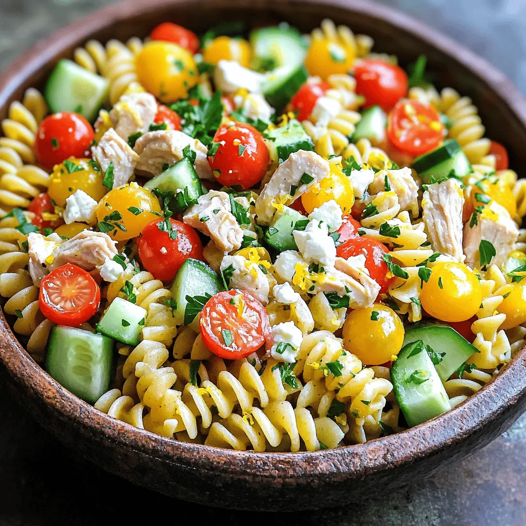- 2 cups cooked pasta (rotini or penne) - 1 cup cooked chicken breast, diced - 1 cup cherry tomatoes, halved - 1 cup cucumber, diced - ½ cup red bell pepper, diced - ½ cup red onion, finely chopped - ½ cup black olives, sliced - ¼ cup feta cheese, crumbled - 3 tablespoons fresh parsley, chopped - 3 tablespoons olive oil - 2 tablespoons lemon juice - 1 tablespoon Dijon mustard - 1 teaspoon garlic powder - Salt and pepper to taste - Other vegetables - Different types of cheese - Alternative proteins You can mix and match the main ingredients to fit your taste. I love adding extra veggies like spinach or carrots. You can also swap out the feta for a creamy cheese. If you want to change proteins, try grilled shrimp or chickpeas for a twist. For the dressing, I often play with flavors. A hint of honey can add sweetness. You can use vinegar for a tangy kick too. This flexibility makes the recipe fun and unique! Check out the Full Recipe for exact measurements and directions. Enjoy your cooking adventure! 1. In a large mixing bowl, combine 2 cups of cooked pasta and 1 cup of diced chicken. 2. Next, add 1 cup of halved cherry tomatoes, 1 cup of diced cucumber, ½ cup of diced red bell pepper, ½ cup of finely chopped red onion, ½ cup of sliced black olives, and ¼ cup of crumbled feta cheese. 3. To make the dressing, whisk together 3 tablespoons of olive oil, 2 tablespoons of lemon juice, 1 tablespoon of Dijon mustard, 1 teaspoon of garlic powder, and salt and pepper to taste. 1. Pour the dressing over the salad. 2. Toss gently to combine all the ingredients well. 3. Finally, sprinkle 3 tablespoons of chopped parsley on top for garnish. 1. Refrigerate the salad for at least 30 minutes. This step enhances the flavors. 2. Serve the salad chilled for the best taste. Feel free to check the [Full Recipe] for more details! You can swap out pasta for gluten-free options like quinoa or rice noodles. This makes it friendly for those with gluten issues. If you want a different protein, use turkey or even tofu for a plant-based choice. Both will keep the salad tasty and filling. This chicken pasta salad pairs well with crusty bread or soft rolls. It makes a great side dish for any meal. It's also perfect for potlucks and picnics. Just pack it in a cooler, and it’s ready to shine at your gathering. To make the salad pop, add fresh herbs like basil or dill. A sprinkle of red pepper flakes can also add a nice kick. When it comes to dressings, consider using homemade for a fresh taste. Store-bought can work too, but homemade often beats it in flavor. For the best results, mix up your own dressing using olive oil, lemon juice, and Dijon mustard from the [Full Recipe]. {{image_2}} You can change the flavor of your chicken pasta salad with different dressings. Creamy dressings add a rich taste. You can use ranch or Caesar dressing for a smooth texture. They make the salad feel hearty and fulfilling. Vinegar-based dressings are lighter and zestier. A basic vinaigrette gives a fresh kick. Mix olive oil, vinegar, and your favorite herbs for a simple twist. This option works well for a summer meal. Seasonal ingredients can make your salad shine. In summer, add fresh vegetables like zucchini or bell peppers. These bright colors and flavors enhance the dish. You can even toss in some corn for sweetness. In fall, think about roasted sweet potatoes. They add warmth and a hint of sweetness. You can also use squash, which pairs well with the chicken. Seasonal changes keep your salad exciting. You can also take your chicken pasta salad on a world tour. A Mediterranean twist adds olives and artichokes. These ingredients bring a taste of the sun to your plate. You can sprinkle in some oregano for a fragrant touch. For Asian-inspired flavors, try sesame oil. It gives your salad a nutty taste. Add some sliced green onions and peanuts for crunch. This variation is fun and different from the classic recipe. For the complete recipe, check out the [Full Recipe]. How long will it last in the fridge? Chicken pasta salad will stay fresh for up to three days in the fridge. Just make sure to store it in an airtight container. What are the best practices for storing leftovers? Always let the salad cool down to room temperature before putting it in the fridge. Keep the dressing separate if you want to maintain the crispness of the veggies. Can it be frozen? You can freeze chicken pasta salad, but I don’t recommend it. Freezing can change the texture of the vegetables and pasta. How to properly freeze and thaw? If you decide to freeze it, use a freezer-safe bag. Lay it flat to save space. To thaw, move it to the fridge overnight. What are the best containers for storage? Use glass or plastic containers with tight lids. These keep the salad fresh and prevent spills. How to keep salad fresh? Add a paper towel inside the lid to absorb moisture. This helps keep the salad crisp and tasty. To make chicken pasta salad ahead, follow these tips: - Cook the pasta and chicken the day before. Cool them completely. - Cut the vegetables and store them in the fridge, covered. - Mix the dressing and keep it separate until serving. This keeps the salad fresh. - Combine everything just before serving. This step keeps the pasta and veggies crisp. Yes, you can use many pasta shapes! Here are some options: - Bowtie pasta adds a fun look. - Fusilli gives a nice twist and holds dressing well. - Gluten-free pasta works great if you need it. Feel free to choose any shape that you like. The taste will still shine! This chicken pasta salad can be healthy. Here’s a quick look: - Each serving has about 300 calories, depending on ingredients. - You can reduce calories by using less oil or cheese. - Add more veggies for extra fiber and vitamins. Use whole grain pasta for more nutrients. You can create a healthy meal without losing flavor! In this blog post, I shared the key ingredients for a delicious chicken pasta salad. We covered how to mix the salad and serve it chilled. I also provided tips on ingredient substitutions, serving ideas, and variations to keep things fresh. Remember, you can customize this dish to your liking. Enjoying your meal can be easy and fun. Try different vegetables or dressings to make it yours. Happy cooking!