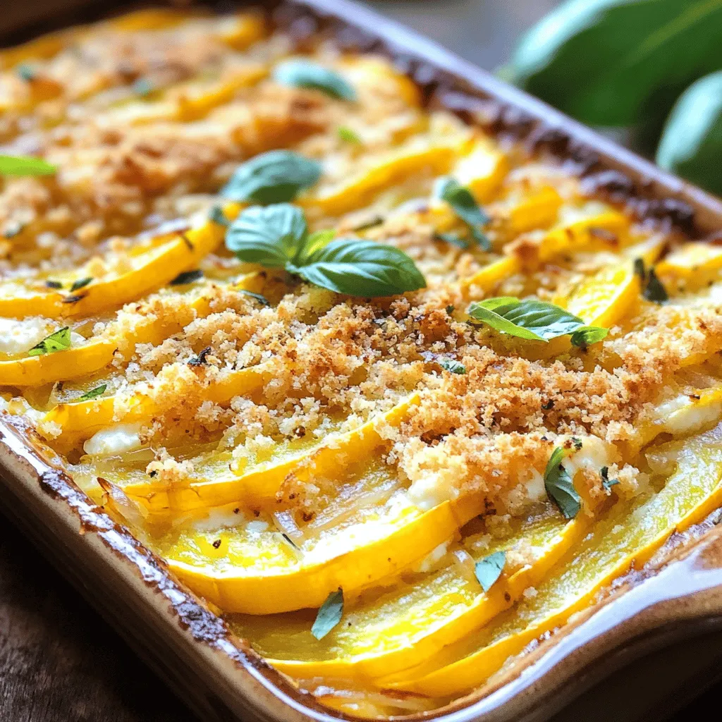 - 4 medium summer squash, sliced - 1 large onion, diced - 2 cloves garlic, minced - 1 cup grated cheddar cheese - 1 cup ricotta cheese - 1 cup breadcrumbs - 2 tablespoons olive oil - 1 teaspoon dried oregano - ½ teaspoon salt - ¼ teaspoon black pepper - 2 large eggs, beaten The star of this dish is summer squash. This squash has a mild taste. It pairs well with many flavors. I slice the squash thinly for even cooking. The onion and garlic add great flavor. Dicing the onion brings out its sweetness. Minced garlic gives a nice kick to the dish. Cheddar and ricotta cheeses make the casserole creamy and rich. I use cheddar for its sharpness. Ricotta adds a light texture. The eggs bind everything together. They help the casserole hold its shape when cut. Seasonings like oregano, salt, and pepper enhance the taste without overpowering it. The salt brings out flavors. Black pepper adds a bit of heat. Dried oregano gives an earthy note that works well with the squash. - Fresh basil - Additional vegetables - Different types of cheese You can customize this casserole with fun add-ins. Fresh basil adds a pop of color and flavor. It also gives a fresh taste that brightens the dish. You might try adding other veggies, too. Bell peppers or zucchini can add more color and texture. If you love cheese, mix in different kinds. Mozzarella will make it extra gooey. Parmesan can add a salty crunch to the top. These options can create a unique twist to the classic recipe. Check out the Full Recipe for more details! Start by slicing the summer squash into thin rounds. Use a sharp knife for even pieces. This helps the squash cook quickly and evenly. Next, dice the onion. Aim for small, even pieces so they cook well. After that, mince the garlic. You want it fine to blend into the dish. In a large skillet, heat two tablespoons of olive oil over medium heat. Add the diced onion. Sauté it for about five minutes until it turns translucent. Then, add the minced garlic. Cook for one more minute until it’s fragrant. Next, add the sliced summer squash to the skillet. Cook this mixture for 7 to 10 minutes. Stir until the squash is tender and slightly golden. In a large mixing bowl, combine the sautéed squash mixture with the beaten eggs, ricotta cheese, half of the cheddar cheese, dried oregano, salt, and black pepper. Mix everything well until it is fully combined. Transfer this mixture into a greased 9x13 inch baking dish. Spread it evenly. Sprinkle the remaining cheddar cheese on top. Finally, add breadcrumbs for a crispy finish. Now, you’re ready to bake! Place the dish in the oven at 375°F (190°C). Bake for 25 to 30 minutes, until the casserole is bubbly and the top is golden brown. You can find the full recipe above for easy reference. To make your summer squash casserole shine, focus on cooking techniques. First, sauté onions and garlic well. Heat your skillet over medium heat. Add olive oil, then onions. Stir until onions become soft and clear, about five minutes. Next, add garlic and sliced summer squash. Cook for seven to ten minutes. You want the squash to be tender and slightly golden. For the cheese melt, layer your grated cheddar on top. This step helps ensure even melting. Bake at 375°F for 25-30 minutes. The cheese should bubble and turn golden. This gives your casserole a rich flavor and appealing look. For tender squash, slice it evenly. Thin slices help the squash cook at the same rate. Avoid thick pieces, or they may not soften well. If you want extra moisture, consider salting the squash before cooking. Let it sit for a few minutes, then drain the excess water. For the topping, breadcrumbs are vital for crunch. I recommend using panko breadcrumbs. They create a light and crispy texture that contrasts well with the creamy filling. Mix them with a little melted butter for added flavor. This will elevate your casserole to a whole new level. For the Full Recipe, check the earlier sections to create this delightful dish. {{image_2}} You can make this casserole even better by adding other seasonal vegetables. Try bell peppers, zucchini, or mushrooms. These veggies add color and flavor. They also increase the nutrition of your dish. Cut them into small pieces and mix them in when you sauté the onions and garlic. If you want a dairy-free option, consider using plant-based cheese. There are many great brands available now. Look for ones that melt well to keep the casserole creamy. You can swap out the cheddar and ricotta with these alternatives. This way, everyone can enjoy the meal. Spicing up the casserole can really elevate the taste. Adding spices like paprika or red pepper flakes gives it a nice kick. You can sprinkle these in while you cook the onions. This step makes the flavors pop and keeps things interesting. Experiment with different cheese combinations, too. Mixing in mozzarella or goat cheese can create unique flavors. Just remember to keep some cheddar for that classic taste. The mix of cheeses adds depth to each bite, making it more enjoyable. For the complete recipe, check out the Full Recipe. After you enjoy your summer squash casserole, store leftovers in the fridge. Place it in an airtight container. This will keep it fresh for up to three days. When you want to reheat, do so in the oven. Preheat the oven to 350°F (175°C). Cover the casserole with foil to keep it moist. Heat for about 20 minutes, or until it is hot all the way through. You can also use the microwave. Heat in short bursts of one minute, checking often to avoid overcooking. If you want to keep your casserole longer, freezing is a great option. To freeze, let the casserole cool completely. Then, wrap it tightly in plastic wrap and aluminum foil. This helps prevent freezer burn. You can store it in the freezer for up to three months. When you're ready to eat, move it to the fridge for a day to thaw. After thawing, reheat in the oven at 350°F (175°C) for about 30-40 minutes. Make sure it is heated through before serving. Enjoy that creamy, cheesy goodness! For the full recipe, check out the details above. Can I use frozen summer squash? Yes, you can use frozen summer squash. Just make sure to thaw and drain it well. This prevents excess water in the casserole. Fresh squash offers a better texture, but frozen works in a pinch. What to serve with summer squash casserole? You can serve this casserole with a fresh salad or some grilled chicken. It pairs well with crusty bread too. Each option adds balance to your meal. How long does summer squash casserole last in the fridge? This casserole lasts about 3 to 5 days in the fridge. Store it in an airtight container for best results. Reheat individual portions in the microwave or oven. Can I make this ahead of time? Yes, you can prepare the casserole a day ahead. Just assemble it, cover, and refrigerate. Bake it right before serving for a fresh taste. Suitable substitutes for ingredients in the recipe? You can swap ricotta cheese for cottage cheese for a lighter option. If you want a dairy-free version, use plant-based cheese. Zucchini can replace summer squash for a different flavor. Breakdown of calories and macros Each serving of summer squash casserole has about 250 calories. It contains 12 grams of protein and 10 grams of fat. Carbohydrates come in at about 30 grams, mostly from the breadcrumbs. Health benefits of summer squash and other ingredients Summer squash is low in calories and high in vitamins. It provides vitamin C and potassium. The cheeses add calcium and protein, making this dish both tasty and nutritious. This blog post covered how to make a delicious summer squash casserole. You learned about the main ingredients, like summer squash, onion, and cheese. I shared step-by-step instructions and useful tips for cooking and serving. In the end, enjoy this dish's flavor and versatility. Feel free to try different veggies and spices. This casserole is great for summer meals or family gatherings. Your cooking can shine with this recipe!