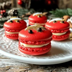 - 1 cup almond flour - 1 3/4 cup powdered sugar - 3 large egg whites (aged for 24 hours) - 1/4 cup granulated sugar - 1/2 teaspoon cream of tartar - Red gel food coloring - 1/2 cup unsalted butter, softened - 1 teaspoon vanilla extract - 1/2 cup cream cheese - Mini chocolate chips (for decoration) - Edible gold glitter (optional, for sparkle) These ingredients create the perfect blend for Santa Claus macarons. Almond flour gives them a light texture. Powdered sugar adds sweetness, while aged egg whites help form a stable meringue. Granulated sugar helps with the meringue's glossy look. Cream of tartar keeps the meringue strong, and red gel food coloring makes them festive. The filling is equally important. Unsalted butter and cream cheese create a rich taste. Vanilla extract adds flavor, and mini chocolate chips give a fun touch. Edible gold glitter makes them shine, perfect for the holiday season. - Additional red frosting for decoration You can use extra red frosting to add fun details. It enhances Santa's hat and makes your macarons even cuter. This decoration adds more color and flavor to your festive treat. - Preheat your oven to 300°F (150°C). Line two baking sheets with parchment paper. - In a food processor, pulse together 1 cup of almond flour and 1 3/4 cup of powdered sugar until combined. Sift this mixture into a bowl to remove lumps. This step ensures smooth shells. - In a clean, dry bowl, whip 3 large egg whites with an electric mixer at medium speed until foamy. - Add 1/2 teaspoon of cream of tartar and continue whipping until soft peaks form. Gradually add 1/4 cup of granulated sugar, beating until stiff peaks form and the meringue is glossy. - Add a few drops of red gel food coloring and gently fold it in until you achieve your desired shade of red. This gives your macarons their festive look. - Transfer the macaron batter into a piping bag fitted with a round tip. Pipe small circles (about 1.5 inches in diameter) onto the prepared baking sheets, leaving some space between each shell. - Tap the baking sheets gently on the countertop to release any air bubbles. Allow the macarons to sit at room temperature for 30-60 minutes, or until a skin forms on the surface and they are not sticky to the touch. - Bake in the preheated oven for 15-18 minutes, until they have risen and the tops are firm. Let them cool completely on the baking sheets before you fill them. - Overmixing the batter: This can lead to flat macarons. Mix just until combined. - Underbaking the macarons: They need to bake long enough to set. Check for firmness. - Testing egg whites for freshness: Use fresh egg whites for the best results. Aged egg whites whip better. - Understanding proper resting time before baking: Let the piped batter rest until a skin forms. This helps create the signature macaron foot. - Creating Santa's face features: Use mini chocolate chips for eyes and pipe frosting for his hat. - Using edible glitter and chocolate chips: Add sparkle with glitter to make your Santa shine. Chocolate chips make great accents. {{image_2}} Macarons are great for adding fun flavors. You can switch up the filling to match your taste. Try using: - Chocolate ganache - Peppermint cream - Lemon curd Each filling brings a new twist. You can also play with food coloring. Instead of red, try green for a festive vibe. Blue works well for a winter theme. Mix and match colors to make your treats unique. Get creative with how you decorate your macarons. Besides Santa, you can make snowmen or reindeer. Use white frosting for snowmen’s hats and chocolate chips for eyes. If you have leftover macaron shells, don’t waste them! Use them to create a trifle. Layer broken shells with whipped cream and fruit for a tasty dessert. You can even crumble them over ice cream for a delightful crunch. Explore these fun variations and let your creativity shine! For the full recipe, check out the Santa Claus Macarons recipe above. To keep your Santa Claus macarons fresh, store them in an airtight container. Place parchment paper between layers to avoid sticking. This method preserves their soft texture and yummy taste. Keep them in the fridge for up to 5 days. If you want them to last longer, consider freezing. You can freeze both shells and filled macarons. For shells, place them in a single layer in a freezer bag. Squeeze out the air before sealing. For filled macarons, freeze them in a single layer for about an hour. Then, move them to a freezer-safe container. They can stay frozen for up to 3 months. To thaw, take them out and leave them in the fridge overnight. This helps them stay soft. For serving, let them sit at room temperature for about 15 minutes. This way, they taste fresh and delicious! Cracked tops on macarons can be frustrating. Common reasons include: - Overmixing the batter: This can lead to too much air, causing cracks. - Oven temperature: If it's too hot, the macarons rise too fast, cracking the tops. - Humidity: High humidity can prevent a proper skin from forming. To avoid cracks, mix the batter gently until it flows like molten lava. Make sure to let the shells rest before baking. The tops should feel dry to the touch. Yes, you can use egg whites from a carton. However, keep in mind: - Freshness: Carton egg whites may not whip up as well as fresh ones. - Aging: For best results, age the egg whites for 24 hours in the fridge. This helps to stabilize the meringue and improves texture. Homemade macarons can last up to five days when stored properly. To keep them fresh: - Refrigerate: Place them in an airtight container in the fridge. - Freezing: You can freeze them for up to three months. Just make sure to wrap them well. Thaw them in the fridge before serving to enjoy their full flavor. Making Santa Claus macarons is fun and easy. You learned what ingredients you need, both required and optional, to create these festive treats. I shared step-by-step instructions to help you make perfect macaron shells. You also discovered tips to avoid mistakes and ensure a great texture. Remember, practice makes perfect. With each batch, you will improve and get creative. Try variations and themes that fit your style. Enjoy sharing these delicious cookies during the holidays!